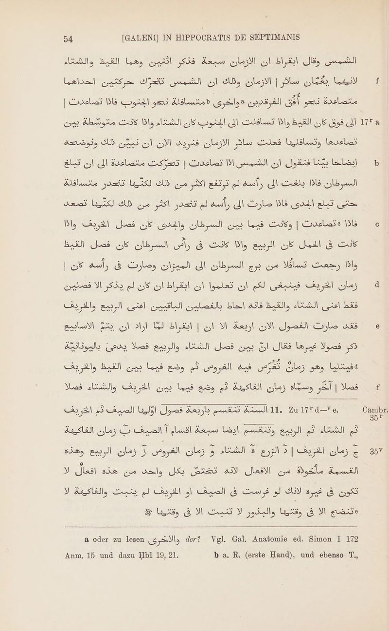 f N, الشمس وقال ابقراط ان الازمان سبعة فذكر اثنين وهما القيظ EN LEES 3 ^ / e 2 & 1 € » | نحو الحنوب فاذا تصاعدث Au eb الفرقددين وا خرى sl متنصاعدة نحو تصاعدها وتسافلييا فعلت Slo الازمان فنريد NN ذلك ونوضحه lalärl تتا Jos اا Coss Dl gun | وموك Rosae الم ار تالخ السرطان فاذا بلغت الى رأسه لم ترتفع اكثر من WISE تتحدر متسافلة als (a الجدئ DU صارت الى aul; لم تتحدر اكثر من SL AB تصعد فاذا »تصاعدتث | وكانث فيما بين السرطان والحدى كان فصل الخريف lo لان لدان mal oe واف ool, توكلاو 6 ad الشف ap ce Mila ae, Dis السسرطاع E الميدان ,وضاوت & o6 Anl, | E ال le ae كان لم يدك Ges فقط اعنى LEN والقيظ فانه حاط بالفصلين الباقبين اعنى au والخريف فقد صارت الفصول الان اربعة الا ان | ابقراط لما اراد ان يتم الاسابيع كر افضولا غيزها'فقال انّ بين has الشتاء 9A) Was gars باليونانية دفيتليا وهو زمانٌ تفرص فيه الغروص ثم وضع فيما بين القيظ والخريف فصلا | eg „Il زمان الفاكية ثم وضع فيما بين الخريف والشتاء فصلا bs ah ds cios UNSER FIRE ان تسد NN FOREN) cole CO Aral T lust Au ail ki, mai SL Q3 Lis iss رسال الخروسن ,رحا i» xcu er (On cce اند RU ME ee لاس سس NEU eI كم الست وات ل Hola es St. ا ل ا Uus à M geadie a oder zu lesen Gy der? Vgl. Gal Anatomie ed. Simon I 172 Anm, 15 und dazu Hbl 19, 21. b a. R. (erste Hand), und ebenso T.,