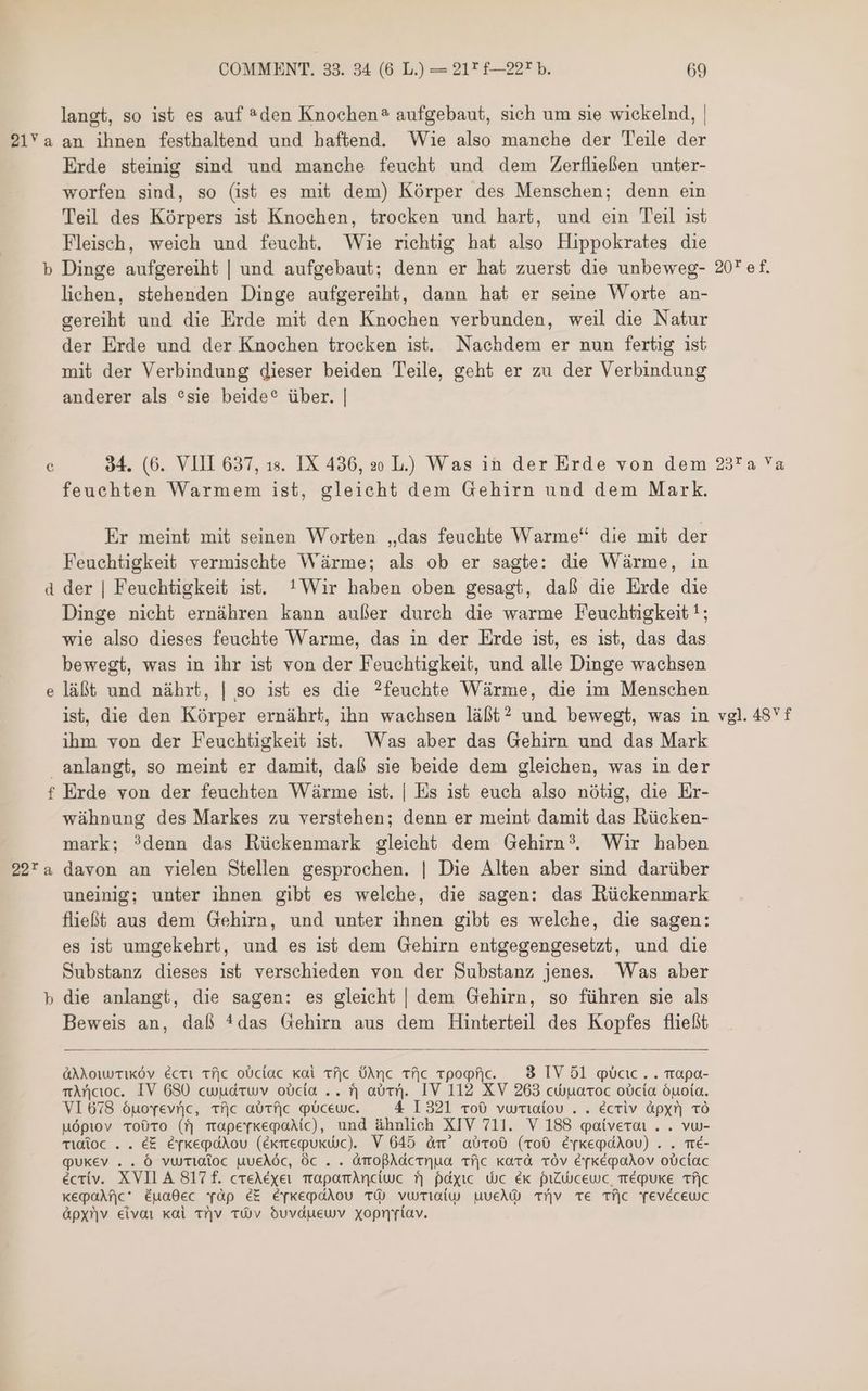 langt, so ist es auf *den Knochen? aufgebaut, sich um sie wickelnd, | 21 a an ihnen festhaltend und haftend. Wie also manche der Teile der Erde steinig sind und manche feucht und dem Zerfließen unter- worfen sind, so (ist es mit dem) Kórper des Menschen; denn ein Teil des Körpers ist Knochen, trocken und hart, und ein Teil ist Fleisch, weich und feucht. Wie richtig hat also Hippokrates die b Dinge aufgereiht | und aufgebaut; denn er hat zuerst die unbeweg- 207 ef. lichen, stehenden Dinge aufgereiht, dann hat er seine Worte an- gereiht und die Erde mit den Knochen verbunden, weil die Natur der Erde und der Knochen trocken ist. Nachdem er nun fertig ist mit der Verbindung dieser beiden Teile, geht er zu der Verbindung anderer als °sie beide® über. | 3 34. (6. VIII 637, 1s. IX 436, وه L.) Was in der Erde von dem 237a Ya feuchten Warmem ist, gleicht dem Gehirn und dem Mark. Er meint mit seinen Worten „das feuchte Warme‘ die mit der Feuchtigkeit vermischte Wärme; als ob er sagte: die Wärme, in d der | Feuchtigkeit ist. ! Wir haben oben gesagt, daß die Erde die Dinge nicht ernähren kann außer durch die warme Feuchtigkeit !; wie also dieses feuchte Warme, das in der Erde ist, es ist, das das bewegt, was in ihr 155 von der Feuchtigkeit, und alle Dinge wachsen e läßt und nährt, | so ist es die ?feuchte Wärme, die im Menschen ist, die den Körper ernährt, ihn wachsen läßt? und bewegt, was in vgl.48Vf ihm von der Feuchtigkeit ıst. Was aber das Gehirn und das Mark anlangt, so meint er damit, daß sie beide dem gleichen, was in der f Erde von der feuchten Wärme ist. | Es ist euch also nötig, die Er- wühnung des Markes zu verstehen; denn er meint damit das Kücken- mark; ?denn das Rückenmark gleicht dem Gehirn?. Wir haben 222 davon an vielen Stellen gesprochen. | Die Alten aber sind darüber uneinig; unter ihnen gibt es welche, die sagen: das Rückenmark fließt aus dem Gehirn, und unter ihnen gibt es welche, die sagen: es ist umgekehrt, und es ist dem Gehirn entgegengesetzt, und die Substanz dieses ist verschieden von der Substanz jenes. Was aber die anlangt, die sagen: es gleicht | dem Gehirn, so führen sie als Beweis an, daß *das Gehirn aus dem Hinterteil des Kopfes fließt E - aAkoıwrıkov Ecri ع لمع oUcíac kai Tfjc ÜÀnc عع Tpopfc. 3 IV 51 gcc... ropa- nAncıoc. IV 680 cwudrwv oücía .. f| au. IV 112 XV 263 cWuartoc 0110 óuoía. VI 678 öuoyevnc, rc abTf|c qüceuc. 4 1321 700 vwrıciov . . écriv APXN TO uópiov To0To (N mapeykepakic), und ähnlich XIV 711. V 188 gaiverar . . vw- rialoc . . EE é[kegpdAÀou (extepukwWc). V 645 Am’ abtod (TOD Eykepdkou) . . mé- qukev . . 6 vwrialoc uueAóc, óc . . 0708706110 75 kavà TÓv €éyképoaAov oüUcíac ecriv. XVII A 817 f. creAéxev TapamAnciuc fj paxıc doc EX PILWCEWC, TEDUKE Tf|c kepaAfic* éua0ec Yap 65 Éé[kepdAou TW vwriaiw MUEAW Tv TE Tf|c Yevéceuc &px?|v eivai xai لتر Tv duvduewv xopnríav.
