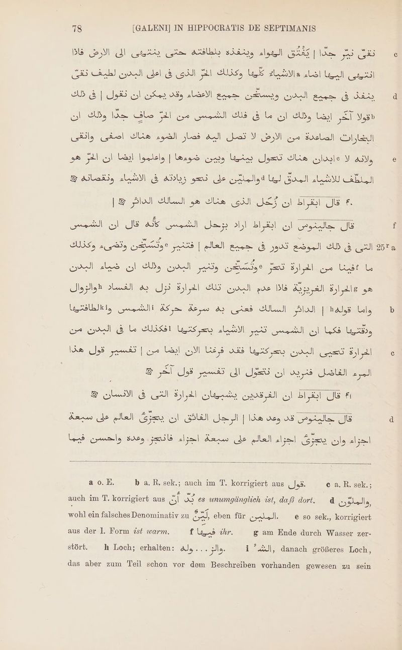 [09] f 78 [GALENI] IN HIPPOCRATIS DE SEPTIMANIS BE DM E ei a Aula sig als BT | عت‎ ZU Cu C3 al) al del à N UT, م يسوي‎ Lei ad (uesxl جميع البدن ويسكن جميع الاعضاء وقد يمكن ان نقول | فى ذلك‎ di ان‎ Abs lan lo Al ايضا ولك ان ما فى فلك الشمس من‎ „ST «قولا‎ البخارات الصاعدة من الارض لا تصل اليه فصار الضوء هناك اصفى وانقى‎ هو‎ za وبين ضوءها | واعلموا ايضا ان‎ Urin Js ولانه لا »ابدان هناك‎ Sa, سا الى ساك و ليس دل نصحو ويادنم فى الامساى‎ en oed | &amp; الذى هناك هو السالك الدائر‎ IS قال ابقراط ان‎ F. فال جالينوس ان ابقراط اراد بورحلل الشمس كنه قال ان الشمس ما :قينا uud. ge le qus‏ البدن وذلك ان ضياء Sa‏ هو #الحرارة Dl Dal‏ عدم البدن تلك الحرارة نزل به الفساد «والزوال واما قولهط | الدائر السالك فعنى به سرعة حركة االشمسى وأ الطافتيها ir‏ فكما ان الشمس تثير EN‏ بحركتيبا افكذلك ما فى البدن من cues 8)‏ البدن MBA mo‏ فقد فرغنا الان ايضا من | تفسير قول هذا كم عاضر Qj zu E LESS uu oap‏ لخر 9 9 التى فى الانسان‎ ae قال ابقراط ان الفرقدين يشبدان‎ Fi Aa العالم ع‎ Fon ol BE Las JE | IX oes A3 جالينوض‎ Je اجزاء وان 5555( اجواء العالم على سبعة iP‏ فاتكر. qs sos.‏ فيما ao.E. b a. R. sek.; auch im T. korrigiert aus .قول‎ © a. R. sek.; auch im T. korrigiert aus ان‎ 5s es unumgänglich 4st, daß dort. d C | 9, wohl ein falsches Denominativ zu a eben für .الملمن‎ ^ e so sek., korrigiert aus der 1. Form 2st warm. fus ihr. g am Ende durch Wasser zer- stört. h Loch; erhalten: .والز ...وله‎ i ^.XJl, danach größeres Loch, das aber zum Teil schon vor dem Beschreiben vorhanden gewesen zu sein