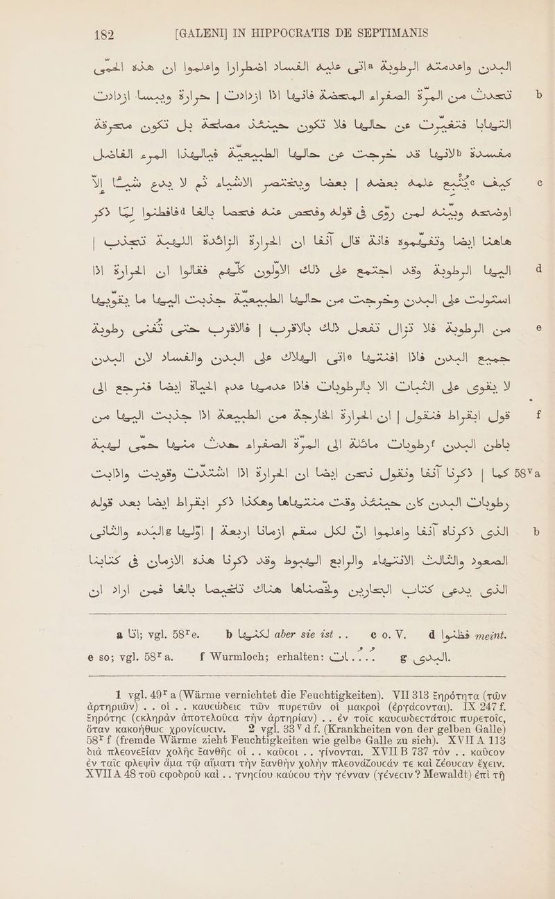 58Ya البدن واعدمته الرطوبة *اتى عليه الفساد اضطرارا واعلموا ان هذة الحمى تحدث من er‏ الصفراء المحضة فانيبا اذا ازدادت | حرارة وبيسا. Cobol‏ Lei‏ فتغيرت عن Ulla‏ فلا تكون حينخذ Ambas‏ بل تكون Ài mes‏ Ernie‏ «لانييا قد خرجت عن Ulla‏ الطبيعية فياليهذا المرء JE‏ كيف Lt‏ علمه بعضه | بعضا y UA gos V e RES g7249M3‏ Asus‏ وبينه لمن روّى فى قوله Las As amd.‏ بالغا 3فافطنوا لما ذكر هاهنا ايضا وتفيموةه فانة قال UP‏ ان الحرارة الواكدة Au‏ تجذب | البينا الرطوية وقد الجتمع على ذلك الاولون كليهم ‏ فقالوا ان الحرارة اذا استولت على البدن وخرجت من Us‏ الطبيعية جذبت ul‏ ما يقوييها eo yo SUD ee‏ | ددري ceo‏ نعي وطوية EM] UL Uri! po gell RM‏ على المدن AL ils‏ لان المدن Du en‏ بالرطويات Uneos Du‏ عدم الحيا T am, Làs|‏ قول ابقراط فنقول | ان الحرارة الخارجة من الطبيعة اذا جذبت u‏ من ad bu‏ رطراتت ماده إلى المرة السعدراء El em Uri Se‏ Gs‏ | اذكرنا Dad sd Jo, UG]‏ ان الخرارة' BI‏ اشتدت gig‏ واذادك رطوبات البدن كان Saum‏ وقت laute‏ وهكذا ذكر ابقراط ايضا يعد قوله الذى .35,55 ST‏ واعلموا SE‏ لكل سقم ازمانا اربعة | اليا socle‏ والثانى الذى يدعى كتاب الحارين ولصناها هناك تاخيصا بالغا فمن اراد ان a Gl; vgl. 52, b LAS aber sie ist... e o. V. d 14A 3 meint. e so; vgl. 587 a. f Wurmloch; erhalten: (Il 356 8. 52-4. ÄprnpıWwv) . . 01 . . KaucWdeıc TWV TTUPETWV oi uokpoi (Eepyacovran). IX 247 f. £npótnc (ckAnpàv Atorekoüca Trjv àprnpíav) .. Ev TOIC KAUCWÖECTIÄTOIC TTUPETOIC, öTav kaxorjQuc xpovícuctv. 2 vgl. 33 d f. (Krankheiten von der gelben Galle) 58+ f (fremde Wärme zieht Feuchtigkeiten wie gelbe Galle zu sich). XVII A 113 dia mAeovekiav xoM|c EavOf]c oi . . kaücoır .. vívovrai. XVII B 737 بدؤع‎ . . Kadcov Ev toic QAeyiv óua TW aiuami NV EavOr|v xoMr|v vÀAeováZoucáv TE Kal Zéoucav xev. X VIL A 48 Tod cqoópo0 Kal... Yvnciov kalcou trjv yévvav (vévecw ? Mewaldt) emi 8ع‎