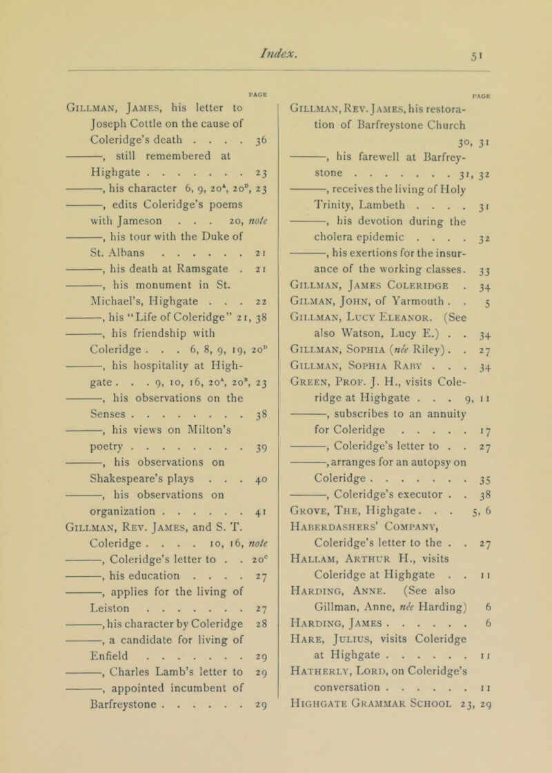 5« PACK Gillman, James, his letter to Joseph Cottle on the cause of Coleridge’s death .... 36 , still remembered at Highgate 23 , his character 6, 9, 2o^ 20“, 23 , edits Coleridge’s poems with Jameson ... 20, note , his tour with the Duke of St. Albans 21 , his death at Ramsgate . 21 , his monument in St. Michael’s, Highgate ... 22 , his “Life of Coleridge” 21, 38 , his friendship with Coleridge . . . 6, 8, 9, 19, 20“ , his hospitality at High- gate ... 9, 10, 16, 2o\ 20®, 23 , his observations on the Senses 38 —, his views on Milton’s poetry 39 —, his observations on Shakespeare’s plays ... 40 , his observations on organization 41 Gillman, Rev. James, and S. T. Coleridge . . . . 10, 16, note , Coleridge’s letter to . . 20' , his education .... 27 , applies for the living of Leiston 27 , his character by Coleridge 28 , a candidate for living of Enfield 29 , Charles Lamb’s letter to 29 , appointed incumbent of Barfreystone 29 PAGE Gillman, Rev. James, his restora- tion of Barfreystone Church 30. 3* , his farewell at Barfrey- stone 31, 32 , receives the living of Holy Trinity, Lambeth .... 31 , his devotion during the cholera epidemic .... 32 , his exertions for the insur- ance of the working classes. 33 Gillman, James Coleridge . 34 Gilman, John, of Yarmouth . . 5 Gillman, Lucy Eleanor. (See also Watson, Lucy E.) . . 34 Gillman, Sophia {nk Riley). . 27 Gillman, Sophia Rary ... 34 Green, Prof. J. H., visits Cole- ridge at Highgate . . . 9,11 , subscribes to an annuity for Coleridge 17 , Coleridge’s letter to . . 27 , arranges for an autopsy on Coleridge 35 , Coleridge’s executor . . 38 Grove, The, Highgate. . . 5, 6 Haberdashers’ Company, Coleridge’s letter to the . . 27 Hallam, Arthur H., visits Coleridge at Highgate . . ii Harding, Anne. (See also Gillman, Anne, nk Harding) 6 Harding, James 6 PIare, Julius, visits Coleridge at Highgate ii Hatherly, Lord, on Coleridge’s conversation 11 Highgate Grammar School 23, 29