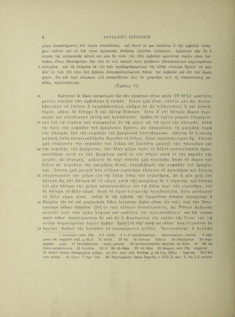 Xelpa biaKOTexovTCC dm ttocov dmcmlivTai. koi boKei |uoi toioOtoc 6 rf^c djupoXfic uirdp- Xeiv rpoTTOC koi ou bid tivoc opYaviKfic dvctTKric eipncGai yiv6|U€voc. d|Lid)uvr]To ydp dv 6 larpoc Trie KaracKeufic aOxoO koi ouk dv Trore Tr]v dfcfic dpPoXrjv KpaxicTiiv Tracoiv eivai bid- Xapev, emep dEeTreqieuTei xfiv xiliv dK xoO KaipoO upoc Poii0€iav dmvoouiuevujv |urixavr||udxiuv 6 euTTOpiav. KOI xd eirdiaeva be cuv xoTc TTpobiTipiGiuriiuevoic xfic auxfic dmvoiac dxexar ou juriv dXX’ dv xoTc dm irfici xoO PipXiou dvaKeqpaXaioujuevoc Trdcac xdc duPoXac koi dni xoO uj|nou qpneiv, dxi KOI Trep'i KXipaKOC <^eu KaxapxiCexar be xPH^Teov dcx'i xr) uTTomiTxoucri pe- edbUJ, TTpOCUTTOKeiXai. (Tabvla VI) 10 Kpdxicxov be dipou Kaxapxicpov bid xd)v dxope'vaiv ouxujc q)r|civ (IV 88L)’ Kpaxicxn pevxoi Traceujv xu)v dppoXeuJV f] xoirjbe. HuXov xpil eivai rrXdxoc pev die Trevxa- bdKxuXov x6 dTTiTTav Ti xexpabdKXuXov, <(Trdxoc be uic bibdKXuXov) f| koi Xeuxo- xepov, pfjKoc be biTtrixu n xai oXitui eXaccov. ecxuj b’ diri Bdxepa axpov rrepi- cpepec Ktti cxevoxaxov xauxi^ Kai Xeirxoxaxov. dppriv be dxexuu piKpov uxrepexou- 15 cav diTi xuj dcxdxiu xoO irepicpepeoc dv xu) pepei pri xtl) irpoc xdc TrXeupde, dXXd xuj Ttpoc xfiv Ke(paXf)v xoO Ppaxiovoc exovxi, ujc uqpappdceie xrj pacxdXr) rrapd xdc TrXeupde uird xfjv KeqjaXfiv xou ppaxiovoc uiroxiGepevov. oGoviui bd f| xaivii] paXoK^ driXfi KaxaKCKoXXiicGuj oKpoGev x6 HuXov, omuc Kpocrivecxepov eii. direixa Xpri uTTUucavxa xriv KecpaXfjv xoO SuXou u)c dctuxdxiu pecriTu xujv TrXeupeuuv kui 20 xfic KecpaXfjc xoO Ppaxiovoc, xfjv 6Xr|V xeipa irpoc x6 SuXov Kaxaxeivavxa irpoc- Kaxabrjcai Koxd xe xov Ppaxiova Koxd xe xov irfixuv Koxd xe xov Kapirov xfic Xeipoc, UJC dxpeper). pdXicxa be rrepi Ttavxdc XPH iroieicGai ottujc x6 OKpov xou EuXou UJC dcujxdxuj xfic pacxdXric dcxai, urrepPepTiKOC xfiv KeqpaXfiv xoO Ppaxio- voc. drreixa xpil pccri'fd i>do cxuXujv cxpuj.xfipa xrXdTiov ed irpocbficai koi CTreixa 25 uirepeveTKeiv xfiv X£ip« cuv xtu EuXui urrep xoO cxpujxfipoc, ujc fi pdv xcip diri Gdxepa eri, diri Gdxepa be xd cujpa, Kax.d xfiv pacxdXriv be 6 cxpujxfip kui erreixa erri pev Gdxepa xfiv xcTpa KaxavaYKdZieiv cuv xuj HuXuj rrepi xov cxpujxfipa, dtr'i be Gdxepa xd dXXo cujpa. uipoc be e'xuJV 6 cxpujxfip irpocbebecGu), ujcxe pexeujpov xd dXXo cuipa eivai. xauxric be xfic dppoXfic xfiv Icxupoxdxriv dvd^Kiiv rrepiexodcric 6 30 BaKxeToc xfiv diri xou poxXoeiboOc EuXou Xefopevriv dppriv ouxujc <(dv xoTc)> irepi xiIiv 'Itctto- Kpaxeiuiv XeHeujv dSriYeixar [6v] dv xaic Xe£eciv dvaYeYpairxai, ujc 'Pdbioi dppujvac KaXoOci xouc XUJV dpujv Xdqpouc xa'i KaGdXou xdc irpocavapdceic’ kui bid xouxoiv qjriciv irdXiv dvaYCYpciTrxai be Kai ujc 6 AppoKpixoc eiri KaXuJV xfic ixuoc xfiv xuj KOiXuj rrepiKeipevriv dqppuv dppr|V d'xei[v] be Trap'’ auxuj xai ouxuic’ dvaYeYpctTrxai be 35 dpoiujc dppujv xfic Xorrdboc xd rrepiKeipevov x^iXoc. ’Apicxocpdvric* 6 ttoXXujv 1 TOiouTUJc: corr. Dtz 3 f. aOxfic 4 f. el TrpoeEeTiecpeuYei dinvooupevriv: correxi 7 kXt]- poKoc bi: snpplevi coll. p. 33,6 11 xoiibe 12 xuj 13 brirruxoi dXdccuj 14 utrepdxouca 15 rrepi- qjepdujc pdpil 17 fiTroxriOdpevov xevlri paXaK<|i 18 KOxaKeKoXXei'cOuj fixpujOev xuj EuXuj eT 20 xtli EuXov Kaxaxeivovxa 23 dcoxdxui 26 et 28 xuj fiXXuj 29 xuj fiXXuj 30 pdKXioc: corr. Dtz supplevi 31 delevi vocem dittographia natam ujc 6xi: corr. coll. Erotian. p. 53, 6sq. Klein dpPovac 32 f. 6id XUJV aiixiljv 34 'f. Ix^*’ Dtz 35 ’Apicxojpdvric: immo Eupolis, v. FC6 II, 440; V, 34; f. Ji iroXXuiv