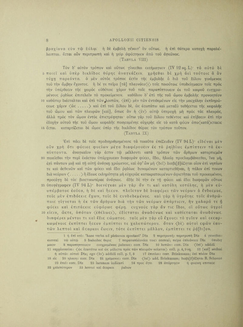 Ppaxiova CUV tlu 5u\iu. f] be eppoXf) Ye'voir’ Sv oiinuc. fi eiri Gdxepa Koioxn irapaXe- XeiTTTai. ectai ouv trepiTpuLiTTri koi fj x^ip dqpeciriKev dito toO dTKU)voc. (Tabvla VIII) Tov b’ auTOv rpoTTOV koi outuuc yivecGai cecnpaYKev (IV92sq. L)' to outo be 6 TToiei KOI uTiep biKXiboc Gupric dvaYKCtZeiv. xPH^Gai b^ XPG toutoic d dv Tux^I irapeovTa. 6 pev autoc TpOTTOC ecTiv Tfjc ep^oXfic 6 bid toO HuXou yivopevoc ToO Trjv dpPriv e'xovxoc. f) be ye ireTpa [xd] TrXeovdce<(i)> xoic xoiouxoic UTTobeiTpaciv xoic -rtpoc xqv uixe'pGeciv xpc x^ipdc euGexoic x«piv xoO xoic TTapaTtiixxouciv ck xoO KOipoO cuYXpuu- pevouc pqbiujc eirixeXeiv x6 TrpoKeipevov. koGoXou b’ em xqc xoO ujpou eppoXfjc Txpovorixeov 10 KaGdirep biecxaXxai koi em xuiv^oimliv, <^em)> pev xuiv evxiGepevuuv eic xpv pacxdXqv eKirXripiu- ceuuc xapiv <iuc > KOI em xoO EuXou be, ujc ecujxdxai koi pexaHu xeGncexm xfic KeqiaXfjc xoO ujpou KOI xmv TiXeupdiv [khi], omuc dv f) <(ev} auxiu urrepoxn pp irpoc xdc TtXeupdc, dXXd TTpoc xov lupov evxoc emcxpeqpnxar ouxui yap xoO EuXou xeGevxoc Kai erripaciv em xfjv eEoxriv auxou xfjc xou oipou Ke(paXf)c Troipcapevric euxepfic eic x6 Kaxd qpuciv dTro<(Kaxd>cxacic 15 ^cxai. KaxapxiEexai be uipoc uirep xfic biKXiboc Gupac xov xpoirov xoOxov. (Tabvla IX) '€m TTdci be xoTc irpobiripiGpripevoic xd xoiauxa emEeuEev (IV 94L)‘ eibevai pev ouv XP^ oxi cpuciec cpuciiuv peYCi biaqpepouciv ec x6 pri(biuuc epTrinxeiv xd ck- TTiTTXOVxa. dvoTKaiov yap ecxiv xiu peXXovxi Koxd xpoixov xoiv dpGpuJV Kaxapxicpov 20 TTOieicGai xqv Trep'i eKdcxou urrdpxoucav biaqpopdv qpucei, e'Eei, fiXiniq TrpocXappdvecGai, iva pp, em xrdvxujv piq koi xt| auxrj dvoYKr] xpdipevoc, Km ecp’ iLv pi) <bei)> biapi[p]dz;rixai oiov etri vrjTriujv xe Km dcGevdiv Km xtuv cpucei koi e'Eei pqbiujc buvapeviuv KaxapxicGfivai, i) ixdXiv erri xivujv bidveupuuv < >ii eEeujc CKXrjpoxrixa pr) euxepdic KaxaKpaxoupevojv dcpicxfixm xou xrpoKeipevou, TTpocdYr] be xdc piacxiKUJxepac dvoYKOc. eEfjc be xpv ev xq cpucei Kcd eEei biacpopdv ouxujc 26 uTTOYeYPOicpev (IV 94 L)' bieveYKOi pev Ydp ctv xi koi KOxuXri KOxuXpc, p pev eu- UTTe'ppaxoc eoOca, fj be koI fjccov. nXeicxov be biacpepei xdiv veupujv 6 Ivbecpoc, XOIC pev eiriboceic e'xwv, xoic be cuvbebepe'voc. Kai Ydp r] uYpdxrjc xoic dvGpiu- TToic YiTvexai q eK xtliv dpGpoiv bid xfjv xuiv veupuJV diTdpxiciv, qv x£<^cipd xe ^ qiucei KOI eTTixdceic euqpopiuc cpepi^. cuxvouc Ydp dv xic iboi, o‘i ouxotc uYPoi 30 eiciv, ujcxe, ottoxov <(eGAaici^, eEicxaxai dvujbuvmc Kai KaGicxaxai dvcubuvuic. biacpepei pevxoi xi Kai e'Eic ccupaxoc. xoic pev Ydp eu exouci x6 yuiov Kai cecap- Kuupevoic eKTTiTTxei pccov epTriTTxei xe xccXemjuxepov. oxav <[b6)> auxoi ccpuuv 4au- xiliv XeiTxoi Kai dcapKOi eaiciv, xoxe iKTriTcxei pdXXov, epixiTTxei xe pq[bi]ov. 1 1*1 kt4: 'haec verba ad picturam spectant’ Dtz 2 itepiTpuiiri?): irepiTpoin^ Dtz 4 Y^vecOai: correxi tu) auxili 5 biKXeiboc Oupic 7 TreipaTaitXeovdce xoic: correxi; Treipa ^TrXeovace Dtz OirobiY paciv 8 TTapairriTrTouciv cuvxpop^voic pabeiujc: corr. Dtz 10 Xuiruiv: corr. Dtz addidi 11 suppleverim: <(ibc kuiTdxuj Kai Cue pdXicxa irpoc xiiiv iiXeupiuv K€keTai)> coll. p. 4,9sq. 12 [xal] seclusi ^1 aCiTU): auToO Dtz; ego <4v)> addidi coll, p-V, 3 17 tiriuXoi: corr. Brinkmann; IttI itX^ov Dtz 18 eic 20 qXiKiTi: corr. Dtz 21 xpdpevoc: corr. Dtz <^b€i)> add. Brinkmann; biapi[P](i2r)Tai R. Schoene 22 ^uei: corr. Dtz 23 lacunam indicavi 24 irpoc dYCi 28 durdptriciv 9uciKr] eitixacic 32 xa^e^drepov 33 Xeirxoi Koi dcapKOi pabiov