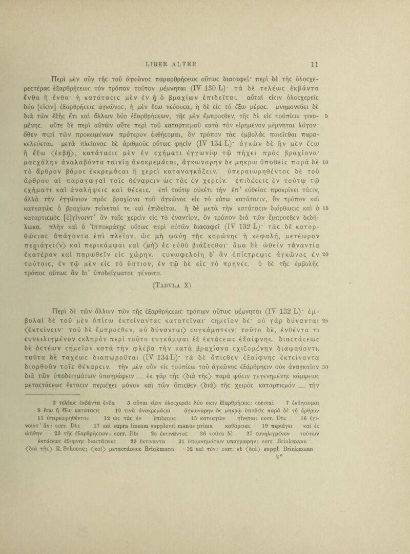 TTepi pev ouy Tf\c toO dTKuivoc TrapapBpriceujc outuuc biacaqpei' irepi be Tfjc oXocxe- pecTepac ^HapGpiiceuuc tov xpoTtov toOtov pe|uvr|Tai (IV 130 L)‘ ret be reXe'uuc dK^dvra dv9a f| Iv6a‘ KaToxacic pev dv () 6 Ppaxiujv dtribeixai. auxai eiciv oXocxepeic buo [elciv] d£ap0pnceic dfKUJVOc, f) pdv dcoi veuouca, fj be eic x6 eHiu pepoc. pvripoveuei bd bid xujv dErjc Ixi KOi ctXXujv buo dEap9pr|ceujv, xnc pev dpTTpoc9ev, xfic be eic xoutticuj yivo- 5 pevriG. ouxe bd irepi auxuiv ouxe rrepi xoO KOxapxicpoO Koxd xov eipripevov pepviixai Xoyov 69ev irepl xdiv TtpOKeipevujv TTpoxepov dK9iicopai, 8v xpoirov xdc dpPoXdc TTOieic9ai irapa- KeXeuexai. pexd nXeiovac bd dpi9pouc ouxujc qprjciv (IV 134 L)* oykiuv bd r|V pdv ecu) fl dEuj <(dKpri>, Kaxdxacic pdv dv cxnpcxxi dYTiwviiu xuj TTfix^i irpoc ppaxiova* pacxdXr,v dvaXapdvxa xaivir) dvcKpepdcai, dYKOJvapriv be priKpuj uTT09elc ixapd bd lo x6 dp9pov pdpoc dKKpepdcai f\ x^pci KoxavoYKaZeiv. u7Tepaiu)pTi9evxoc bd xoO fip9pou ai TrapaYiwYai xoic 9evapciv luc xdc dv x^pciv. diribeceic dv xouxuj xuj cxiipotxi KOI dvaXrnpeic kci 9eceic. dm xouxuj oukcxi xr^v err’ eu9eiac TtpoKpivei xdciv, dXXd xfjv dYY^viov Trpdc ppaxiova xoO dYKojvoc eic x6 koxuj Koxdxaciv, ov xpoirov koi KaxeoYuJC 6 Ppaxiujv xeivexai xe koi embeixai. f) bd pexd xfiv Koxdxaciv bi6p9ujcic koi 6 16 KQxapxicpoc [djYivoivx’ av xaTc x^pciv eic x6 dvavxiov, 6v xpoirov bid xu)v dpTTpoc9ev bebr|- XujKO. TrXrjv koi 6 'lixTTOKpdxric ouxuuc rrepi auxiuv biacaqrei (IV 132 L)’ xdc bd Koxop- 9uuciac drrdYOVxa dir'i rrXeiov, ujc pf) vpauTi xfic Kopu)vr|C fj KeqpaXii, pexeujpov Tre(5idY€i<(v^ koi rrepiKapipai koi <(pT)^ dc eu9u pid2[6c9ar apa bd uj9eTv xdvavxia dKOxdpav KOI Trapuj9€Tv eic x^P^v. cuviucpeXoiri b’ dv dTricxpevpic dYKUJVOc dv 20 xouxoic, dv xiu pdv eic x6 urrxiov, dv xuj bd eic x6 rrpiivec. 6 bd xfic dppoXfic xpoiroc OUXUJC dv bi’ uirobeiYpcxxoc ycvoixo. (Tabvla X) TTepi bd xu)v dXXujv xujv xf^c dEap9pf|ceujc xporrujv ouxujc pepvnxai (IV 132 L)' dp- PoXai bd xoO pdv orricuj dKxeivavxac Kaxaxeivai' cripeiov be' ou y^P buvavxai 26 ^dKxeiveiv xoO bd d'pTrpoc9ev, ou buvavxai]> cuYKdprrxeiv xoOxo bd, dv9evxa xi cuveiXiYpdvov CKXripov rrepi xoOxo cuYKapipai dE eKxdceujc dEaiqpvric. biacxdceuuc bd dcxeujv cripeiov Koxd xfiv qpXdpa xfjv Kaxd ppaxiova cxiZope'vriv biaipauovxi. xaOxa bd xaxdujc bianujpoOxai (IV 134L)' xd bd drric9ev dEaiqpvric eKxeivavxa biop9o0v xoic 9evapciv. xfiv pdv ouv eic xourricuj xoO oykiuvoc eEdp9pTiciv ouk dvaYKOiov so bid xiuv urrobeiYpdxujv urroYpdqpeiv dK Y^p xfic <(bid xfic)> rrapd qpuciv YCT^vripevric Kapipeiuc pexacxdceujc eKxaciv rrepiexei povov Kai xujv dTric9ev <(bid)> xfje x^ipoc Kaxapxicpov xfiv 2 reXduJC dKpdvxa dv0a 3 aOxai ekiv 6Xocxepeic bOo eiciv dEapOpficeic: correxi 7 dK0ricujpai 8 feuj f| dEuj Kaxdxacic 10 xivd dvaKpepdcai dxKUJvapriv be priKpCu urro0eTc rrapd b^ xd dp0pov 11 uTTep€Ujpri04vxoc 12 die xdc dv dmbeceic 15 KaxeoYdJv Yivexai: coix. Dtz 16 dYi- voivx’dv: corr. Dtz 17 koI Eupra lineam supplevit manas prima xaOdpciac 19 rrepidYet Kai Ic djfiOriv 23 xiic dSap0pfic€UJV: corr. Dtz 25 dKxivavxac 26 xoOxo bd 27 cuvrjXiYpdvov xoOxujv dKxdceujc dEeqpvric biacxdceujc 29 dKxivavxa 31 Orropvriiudxujv urroYpcKpn'': corr. Brinkmanu <bid xfje^ R. Schoene; <(Kal^ pexacxdceujc Brinkmann 32 Kai xdv: corr. et <(bid^ suppl. Brinkmann 2*