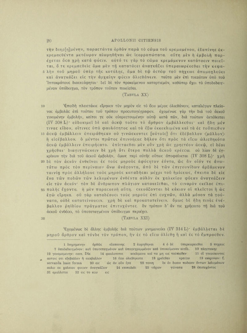 Triv birip[ri]|uevT)v, TrapacTavia 6p06v -rrapd to ciliiua toO Kpe/Tapevou, eEaTtivric eK- Kpe|Liac0evTa jnexewpov aiu)ptT0fivai ibc icoppo-rriuTaTa. aurr] pev fi epPoXri ^rap- exerai oca xpil Kara cpuciv. auTO re 'f^P to cuj|Lxa Kpejudjuevov KardTaciv rroieT- Tai, 6 re Kpepac0eic apa pev Tfj Karardcei dvaTKdCei UTTepaiujpeec0ai rriv Kecpa- 5 \f|v ToO laripoO urrep Trie kotO\iic, ajua be tuj ocTeiu toO TTnxe*J^c dnoiuoxXeuei Ktti dvaTKdZei eic xrjv dpxctirjv cpuciv 6\ic0dveiv. TaOxa pev erri xocoOxov utto toO 'iTCTTOKpdxouc biacccdcpTixar bei be xov TTpoxeipevov KaxapTicpov, Ka0d7Tep ^x^i to uirobebeiT- pevov UTTobeiYpa, xov xpotrov xoOxov TTOieic0ai. (Tabvla XX) 10 ’GTreibii trXeicxdKic ei'priKev xov pnpov eic x6 ecuu pe'poc d\ic0dveiv, KaxaXeYuuv TrXeio- vac 4pPoXdc eirl xouxou xoO xpoirou TTpocuTTOYeTpaq)ev. exopeviuc Tdp xriv bid xoO dcKoO YivopevTiv epPoXiiv, xaixoi ye ouk euapecxoupevrjv auxili xaxd Ttfiv, bid xouxujv dKxe0eixai (IV 308 L)' euboKipei b^ xai dcKiu xoOxo x6 dp0pov eppdXXec0ar xai rjbti pev xivac eibov, oi'xivec utto cpauXoxrixoc xai xd ^5iu exKexXipeva xa'i xd dc xouTTic0ev 15 dcKO) eppdXXeiv e7T€ipd0ricav ou YiviucKOVxec [auxoTc] 6xi eHe'PaXXov <(paXXov)> f| eicePaXXov. 6 pevxoi ixpiuxoc emvoiicac bfjXov 6xi irpoc xd eicu) ujXic0riKdxa dcKUJ eppdXXeiv erreipiicaxo. eTTicxac0ai pev ouv xPn xPTjcxeov dcxip, ei be'oi Xpfic0ai' btOYiYViocKeiv be XP^H oti exepa TroXXd dexoO Kpeccuo. ou Xiav be eY- Kpivujv XTiv bid xou dcKoO epPoXpv, dpiuc Trepi auxfjc ouxouc drrocpaivexai (IV 308 L)‘ xp^ 20 be xov dcKov ev0eTvai ec xouc pripouc dcpucriTov eovxa, ujc dv oidv xe dviu- xdxo) Trpoc xov rrepivaiov dviu dvdYOVxa, dtro be xiuv ^TTiYouvibuiv dpHdpevov xaivit] TTpoc dXXiiXouc xouc prjpouc Kaxabficai pexpi toO fipiceuic, erreixa be eic eva xiliv TTobujv xujv XeXupevuiv ev0evxa auXov ex x“^Keiou cpucav dvoYxdZeiv eic xov dexov xov be dv0pa)7TOV nXdYiov xaxaxeTc0ai, x6 civapov cxAoc eiri- 25 TToXfic exovxa. fi pev xrapacxeufi auxr]. cxeud^ovxai be xdxiov oi nXeicxoi fj die eYiii eiprixa. ou Ydp xaxabeouci xouc ptipouc exrl cuxviliv, dXXd povov xd you- vaxa, oube xaxaxeivouciv. XPH ixpoxaxaxeiveiv. opujc be pbri xivec ^v^- paXXov priibiou rrpdYpaxoc eixixuxdvxec. 6v xponov b’ dv xic xPHCOiixo xrj bid xoO dexoO ev0ecei, x6 uTTOxexaYpevov urrobeiYpa trepiexei. 30 (Tabvla XXI) ’Gxopevwc be dXXric epPoXfic bid xouxujv pvripoveuei (IV 314 L)' ep^dXXexai be pripoO dp0pov xai xovbe xov xporrov, tiv ec x6 eicuu 6Xic0ri f) xai 4c x6 4piTpoc0ev. 1 birjpripevriv 6p0uic eSaireivric 2 4u)pr|0r)vai 4 6 64 uirep€ujpeic0ai 6 irrixcoc 7 ()Tro6€6eiYp4vov: aut 0iroTeTaYp4vov aut uiroYeYPCil^P^vov aut Oiroxeipevov scrib. 10 uXricTaKrjc 12 Yevopopevriv: corr. Dtz 14 cpauXoTiroc KexXipeva xai xa pr| eic ToOmcOev 16 ol YivcucKovxec ^ auTotc OTi eEePaXXev eicePaXXev 16 4cuj oXicOiixora 18 xpe»c0ai xpeccui 19 exKpivujv: f. servanda baec forma 20 eic luc dv oOv fixe 22 xevir) be 4v buoiv nobeoiv 6vxiuv XeXu|a4vuuv auXu) ex ipuciev dvaYxdCeiv 24 ciriTroXCTc 25 xdxiov xdivaxa 28 4Trixux<^vxoc 31 epaXXexai 32 eic xo ecuu eic