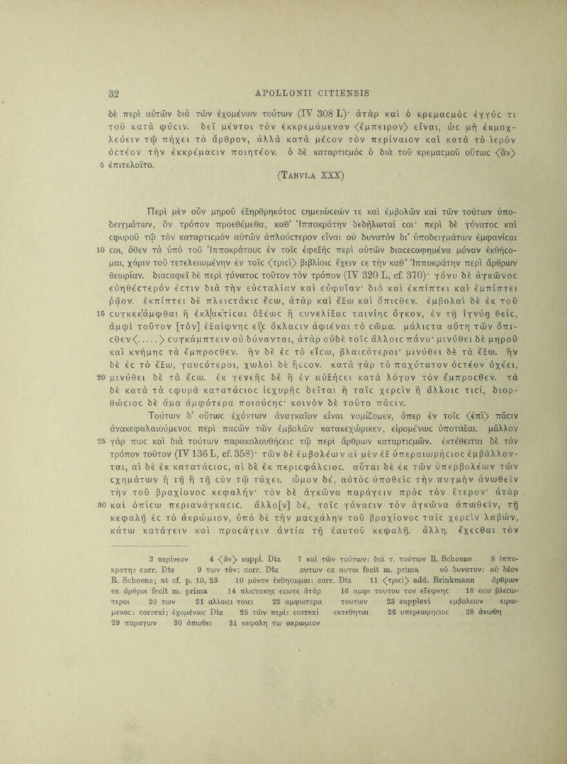 bk TTepi auTuJV bid tuiv exopevoiv toutujv (IV 308 L)‘ dxdp Kai 6 Kpepacjuoc eTT^c ti ToO Kara cpuciv. bei pevtoi tov CKKpepdiLievov eivai, wc pr) eKpox- Xeueiv Tiu irtixei to dpBpov, dWd Kara pecov xov irepivaiov koli koxo x6 lepov ocxeov xriv eKKpepaciv Koirjxeov. 6 be Koxapxicpoc 6 bid xoO KpepacpoO oijxujc <dv> 6 dTTixeXoixo. (Tabvla XXX) TTepi pev ouv pripou eSrjpGpriKOXoc cripeiuiceujv xe koi epPoXdiv koi xujv xouxujv otto- beiYpdxuJv, ov xpoTTOV rrpoeGepeGa, koG’ 'iTnroKpdxriv bebi)Xujxai cor irepi be yovaxoc koi cqpupoO xtu xov Koxapxicpov aOxuiv dtrXoOcxepov eivai ou buvaxov bi’ vnxobeitpdxujv epqpavicai 10 coi, oGev xd otto xoO 'liTTTOKpdxouc ev xoic ecpeHfic rrepi auxiliv biacecaqpripeva povov ckGi^co- pai, xdpiv xoO xexeXeiujpevriv ev xoic <(xpici> pi^Xioic ^'xeiv ce xriv koG’ 'liTTroKpdxriv Txepi dpGpuiv Geujpiav. biacaqpei be rrepi yovoxoc xoOxov xov xpoirov (IV 320 L, cf. 370)' yovu b^ oykiIivoc euTiGecxepov ecxiv bid xrjv eucxaXiav koi euqpuiav bio koi eKixiTrxei koi epTriTixei paov. eKTTiTTxei be TtXeicxdKic ^cuu, dxdp koi ^2uj koi oixicGev. eppoXai be ck xoO 16 cuYK6K|dpq)Gai f| ^KXlaKXicai oHeuuc T) cuveXiHac xaivirjc oykov, ev x^ lYVui^ Geic, dpqpi xoOxov [xov] e2a(cpvr|c ei|c OKXaciv dqpievai x6 ciupa. pdXicxa auxri xujv otti- cGev<( )> cuYKopTTxeiv ou buvavxai, dxdp oub^ xoic dXXoic Trdvu' pivuGei b^ pripoO Kui KVTipric xd ^'pirpocGev. r|v be ec x6 eicuu, pXaicoxepor pivuGei be xd e'Hu). fjv be ec x6 ^Hu), Yciucoxepoi, x^jXoi be fjccov. Koxd Ydp x6 naxuxaxov ocxeov dxeei, 20 pivuGei be xd ^'cuj. eK Yevefjc be f) ev auSi]cei Koxd Xoyov xov epirpocGev. xd be KOxd xd cqpupd Koxaxdcioc icxupT]c beixai r| xaTc x^pciv r] dXXoic xici, biop- Gujcioc be dpa dpcpoxepa ttoiouctic koivov be xoOxo iraciv. Touxujv b’ ouxujc exdvxujv dvoYKaiov eivai vopiCopev, dixep ev xoic <(eTri)> Traciv dvaxecpaXaioupevoc irepi Ttacujv xiliv ep^oXiuv KaxaKexuupiKev, eipopevotc uTTOxdiai. paXXov 26 Ydp 7TUUC Kai bid xouxujv irapaKoXouGnceic xu) irepi dpGpuuv Kaxapxicpiliv. eKxeGeixai be xov xpoTTov xoOxov (IV136L, cf. 358)' xuuv be eppoXeuuv a'l pev eE uTrepaiuupncioc eppdXXov- xai, ai be eK Kaxaxdcioc, a‘i bfe ck xrepiccpdXcioc. auxai be ck xujv uTreppoXeuuv xuuv cxTipdxuuv f| xi^ fi xrj cuv xiu xdxei. uupov be, auxoc uixoGeic xf)V ttuyptiv dvuuGeiv xfjv xou ppaxiovoc KecpaXiiv xov be dYKuuva rrapoYeiv npoc xov exepov dxdp 30 Kttl oTTicuu TrepiavdYKacic. dXXo[v] be, xoTc Yovaciv xov dYKiIiva diriJuGeiv, xrj KeqpaXrj ec x6 dKpuupiov, urcd be xfjv pacxdXriv xou ppaxvovoc xalc xtpc'iv Xa^uuv, xdxuu KaxdYeiv koi TipocdYCiv dvxia x^ eauxou KeqpaXi]. dXXri. exccGai xov 3 irepiveov 4 suppl. Dtz 7 Kai tOuv toutuuv: 6id t. toutuuv R. Schoene 8 iTtiro- Kpaxri: corr. Dtz 9 tuuv t6v; corr. Dtz auTuuv ex auxoi fecit m. prima ou Suvorov: ou S^ov R. Schoene; at cf. p. 10, 23 10 p6vov dKOrjcuupai: corr. Dtz 11 K^rpicl^ add. Brinkmann dpGpuuv ex fipOpoi fecit na. prima 14 uXictoktic ecmre drdp 16 apepi rouxou xov eEeqpvrjC 18 ecu) p\ecuj- xepoi 20 xujv 21 aXXoici xoici 22 apcpmxepa xouxmv 23 Bupplevi ep^oXeiuv eipm- pevoc: correxi; Dtz 25 xuuv irepl: correxi CKxeGrixai 26 uirepempricioc 28 dvuuGri 29 irapaYuuv 30 dimuGei 31 xecpaXr] xuu axpoupiov