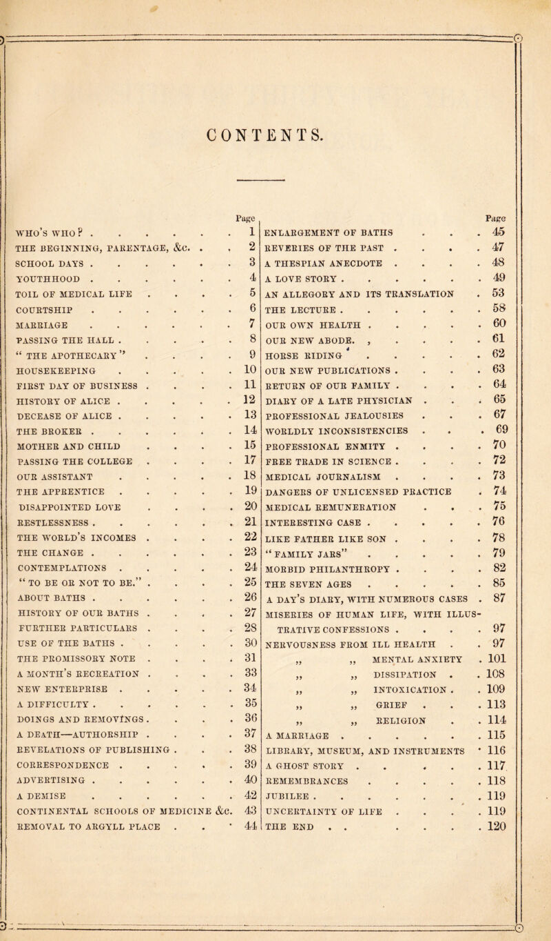 CONTENTS Page Page who’s who ? . • • • 1 ENLARGEMENT OF BATHS 4 4 45 THE BEGINNING, PAKENTAGE, &C. • ♦ 2 REVERIES OF THE PAST . 4 4 47 SCHOOL DAYS . • • 3 A THESPIAN ANECDOTE . 4 • 48 YOUTHHOOD . • • 4 A LOVE STORY . 4 49 TOIL OF MEDICAL LIFE • 4 5 AN ALLEGORY AND ITS TRANSLATION 4 53 COURTSHIP * • 6 THE LECTURE . 4 4 58 MARRIAGE • 4 7 OUR OWN HEALTH . • 4 60 PASSING THE HALL . • 4 8 OUR NEW ABODE. , 4 4 61 “ THE APOTHECARY • 4 9 HORSE RIDING . 4 62 HOUSEKEEPING • 4 10 OUR NEW PUBLICATIONS . 4 4 63 FIRST DAY OF BUSINESS « . 11 RETURN OF OUR FAMILY . 4 4 64 HISTORY OF ALICE . • • 12 DIARY OF A LATE PHYSICIAN 4 4 65 DECEASE OF ALICE . • 4 13 PROFESSIONAL JEALOUSIES 4 4 67 THE BROKER . 4 4 14 WORLDLY INCONSISTENCIES 4 4 69 MOTHER AND CHILD • . 15 PROFESSIONAL ENMITY . 4 4 70 PASSING THE COLLEGE • • 17 FREE TRADE IN SCIENCE . 4 . 4 72 OUR ASSISTANT • 18 MEDICAL JOURNALISM . 4 4 73 THE APPRENTICE • • 19 DANGERS OF UNLICENSED PRACTICE 4 74 DISAPPOINTED LOVE 4 • 20 MEDICAL REMUNERATION 4 4 75 RESTLESSNESS . • • 21 INTERESTING CASE . 4 4 76 THE world’s INCOMES • 4 22 LIKE FATHER LIKE SON . 4 4 78 THE CHANGE . 4 23 “ FAMILY jars” 4 4 79 CONTEMPLATIONS . • 4 24 MORBID PHILANTHROPY . 4 4 82 “ TO BE OR NOT TO BE.” 4 4 25 THE SEVEN AGES 4 85 ABOUT BATHS . • 4 26 A day’s diary, with numerous CASES 4 87 HISTORY OF OUR BATHS 4 4 27 MISERIES OF HUMAN LIFE, WITH ILLUS • FURTHER PARTICULARS 4 28 TRATIVE CONFESSIONS . 4 • 4 97 USE OF THE BATHS . * 4 30 NERVOUSNESS FROM ILL HEALTH 4 4 97 THE PROMISSORY NOTE 4 4 31 „ „ MENTAL ANXIETY 4 101 A month’s RECREATION 4 4 33 „ „ DISSIPATION • 4 108 NEW ENTERPRISE . 4 4 34 „ „ INTOXICATION 4' 4 109 A DIFFICULTY . 4 35 ,, ,, GRIEF 4 4 4 113 DOINGS AND REMOVlNGS 4 4 36 „ „ RELIGION 4 4 114 A DEATH—AUTHORSHIP 4 4 37 A MARRIAGE . 4 4 4 115 REVELATIONS OF PUBLISHING 4 4 38 LIBRARY, MUSEUM, AND INSTRUMENTS 4 116 CORRESPONDENCE . • 4 39 A GHOST STORY . 4 4 4 117 ADVERTISING . 4 4 40 REMEMBRANCES 4 4 4 118 A DEMISE 4 4 42 JUBILEE .... 4 4 4 119 CONTINENTAL SCHOOLS OF MEDICINE &C. 43 UNCERTAINTY OF LIFE 4 • 119 REMOVAL TO ARGYLL PLACE • • 4 44 THE END . . 4 120