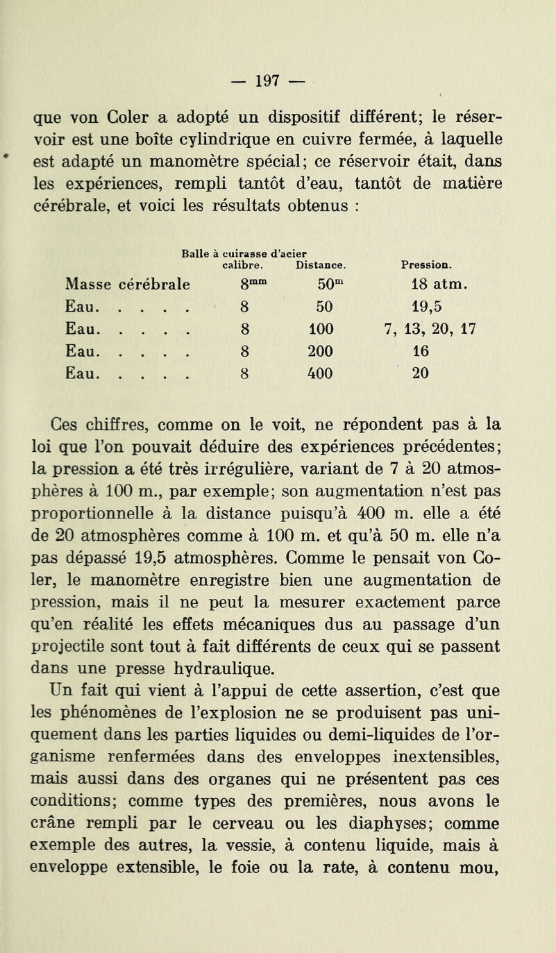 que von Goler a adopté un dispositif différent; le réser- voir est une boîte cylindrique en cuivre fermée, à laquelle * est adapté un manomètre spécial; ce réservoir était, dans les expériences, rempli tantôt d’eau, tantôt de matière cérébrale, et voici les résultats obtenus : Balle à cuirasse d’acier calibre. Masse cérébrale 8™™ Eau 8 Eau 8 Eau 8 Eau 8 Distance. Pression. 50^ 18 atm. 50 19,5 100 7, 13, 20, 17 200 16 400 20 Ces chiffres, comme on le voit, ne répondent pas à la loi que l’on pouvait déduire des expériences précédentes; la pression a été très irrégulière, variant de 7 à 20 atmos- phères à 100 m., par exemple; son augmentatio'n n’est pas proportionnelle à la distance puisqu’à 400 m. elle a été de 20 atmosphères comme à 100 m. et qu’à 50 m. elle n’a pas dépassé 19,5 atmosphères. Gomme le pensait von Go- ler, le manomètre enregistre bien une augmentation de pression, mais il ne peut la mesurer exactement parce qu’en réalité les effets mécaniques dus au passage d’un projectile sont tout à fait différents de ceux qui se passent dans une presse hydraulique. Un fait qui vient à l’appui de cette assertion, c’est que les phénomènes de l’explosion ne se produisent pas uni- quement dans les parties liquides ou demi-liquides de l’or- ganisme renfermées dans des enveloppes inextensibles, mais aussi dans des organes qui ne présentent pas ces conditions; comme types des premières, nous avons le crâne rempli par le cerveau ou les diaphyses; comme exemple des autres, la vessie, à contenu liquide, mais à enveloppe extensible, le foie ou la rate, à contenu mou,