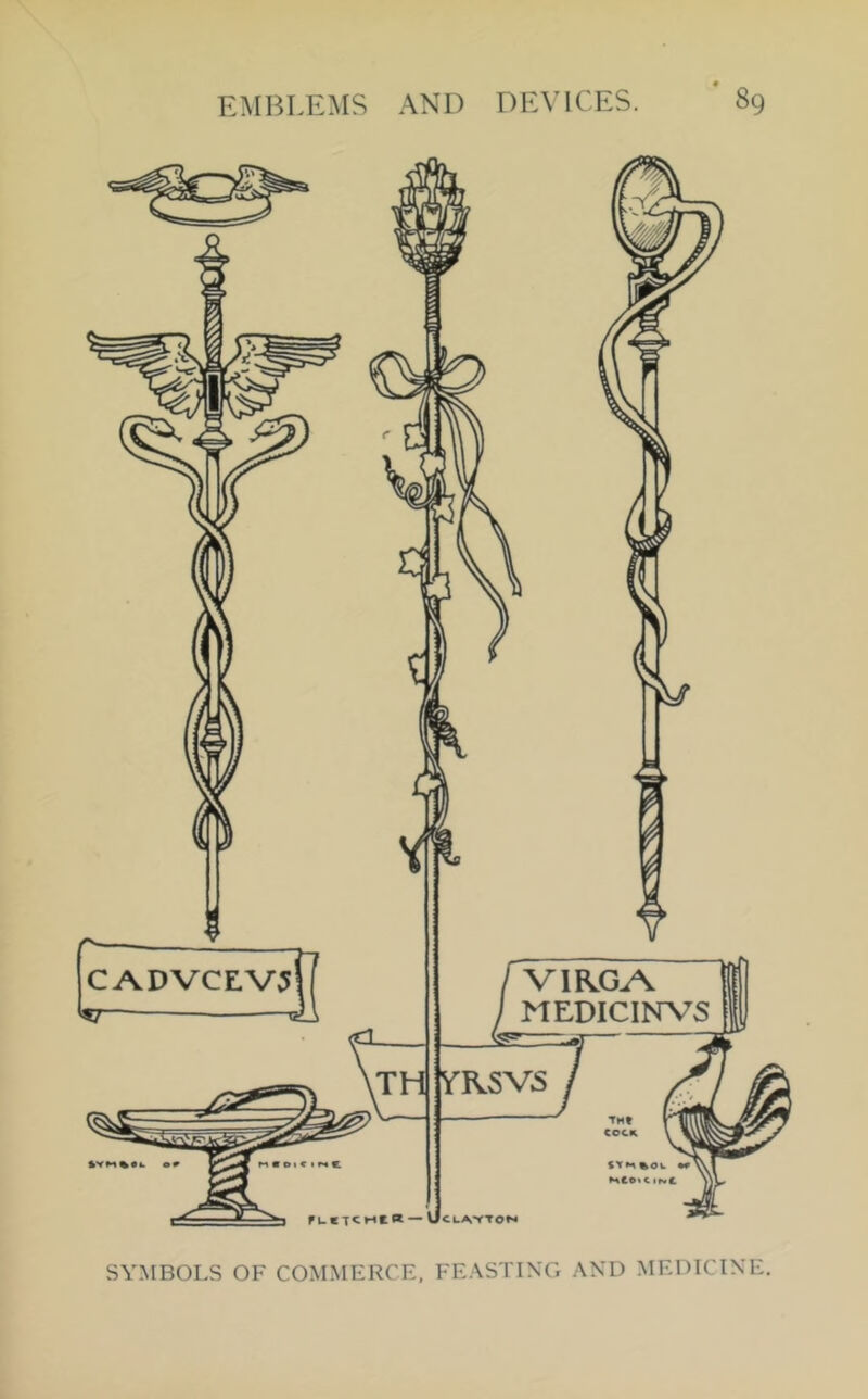 SYMBOLS OF COMMERCE, FEASTING AND MEDICINE.