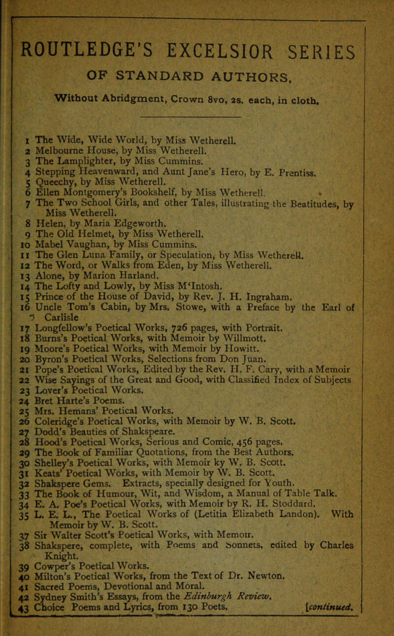 ROUTLEDGE’S EXCELSIOR SERIES OF STANDARD AUTHORS, Without Abridgment, Crown 8vo, 2s, each, in cloth. 1 The Wide, Wide World, by Miss WetherelL 2 Melbourne House, by Miss WetherelL 3 The Lamplighter, by Miss Cummins. 4 Stepping Heavenward, and Aunt Jane’s Hero, by E. Prentiss. 5 Queechy, by Miss WetherelL 6 Ellen Montgomery’s Bookshelf, by Miss WetherelL 7 The Two School Girls, and other Tales, illustrating the Beatitudes, by Miss WetherelL 8 Helen, by Maria Edgeworth. 9 The Old Helmet, by Miss WetherelL 10 Mabel Vaughan, by Miss Cummins. 11 The Glen Luna Family, or Speculation, by Miss WetherelL 12 The Word, or Walks from Eden, by Miss WetherelL 13 Alone, by Marion Harland. 14 The Lofty and Lowly, by Miss M'Intosh. 15 Prince of the House of David, by Rev. J, H. Ingraham. 16 Uncle Tom’s Cabin, by Mrs. Stowe, with a Preface by the Earl of *5 Carlisle 17 Longfellow’s Poetical Works, 726 pages, with Portrait. 18 Bums’s Poetical Works, with Memoir by Willmott. 19 Moore’s Poetical Works, with Memoir by Howitt. 20 Byron’s Poetical Works, Selections from Don Juan. 21 Pope’s Poetical Works, Edited by the Rev. H. F. Cary, with a Memoir 22 Wise Sayings of the Great and Good, with Classified Index of Subjects 23 Lover’s Poetical Works. 24 Bret Harte’s Poems. 25 Mrs. Hemans’ Poetical Works. 26 Coleridge’s Poetical Works, with Memoir by W. B. Scott, 27 Dodd’s Beauties of Shakspeare. 28 Hood’s Poetical Works, Serious and Comic, 456 pages, 29 The Book of Familiar Quotations, from the Best Authors. 30 Shelley’s Poetical Works, with Memoir ky W. B. Scott. 31 Keats’ Poetical Works, with Memoir by W. B. Scott. 32 Shakspere Gems. Extracts, specially designed for Youth. 33 The Book of Humour, Wit, and Wisdom, a Manual of Table Talk. 34 E. A. Poe’s Poetical Works, with Memoir by R. H. Stoddard. 35 L. E. L., The Poetical Works of (Letitia Elizabeth Landon). With Memoir by W. B. Scott. 37 Sir Walter Scott’s Poetical Works, with Memoir. 38 Shakspere, complete, with Poems and Sonnets, edited by Charles Knight. 39 CowpeFs Poetical Works. 40 Milton’s Poetical Works, from the Text of Dr. Newton. 41 Sacred Poems, Devotional and Moral. 42 Sydney Smith’s Essays, from the Edinburgh Review, 43 Choice Poems and Lyrics, from 130 Poets. [continued, > ■■ I - ■ I I — ,, —