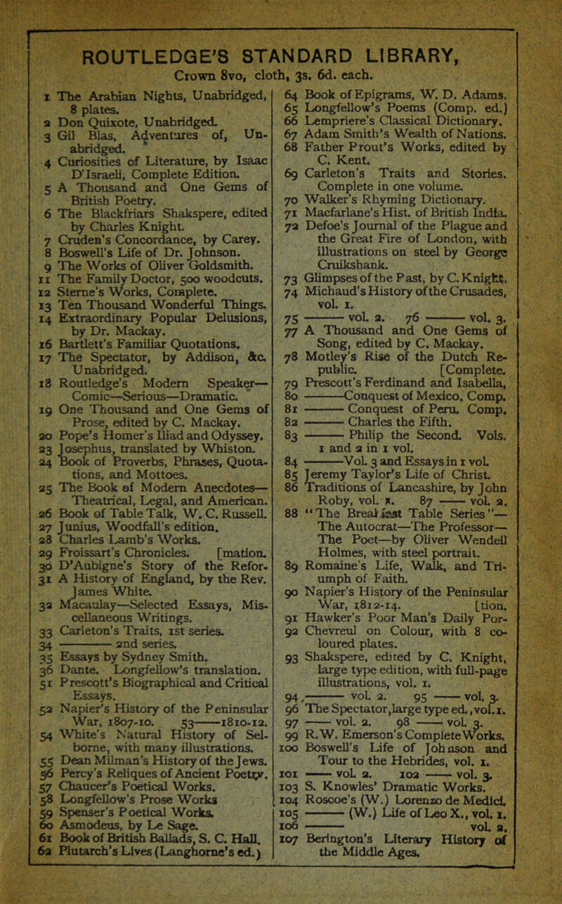 ROUTLEDQE’8 STANDARD LIBRARY, Crown 8vo, cloth, 3s. 6d. each. 1 The Arabian Nights, Unabridged, 8 plates. 2 Don Quixote, Unabridged. 3 Gil Bias, Adventures of, Un- abridged. 4 Curiosities of Literature, by Isaac D’Israeli, Complete Edition. 5 A Thousand and One Gems of British Poetry. 6 The Blackfriars Shaksp)ere, edited by Charles Knight. 7 Cruden’s Concordance, by Carey. 8 Boswell's Life of Dr. Johnson. 9 The Works of Oliver Goldsmith, ri The Family Doctor, 500 woodcuts. 12 Sterne’s Works, Complete. 13 Ten Thousand Wonderful Things. 14 Extraordinary Popular Delusions, by Dr. Mackay. 16 Bartlett’s Familiar Quotations, 17 The Spectator, by Addison, &a Unabridged. r3 Routledge’s Modem Speaker— Comic—Serious—Dramatic. 19 One Thousand and One Gems of Prose, edited by C. Mackay. 20 Pojje’s Homer’s Iliad and Odyssey. 23 Josephus, translated by Whiston. 24 Book of Proverbs, Phrases, Quota- tions, and Mottoes. 25 The B(Mk ef Modem Anecdotes— Theatrical, Legal, and American. 26 Book of Table Talk, W. C. RusseU. 27 Junius, Woodfall’s edition. ! 28 Charles Lamb’s Works. 29 Froissart’s Chronicles. [matlon. 30 D’Aubigne’s Story of the Refor- 31 A History of England, by the Rev. James White. 32 Macaulay—Selected Essays, Mis- cellaneous Writings. 33 Carleton’s Traits, 1st series. 34 and series. 35 Elssays by Sydney Smith. 36 Dante. Longfellow's translation. 51 Prescott’s Biographical and Critical Essays. 52 Napier’s History of the Peninsular War, 1807-10. 53 1810-12. 54 White’s Natural History of Sel- bome, with many illustrations. 55 Dean Milman’s History of the Jews. 36 Percy’s Reliques of Ancient Poetpr. 57 Chaucer’s Poetical Works. 58 Longfellow’s Prose Works 59 Spenser’s Poetical Works. 60 Asmodeus, by Le Sage. 61 Book of Briti^ Ballads, S. C. Hall. 62 Plutarch’s Lives (Langhome’s ed,) 64 Book of Epigrams, W, D. Adams. 65 Longfellow’s Poems ^omp. ed.) 66 Lempriere’s Classical Dictionary. 67 Adam Smith’s Wealth of Nations. 68 Father Prout’s Works, edited by C. Kent. 69 Carleton’s Traits and Stories. Complete in one volume. 70 Walker’s Rhyming Dictionary. 71 Macfarlane’s Hist, of British India. 72 Defoe’s Journal of the Plague and the Great Fire of London, with illustrations on steel by George Cruikshank. 73 Glimpses of the Past, by C. Knight, 74 Michaud’s History of the Crusades, voL I. 75 voL 2. 76 vol. 3. 77 A Thousand and One Gems of Song, edited by C. Mackay. 78 Motley’s Rise of the Dutch Re- public. [Complete. 79 Prescott’s Ferdinand and Isabella, 80 Conquest of Mexico. Comp. 8r Conquest of Peru. Comp. 8a Charles the Fifth. 83 Philip the Second. Vols. 1 and a in I voL 84 VoL 3 and Essays in i voL 85 Jeremy Taylor’s Life of Christ. 86 Traditions of Lancashire, by John Roby, vol. X. 87 voL 2. 88 “The Breaiiast Table Series’’— The Autocrat—The Professor— The Poet—by Oliver Wendell Holmes, with steel portrait. 89 Romaine's Life, Walk, and Tri- umph of Faith. 90 Napier’s History of the Peninsular War, 1812-14. [tion. 91 Hawker’s Poor Man’s Daily Por- 9a Chevreul on Colour, with 8 co- loured plates. 93 Shakspere, edited by C. Knight, large type edition, with full-page illustrations, vol. 1. 94 V voL a. 95 voL ^ 96 The Spectator,large type ed.,vol.I. 97 voL 2. 98 voL 3. 99 R.W. Emerson’s Complete W^rks. 100 Boswell’s Life of Johnson and Tour to the Hebrides, vol. 1. 101 — voL a. 102 vol. 3. 103 S. Knowles’ Dramatic Works. 104 Roscoe’s (W.) Lorenzo de Medld. 105 (W.) Life of Leo X., voL i. 106 ■ ■' ' voL a. 107 Berington’s Literary History of the Middle Ages.