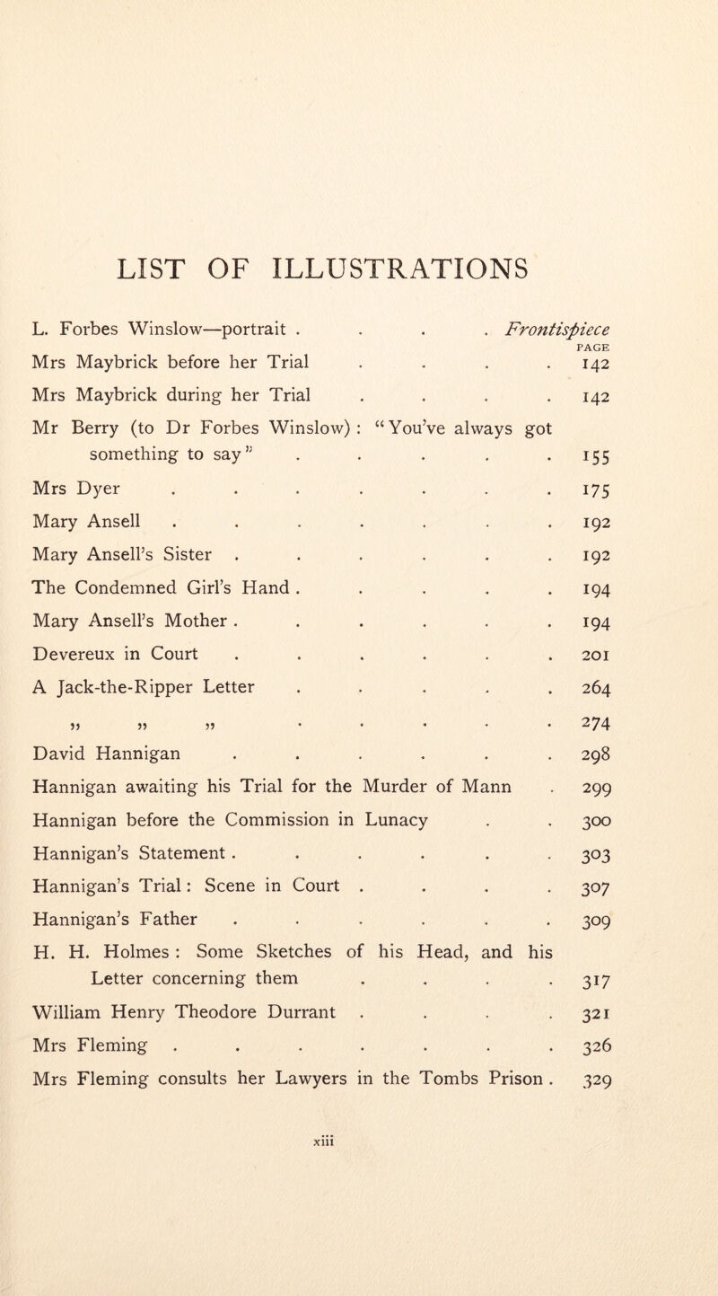 LIST OF ILLUSTRATIONS L. Forbes Winslow—portrait . . Frontispiece Mrs Maybrick before her Trial . • PAGE 142 Mrs Maybrick during her Trial . 142 Mr Berry (to Dr Forbes Winslow) something to say : “You’ve always got 155 Mrs Dyer • 175 Mary Ansell - 192 Mary Ansell’s Sister • • • 192 The Condemned Girl’s Hand . • • 4 194 Mary Ansell’s Mother . • 4 4 194 Devereux in Court . 201 A Jack-the-Ripper Letter 264 )) 55 • • 274 David Hannigan . 298 Hannigan awaiting his Trial for the Murder of Mann 299 Hannigan before the Commission in Lunacy 300 Hannigan’s Statement. 4 4 * 303 Hannigan’s Trial: Scene in Court • • 4 307 Hannigan’s Father •44 309 H. H. Holmes: Some Sketches of his Head, and Letter concerning them his 317 William Henry Theodore Durrant . 321 Mrs Fleming 4 4* 326 Mrs Fleming consults her Lawyers in the Tombs Prison . 329 xin