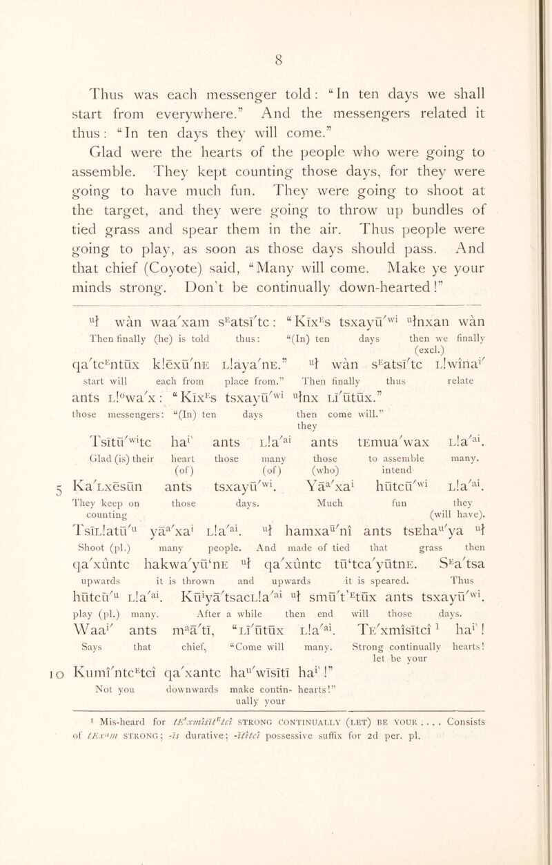 Thus was each messenger told: “ In ten days we shall start from everywhere.” And the messengers related it thus; ‘‘In ten days they will come.” Glad were the hearts of the people who were going to assemble. They kept counting those days, for they were ^oinor to have much fun. Thev were goin^ to shoot at the target, and they were going to throw up bundles of tied grass and spear them in the air. Thus people were going to play, as soon as those days should pass. And that chief (Coyote) said, “Many will come. Make ye your minds strong. Don’t be continually down-hearted !” wan waabxam s^atsiTc: “ Kix^s tsxayu^''* ^dnxan wan Then finally (he) is told thus; ten days then we finally (excl.) qadc^ntux klexudiE clayaTE.” ^d wan s^atsiTc iJwina^^ start will each from place from.” Then finally thus relate ants Li^wakx : “ Kix •^s tsxayfk'^^ ^dnx LiTitux.” those messenger s; “(In) ten days then come will.” they Tsitrk'^^tc ha^' ants Lla^' ants tEmua^wax Glad (is) their heart those many ' those to assemble many. (of) (of) (who) intend KaTxesun ants tsxayik'^^ Y a^Aa^ hutcik'^^ Lla'^i. They keep on those days. Much fun they counting (will have). TsiLlatik^^ ya^Aa* L!a'“'. “I hamxa^Ti ants tsEha^^ 'ya ^d Shoot (pi.) many people. And made of tied that grass then qaAimtc hakwa^yu‘nE qaAuntc tiftcaTutnE. S^adsa upwards it is thrown and upwards it is speared. Thus hutcik^^ iJa'^i. KiTya^ tsacLia^^^ smikt’^tux ants tsxayik''^'^ play (pi.) many. After a while then end will those days. WaT^ ants m^adi, “LlTltUX Lla''*^ TEAmisitci ^ ha^'! Says that chief, “Come will many. Strong continually hearts! lo KumiTtc^tci qakxantc ha^^'wisitl ha^'!” Not you downwards make contin- hearts!” ually your let be your ' Mis-heard for tE'xinislt^td STRONG CONTINUALLY (let) be your .... Consists of tKx(^in STRONG 5 -Is durative; -itltd possessive suffix for 2d per. pi.