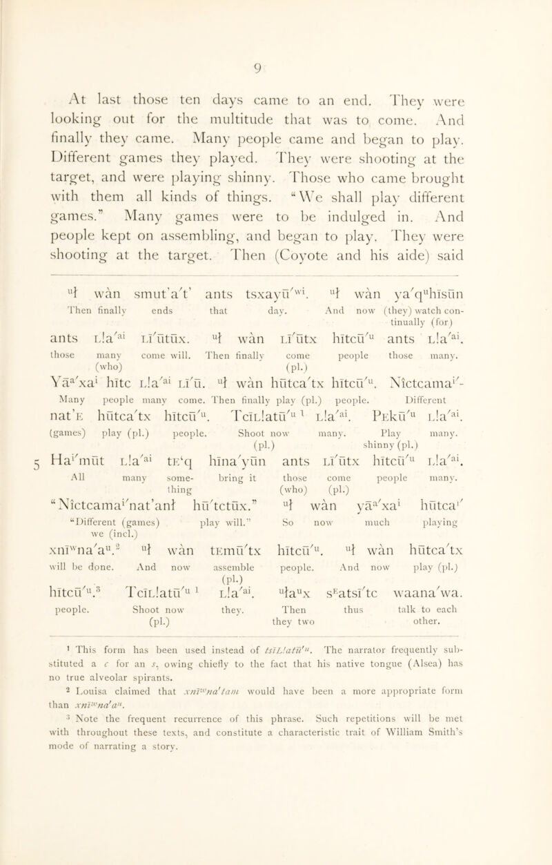 lO At last those ten days came to an end, ddiey were looking out for the multitude that was to come. And finally they came. Many people came and began to play. Different games they played, d'hey were shooting at the target, and were playing shinny, ddiose who came brought with them all kinds of things. “We shall play difterent games.” Mam  games were to be indulged in. And people kept on assembling, and began to play. Fhey were shooting at the target. Then (Coyote and his aide) said u ants those 1 wan smut’ad’ ants tsxayib'''f wan ya^q'^'hisun 'then finally ends that day. And now (they) watch con- tinually (for) an LlTitx hitcib^’ ants ida^^f L'a ai TdhltUX. come will. Then finally people those many. :/ many come wilt, 1 nen hnally come (who) (pi.) ^ a^'xa^ hitc rJa'^^ liTi. wan hutcadx hitcrb^^ Xictcama^ Many people many come. Then finally play (pi.) people. Different nat’E hutcadx hitcrb^\ TciLiatrb^^ ^ nla^^f PEkrb^^ iJa'^^^ (games) play (pi.) people. Shoot now many. Play many. (pi.) shinny (pi.) Ha^duut tidq hina'yun ants Liditx hitcib “ iJa''. All many some- bring it those come people many. thing (who) (pl-) “ Nictcama^diat’anl h rbtctux.” ^d wan va^Aa^ hutca*' “Different (games) play will.” So now much playing we (inch) xnI'naA^\^ ^d wan tEmibtx hitcib^^ ^d wan hutcadx will be done. And now assemble people. And now play (pl.) (pl-) hitcib^\^ TciElatib^i ^ idaiix s^Atsbtc waanadva. people. Shoot now they. Then thus talk to each (Pl-) they two other. ' This form has been used instead of tslLlatu'The narrator frequently sub- stituted a c for an r, owing chiefly to the fact that his native tongue (Alsea) has no true alveolar spirants. 2 Eouisa claimed that ta/n would have been a more appropriate form than XTiV^’na'a'‘. Note the frequent recurrence of this phrase. Such repetitions will be met with throughout these texts, and constitute a characteristic trait of William Smith’s mode of narrating a story.