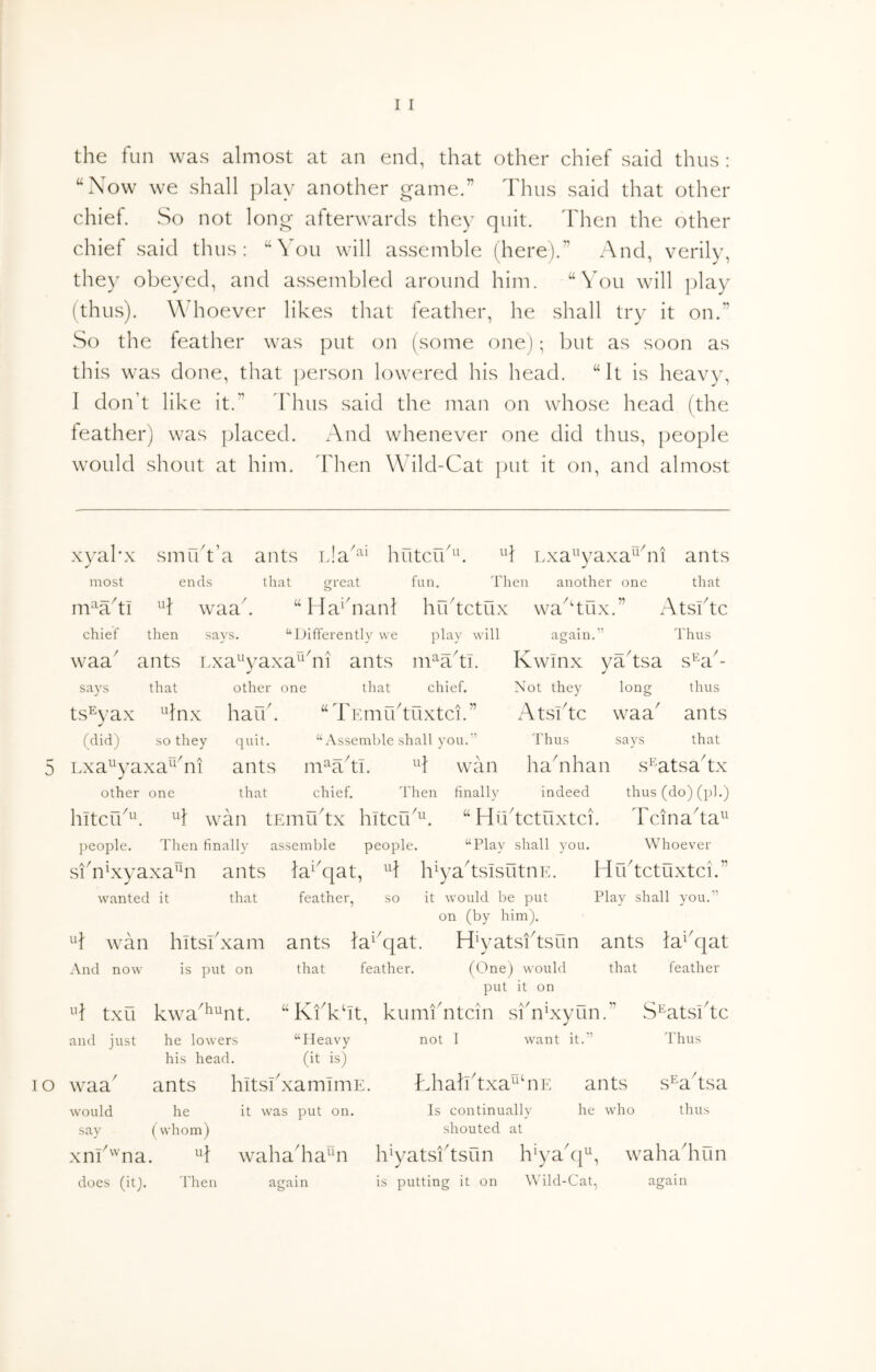 the fun was almost at an end, that other chief said thus : “Now we shall play another game.” Thus said that other chief. So not long afterwards they quit. Idien the other chief said thus; “You will assemble (here).” And, verily, they obeyed, and assembled around him. “You will play (thus). \Yhoever likes that feather, he shall try it on.” So the feather was put on (some one); but as soon as this was done, that ])erson lowered his head. “It is heavy, 1 don’t like it.” khus said the man on whose head (the feather) was placed. And whenever one did thus, people would shout at him. Idien Wild-Cat ]nit it on, and almost xyakx smud’a ants hutcib^^ Lxa^H'axa^hii most mWti ends waa' that great “ I la^dianl fun. hudctiix ants then another one that wa^'tux.” Atsldc chief then says. “Differently we plw will again. Thus waa' ants Exa^b^3.xa^^'ni ants m^adi. Kwlnx yadsa s^a'- says that other one that chief. Not they long thus tsA’ax ^dn: baud “TEmuduxtci.” Atsidc waa' ants (did) so they quit. “Assemble shall you. Thus says that Lxa^vaxa^Yi m^adi. ^d wan haddhan s^atsadx indeed thus(do)(ph) hitcib^^ ants other one that chief. 'then finally ^1 wan tEmudx hitcib^^ “Hudctuxtci. Tcinada^^ })eople. Then finally assemble people. “Play shall you. Whoever sididxyaxa^^n ants la^kjat, ^d h^yadsisutnE. Hudctuxtci.” feather, so it would be put Play shall you. on (by him). ants la^'qat. H^yatsidsun ants la^d|at And now is put on that feather. (One) would that feather put it on “KiTdt, kumi'ntcin si'n^xyun.” S^atsidc wanted it that u ! wan hitsbxam ”1 txu and just is put on kwa^^^nt. he lowers his head. lo waa would ants he ( whom) xni na. ^d does (it). Then “Heavy (it is) hitskxamimE. not 1 want It. Thus it was put on. sav Lhahdxa^^diE ants s^adsa Is continually he who thus shouted at wahadia^n liYatsidsun h^’a-dc, wahadiun again is putting it on Wild-Cat, again