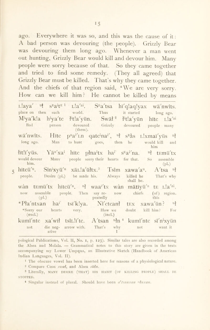 C/i ago. Everywhere it was so, and this was the cause of it; A bad person was devouring (the jjeople). (Eizzly Bear was devouring them long ago. Whenever a man went out hunting, Grizzly Bear would kill and devour him. Many people were sorry because of that. So they came together and tried to find some remedy. (They all agreed) that Grizzly 13ear must be killed. That’s why they came together. And the chiefs of that region said, “We are very sorry. How can we kill him ? He cannot be killed by means iJaya H s^ah^ ^ nla^^f S^'adsa hbq!aq!yax wadiwits. place on then such world. Thus it started long ago. AByaT!a h^yadc btlaATin. SwM ^ i^tlaTam hltc P.ad person devoured Grizzly (them). devoured people many wTnwits. Hltc p^a^Tn qatchia^, H s^as l! Ixmabyus H long ago. Man to hunt goes, then he would kill and him ht!byus. Ym^'xa^ hltc plnahx ha^' H tEmudx would devour him. Many people sorry their hearts for that. So assemble (pH hitcib^^ Sin^xvib^ xaLladdtx.^ Tsim xawa'a^. Adsa H people. Desire (ph) be made his. Always killed he I'hat’s why shall be. wan tEinudx hitcCb**. H waa*dx wan matiyrb** tE Lla^^^f now assemble people. Then say re- now chiefs (of) region. (Pl-) peatedly this “PlaTtxan ha*' tsiT!ya. Nfctcanl tEx xawaTin ? ‘‘SoiT} i our hearts very. How we doubt kill him? For (excl.) (inch) kumfntc xaWd tsiL.h'tc. Adsan Hn kumiTtc sin*xyun not die neg- arrow with. That’s why not want it ative I pological Publications, Vol. II, No. i, p. 123). Similar tales are also recorded among the Alsea and Molala. — Grammatical notes to this story are given in the texts accompanying my Lower Umpqua, an Illustrative Sketch (Handbook of American Indian Languages, Vol. II). ' The obscure vowel has been inserted here for reasons of a physiological nature. - Compare Coos and Alsea sut/i. Literally, many desire (that) his habit (or kietung people) shall be STOPPED. ^ Singular instead of plural. Should have l)een a'fsn/ixan ^‘hixan.
