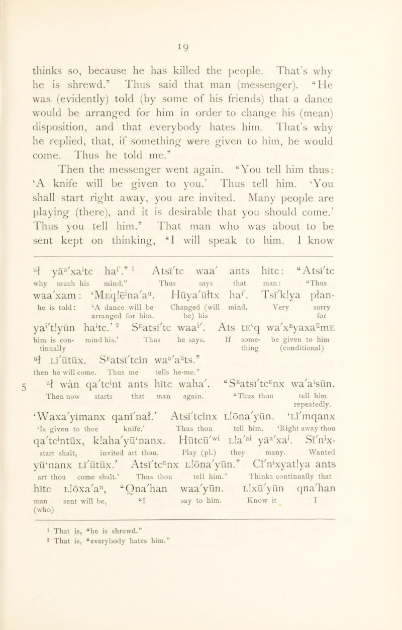 Ol thinks so, because he has killed the ])eople. ddiat’s why he is shrewd.” Thus said that man (messeiy^er). “He was (evidently) told (by some of his friends) that a dance would be arranged for him in order to change his (mean) disposition, and that everybody hates him. ddiat’s why he replied, that, if something were given to him, he would come. Thus he told me.” Then the messenger went again. “You tell him thus: ‘A knife will be given to you.’ Thus tell him. ‘You shall start right away, you are invited. Many people are playing (there), and it is desirable that you should come.’ d'hus you tell him.” That man who was about to be sent kept on thinking. “ I will speak to him. I know vaYxahc ha^'.” ^ Atsdtc waa ants hitc: “ Atsftc “Thus waakxam : ‘MEq!ehiaT^^ Huyakiltx ha^\ TsiTlya plan- he is told; dance will be arranged for him. Changed (will be) his mind. Very sorry for ya^d!yun hake.’ ^ S^atsbte waa^k Ats tE‘q waY^yaxa^mE him is con- tinually mind his.’ Thus he says. If some- thing be given to him (conditional) ^1 Liditux. S^atsbtcin wa^M^ts.” then he will come. Thus me tells he-me.” H wan qadchit ants hitc wahak “S^atsftc^nx waVsun. Then now starts that man again. “Thus thou tell him repeatedly. Atsbtcinx Llona^yun. Ti^mqanx Thus thou tell him. '^Right away thou HutcT^^ L!a^^^ ya^Ya\ SiTH- Play (pi.) they many. Wanted yu‘nanx LiTtux.’ Atsbtc^nx Llona'yun.” CfnAyatlya ants art thou come shalt.’ Thus thou tell him.” Thinks continually that hitc LloxaT^h “Onadian waa^yun. Lixu^yun qnadian man sent will be, “I say to him. Know it I (who) ‘Waxa^yimanx qanbnak’ Us given to thee knife.’ qadcTtux, k!aha^yu‘nanx. start shalt, invited art thou. ' That is, “he is shrewd.” 2 That is, “everybody hates him.”