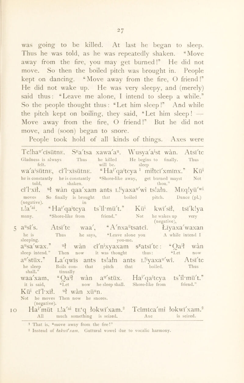 av lO 27 was going to be killed. At last he began to sleep. I'hiis he was told, as he was repeatedly shaken. “Move away from the fire, you may get burned!” fie did not move. So then the boiled pitch was brought in. People kept on dancing. “ Move away from the fire, O friend I” He did not wake up. He was very sleepy, and (merely) said thus: “Leave me alone, I intend to sleep a while.” So the people thought thus: “Let him sleep!” i\nd while the pitch kept on boiling, they said, “Let him sleep! — Move away from the fire, () friend!” But he did not move, and (soon) began to snore. People took hold of all kinds of things. Axes were Tc!ha^i^cisutnK. S^ahsa xawaH^\ WusyaMfst wan. AtsPtc Oladness is always Thus he killed He begins to finally. Thus felt. will be. sleep waMLutnE, cid'xisutnK. “Ha^^qakcya^ miltcPxmlnx.” Krfi he is constantly he is constantly “Shore-like away, get burned mayst Not told, shaken. thou.” cfPxii. H wan qaakxam ants idb'axaAvi ts!ahi. MEq!yrP'^ moves So finally is brought that boiled pitch. Dance (ph) (negative). in L!a many. a^ksi s. he is sleeping, iiu “Ha^'qahcya ts’iPmiPt.” Kif kwhsil, tsPk!ya “Shore-like from friend.” Not he wakes up very (negative), AtsVtc waa^, “ AMxa^tsatci. LiyaxaLvaxan he says, “Eeave alone you A while intend I you-me. a'ksa wax. H wan ciMfxvaxam s^atsihc: “Gad wan sleep intend.” Then now it was thought thus; “I>et now a^^stux.” La^qwis ants tsiafn ants L!^yaxa^Avi. AtsLtc Thus he sleep shall.” that pitch that boiled. Thus Boils con- tinually “Gad wan a^^Atux. Ha^^qadcya ts’ikmrPt.” waa xam, it is said, “I.et now he sleep shall Krf cfPxlk H wan xu^n. Not he moves Then now he snores, (negative). Ha^^mut L!a^^^ tE^q fokwPxam.' All much something is seized. Shore-like from friend.’ TcimtcaMii fokwPxam.' Axe is seized. 1 That is, “move away from the fire!” - Instead of ^akwl'xam. Guttural vowel due to vocalic harmony.