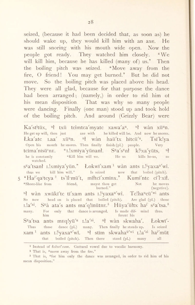 seized, (because it had been decided that, as soon as) he should wake up, they would kill him with an axe. He was still snoring- with his mouth wide open. Now the people got ready. They watched him closely. “We will kill him, because he has killed (many of) us.” Then the boiling pitch was seized. “Move away from the fire, O friend! You may get burned.” But he did not move. So the boiling pitch was placed above his head. They were all glad, because for that purpose the dance had been arranged; (namely,) in order to rid him ot his mean disposition That was why so many people were dancing. Finally (one man) stood up and took hold of the boiling pitch. And around (Grizzly Bear) were 5 KaTdtux, H txu tcimtcaTiyatc xawaG^^ wan xu^^n. lie get up will, then just axe with he killed will be. And now he snores. FkaGtc Laa^ xu^^n. H wan haudx hitci/^. Tskkiva Open his mouth he snores. Then finally finish (pi.) people. Very tcimahiisrkiiE. “Llxmiya^yunanl'. S^aT^nl' klNa^yuts, he is constantly “Kill him will we. He us kills he-us, so watched. s^adsanf Llxmiya^yun.” Fokwkxam ^ wan ants Ll^yaxa^^Vi. now thus we kill him will.” Is seized “Ha^^qadcya” ts’ibmrkt, miftckxminx.” “Shore-like from friend, mayst thou get burned.” i wan xwakktc tfxam ants LlNaxa^dvi So now head on is placed that boiled (pitch). Lla^^b S^a ataT ants ma^qllnutnE.^ HuyaTiltx ha^' s^'adsa.^ many. Eor only that dance is arranged. Is made dif- mind thus, him u that boiled (pitch). KumiTtc cid'xik Not he moves (negative). Tclha^^crk'^i ants Are glad (pi.) those Is made dif- ferent his SWtsa ants niEqlyiG^ nla^^f ^d wan skwahak Lokwk- Thus those dance (pi.) many. Then finally he stands up. Is seized xam ^ ants id^yaxa^Vi. H stim skwaha^^^^'^ nla^^^ ha^diiut that boiled (pitch). Then there stand (ph) many all * Instead of laktvl'xam. Guttural vowel due to vocalic harmony. 2 That is, “move away from the fire.” 3 That is, “for him only the dance was arranged, in order to rid him of his mean disposition.”