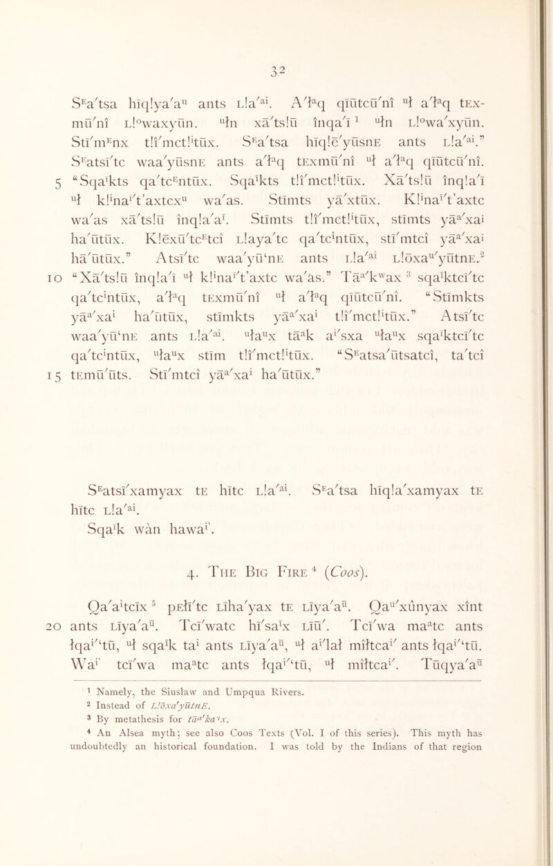 S^a^tsa hiqlya^a^^ ants L!a^\ qmtcii^ni a^l^q tEx- mu^ni Llowaxyun. xa^tslu inqa^i ^ ^\n Ll^wa^xyOn. Stl^m’^nx t!fmct!^tux. S^a^tsa hiqle^yOsnE ants L!a^^^” S^'atsl^tc waa^yusnE ants a^l^q tExmu^ni a^l^q qlutcu^ni. 5 “Sqa'kts qa'tc^^ntux. Sqa^ts tlfmctlkux, Xa^tslu inq!ai klina^^t’axtcx^^ waXs. Stimts yaXtux. Ki^na^^t’axtc waXs xa^ts!u inqlaX^. Stimts t!i^mct!^tux, stimts ya^Xai ha'utux. K!exrktc^tci iJaya'tc qa^tc^ntux, stfmtci ya^Xai haXitux.” Atsktc waa^yfknE ants Lloxa^^yutnE.^ lo ‘‘Xa^tsIO inq!a^i H klHia^^t’axtc waXs.” Ta^^k'^'ax ^ sqa^ktcktc qa^tc^ntux, a^i^q tExmuAi a^l^q qiutcrkni. “Stimkts ya^Xa^ ha^utnx, stimkts ya^Xa^ t!r mctl^tux.” Atsktc waa^yn^iE ants Lla^^E ta^k a^Xxa ^^la^^x sqaXtcftc qa^tcXtux, ^^ta^^x stim tifmctl^tux. “S^atsaXitsatci, ta^tci 15 tEmuXits. Stkmtci ya^Xa^ haXtnx.” S^atsiXamyax tE hitc L!a^^\ S^^a^tsa hiqIaXamyax tE hitc SqaX wan hawa^'. 4. The Big Fire(Coos). OaXkcix ^ pElktc Liha^yax tE LiyaX^. Oa^^Ximyax xint 20 ants LlyaX^. Tckwatc hiXaX Link Tckwa ma^tc ants Iqa^^^tu, H sqaX ta^ ants LlyaX^\ a^kal miltca^^ ants IqT^^tii. Wa^' tckwa ma^tc ants Iqa^^^tu, mihca^k TuqyaX^^ ’ Namely, the Siuslaw and Umpqua Rivers. Instead of Lloxa'yutnE. 3 By metathesis for ta^'ka'‘x. ^ An Alsea myth 5 see also Coos Texts (Vol. I of this series). This myth has