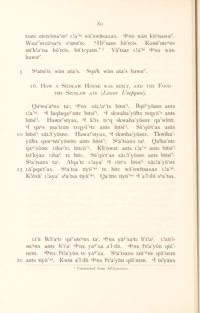 tsatc nictcima^m^^ wa^nwitsaxax. ^i^nx wan ku^^nawa^^ Waa^^mxu^sa^^x s^'atsktc. “Hr^sans hu^tcis. Kumkntc^ns mkk!a‘na huktcls, hiktcyans.” ^ Ya^tsac Lla^^^ ^^l^nx wan hawa^^ 5 S^atsktc wan ataY. Sqa^k wan ataY hawa^k 16. How A SiusLAW House was built, and the Food TtiE SiusLAW ATE [Lower Umpqtio). Oa^wa^a^nx ta\ H^nx xaiJa^^tx hitsku Rqe^^yusnE ants Lla^^k H Hqfaqa^^Yltc hitsku H skwaha^yuitx tEqyu^^ ants hltskk Hawa^Ytyax, H k!ix tE‘q skwaha^yusnE qa^winti. H qa^^x ma^tcun tEqyik^tc ants hitskk Su^quk’ax ants ro hitsH xaLikyusnE. Hawa^Ytyax, H tkwlha^yusnE. Tkwiha^- yukx qaw^^ntkyuwitc ants hitskk S^a^tsanx taL Oa^haYtc qa^^Yuntc Liha^^tx hitcu^^U Klknwat ants Lla^^^ ants hitsk^ tckkyax Liha^^ tE hitc. SikqiUt’ax xaLlkyusnE ants hitsku S’^aksanx taU Alqa^tc Llaya^ H cln^^x hitsH xaula^yiknE 15 La^pqa^t’ax. S^a^tsa tiyik'^^ tE hitc waYwitsaxax Lla^^L K!exu^ Llaya^ s^a^tsa tiyik'^’L Oa^tltc tlyu^''’^ H ak'du s^a^tsa. Lku Ikikakc qa^Ytc^nx tak ^l^nx ya^Yakc IktlaU Llxiki- stc^nx ants It’ka^ H^nx ya^Ya ad’du. ^d^nx ktia^yun qlik- nEm. ^Fnx ktla^yun tE ya^Ya. S^a^tsanx xnk'^iiE qiuYEm 2C ants tiyu^^L Kwln ad'du H^nx ktia^yun qiYnEm. H ts!yanx