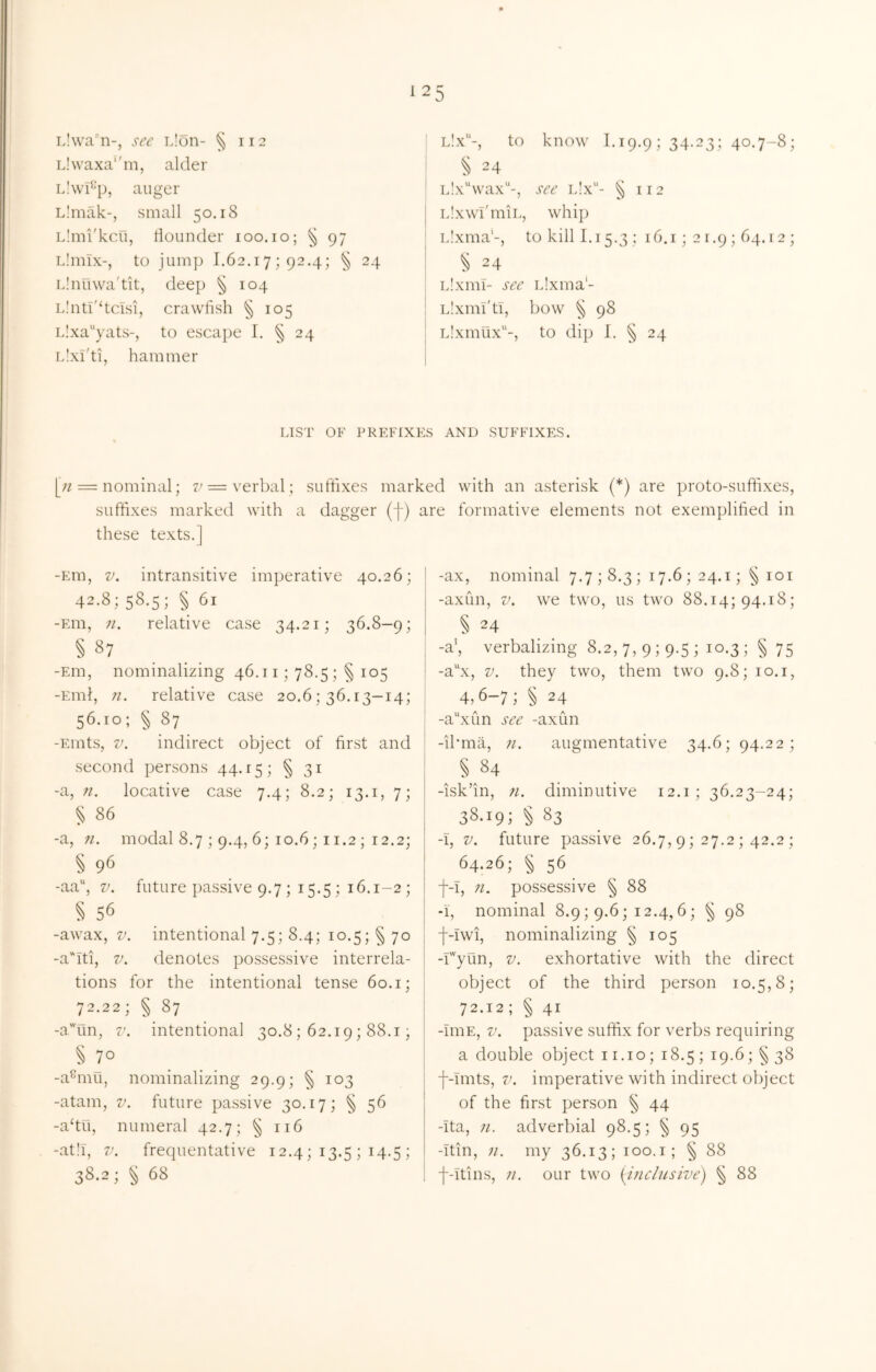 Llwa!!-, sec Lion- ^ 112 L!\vaxa‘'m, alder lIwI^'P, auger Limak-, small 50.18 Llmi'kcu, tiounder 100.10; ^ 97 Limix-, to jump 1.62.17; 92.4; 24 Llnuwa'tit, deep § 104 Linti'dcisi, crawlish § 105 Llxa^'yats-, to escape I. § 24 Llxi'ti, hammer l!x“-, to know 1.19.9; 34-23; 40-7-8; § 24 Llx^wax-, see lIx- § 112 LlxwI'miL, whip Lixma'-, to kill 1.15.3 : 16.1; 2 r.9 ; 64. r 2 ; ^ 24 Lixnn- see iJxma’- Llxml'ti, bow § 98 Lixmux-, to dip I. § 24 LIST OF PREFIXES AND SUFFIXES. [;/ = nominal; 7/ = verbal; suffixes marked with an asterisk (*) are proto-suffixes, suffixes marked with a dagger (j-) are formative elements not exemplified in these texts.] -Em, V. intransitive imperative 40.26; 42.8; 58.5; § 61 -Em, 71. relative case 34.21; 36.8-9; § 87 _ : -Em, nominalizing 46.11; 78.5; § 105 ! -Eml, ?i. relative case 20.6 ; 36.13—14; 56.10; § 87 -Enits, V. indirect object of fir.st and ! second persons 44.15; § 31 -a, n. locative case 7.4; 8.2; 13.i, 7; § 86 -a, 71. modal 8.7 ; 9.4, 6; 10.6 ; 11.2 ; 12.2; § 96 -aa“, V. future passive 9.7 ; 15.5; 16.1-2; § 56 -awax, V. intentional 7.5; 8.4; 10.5; §70 -a''iti, V. denotes possessive interrela- tions for the intentional tense 60.1; ' 72.22; § 87 -aTm, V. intentional 30.8; 62.19; 88.1; § 70 -a^mu, nominalizing 29.9; § 103 -atam, v. future passive 30.17; § 56 -ado, numeral 42.7; § 116 -atir, V. frequentative 12.4; 13.5 ; 14.5 ; 38.2; § 68 -ax, nominal 7.7; 8.3; 17.6; 24.1; § loi -axLin, V. we two, us two 88.14; 94.18; § 24 -a', verbalizing 8.2, 7, 9; 9.5 ; 10.3; § 75 -a^x, V. they two, them two 9.8; lo.i, 44-7; § 24 -a^xun see -axun -ibma, 71. augmentative 34.6; 94.22; -isk’in, 71. diminutive 12.i; 36.23-24; 38.19; § 83 -1, V. future passive 26.7, 9; 27.2 ; 42.2 ; 64.26; § 56 f-i, 71. possessive § 88 •1, nominal 8.9; 9.6; 12.4,6; § 98 ■f-Iwi, nominalizing § 105 -r'yun, V. exhortative with the direct object of the third person 10.5,8; 72.12; § 41 -iniE, V. passive suffix for verbs requiring a double object i i.io; 18.5 ; 19.6; § 38 f-Imts, V. imperative with indirect object of the first person § 44 -Ita, 71. adverbial 98.5; ^ 95 -Ttin, 71. my 36.13; 100. i; ^ 88 f-Ttins, 71. our two {i7iclusive) § 88