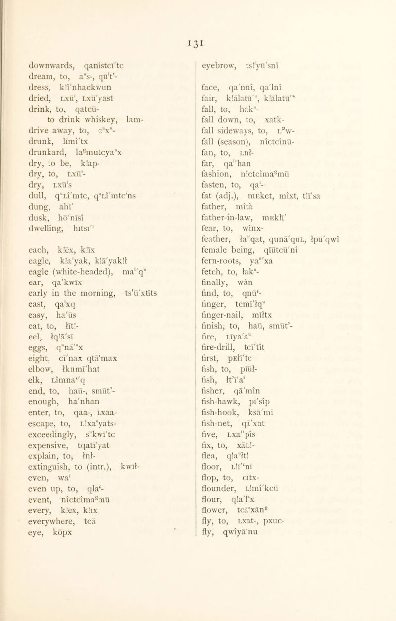 downwards, qanistcl'tc dream, to, a'‘s-, qu't’- dress, k’l'nhackwun dried, lxu‘, Lxu'yast drink, to, qatcu- to drink whiskey, lam- drive away, to, c“x- drunk, llmi'tx drunkard, la^mutcya'‘x dry, to be, k!ap- dry, to, Lxu- dry, Lxu's dull, q^Li'intc, q^u'mtc’ns dung, ahi' dusk, hd'nisi dwelling, hltsi'^ each, k!ex, k!ix eagle, k!a'yak, k!a'yak!l eagle (white-headed), ma''q“ ear, qa'kwix early in the morning, ts’u'xtits east, qa‘xq easy, ha'us eat, to, llt!- eel, lq!a'sT eggs, q^na'^x eight, cT'nax qta'max elbow, Ikumi'hat elk, Limna‘'q end, to, hau-, smut’- enough, ha'nhan enter, to, qaa-, Lxaa- escape, to, L!xa“yats- exceedingly, s“kwl'tc expensive, tqati'yat explain, to, hil- extinguish, to (intr.), kwil- even, wa‘ even up, to, qla‘- event, nictcima^mu every, k!ex, k!ix everywhere, tea eye, kopx eyebrow, ts!‘yu'sni face, (|a'nni, qa'lni I fair, k!alatri'“, k.'alatu' ! fail, to, hak“- ' fall down, to, xatk- fall sideways, to, i°w- fall (season), nictcinu- I fan, to, Lnl- far, qa^'han ' fashion, nictcima^mu fasten, to, qa‘- fat (adj.), niEkct, mixt, t!i'sa father, mita father-in-law, inEkli' I fear, to, winx- ^ feather, la‘'qat, quna'quL, Ipu'qwi 1 female being, qmtcu'ni i fern-roots, ya“'xa ' fetch, to, iak“- ' finally, wan find, to, qnrfi- finger, tcmflq finger-nail, miltx i finish, to, hau, smut’- fire, Liya'a“ fire-drill, tcl'tit I first, pEh'tc j fish, to, plul- fish, It’i'a' I fisher, qa'min I fish-hawk, pi'sip i fish-hook, ksa'ml fish-net, qa'xat i five, Lxa''pis I fix, to, xan!- flea, q!a“lt! floor, L!i'‘nT flop, to, cltx- flounder, Limi'kcu flour, qla'Tx flower, tca“xan^ fly, to, Lxat-, pxuc- fly, qwiya'nu