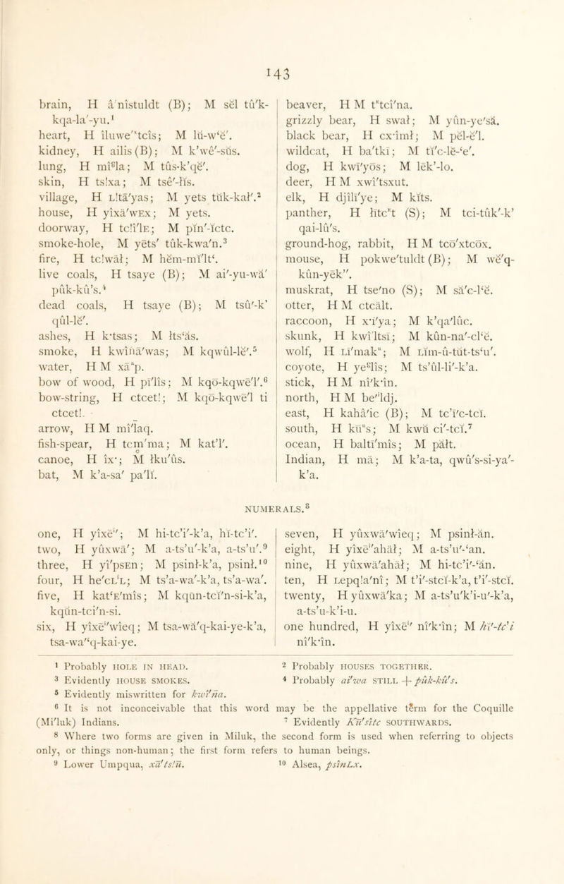 brain, H a'nistuldt (B); M sel tu'k- k(|a-la'-yud lieart, H ilu\ve''tcis; M lu-\v‘e'. kidney, H ailis(B); M k’we'-siis. lung, H mi^la; M tLis-k’({S'. skin, H ts!xa; M tse'-lis. village, H Llta'yas; M yets tuk-kal'.^ house, H yixa'wEx; M yets, doorway, H tcli'lE; M p'm'-ictc. smoke-hole, M yets' tuk-kwa'n.^ fire, H tciwai; M hem-mi'lth live coals, H tsaye (B); M ai'-yu-wa' puk-kiVs.'* * dead coals, H tsaye (B); M tsiV-k’ ([fd-lS'. ashes, H k’tsas; M lts‘as. smoke, H kwiua'was; M kqwul-le'.^ water, H M xa'^j). bow of wood, H pi'lis; M kqo-kqwe'l'.^ bow-string, H ctcet!; M kqo-kqwe'l ti ctcet!. arrow, H M mi'laq. fish-spear, H tcm'ma; M kat’l'. canoe, H ix*; M iku'us. bat, M k’a-sa' pa'li. ' beaver, H M Btci'na. ! grizzly bear, H swal; M yun-ye's^. , black bear, H cxuml; M pel-S'h wildcat, H ba'tkl ; M ti'c-le-‘e'. I dog, H kwl'yos; M lek’-lo. I deer, H M xwi'tsxut. i elk, H djill'ye; M kits. I panther, H litc't (S); M tci-tuk'-k’ I qai-lu's. i ground-hog, rabbit, H M tco'xtcox. j mouse, H pokwe'tuldt (B); M we'q- kun-yek. muskrat, H tse'no (S); M sa'c-be. I otter, H M ctcalt. raccoon, H x'i'ya; M k’qa'luc. skunk, H kwi'ltsi; M kun-na'-che. wolf, H Li'mak“; M Lim-ii-tut-tsfii'. coyote, H ye^lis; M ts’iil-li'-k’a. stick, H M ni'kun. north, H M be'idj. east, H kaha'ic (B); M tc’l'c-tcl. south, H krbs; M kwu ci'-tci.'^ ocean, H balti'mis; M palt. Indian, H ma ; M k’a-ta, qwu's-si-ya'- k’a. NUMERALS.^ one, H yixe; M hi-tc’i'-k’a, hi-tc’i'. two, H yuxwii'; M a-ts’u'-k’a, a-ts’u'.^ three, H yi'psEn; M psinl-k’a, psinl.*® four, H he'cL'L; M ts’a-wa'-k’a, ts’a-wa'. five, H kat^E'mis; M kqun-tci'n-si-k’a, kqun-tci'n-si. six, H yixe''wieq; M tsa-wa'q-kai-ye-k’a, tsa-wa'‘q-kai-ye. seven, H yuxwa'wieq; M psinl-an. eight, H yixe''ahal; M a-ts’u'-‘an. nine, H yuxwa'ahal; M hi-tc’i'-‘an. ten, H Lepqla'ni; M t’i'-stci-k’a, t’i'-stci. twenty, Hyuxwii'ka; M a-tshi'k’i-u'-k’a, a-ts’u-k’i-u. one hundred, H yixe'' ni'k'in; M hV-tc^i A /I A m k*in. > Probably HOLE IN HEAD. 2 Probably HOUSES together. ^ Evidently HOUSE smokes. ^ Probably ai'wa ptik-ku's. * Evidently miswritten for kwVna. ‘5 It is not inconceivable that this word may be the appellative t5rm for the Coquille (Mi'luk) Indians. ” Evidently Ku'site southwards. 8 Where two forms are given in Miluk, the second form is used when referring to objects only, or things non-human 5 the first form refers to human beings. Lower Umpqua, xa'tsIU. Alsea, psinLx.