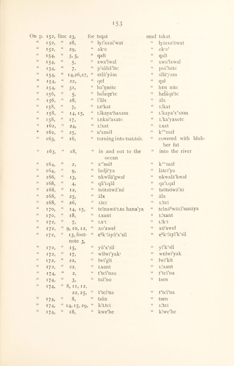 On j). 152, line 23, u 152, a 28, a 152, a 29, u 154, u 3, 5, u 154, u 5, u 154, a h u 154, (1 14,26,27, u 154, u 22, u 154, (( 31, a 156, a 5. a 156, u 28, u 158^ a 7> a 158, u 14, i5j a 158, u 17, a 162, u 24, IL 162, u 25> U 163, u 16, a 163, a 18, u 164, u 2, u 164, (C 9. u 166, a ^3, u 168, a 4, a 168, u 12, a 168, a 25. a 168, a 26, a 170, u 14, 15^ u 170, cc 18, li 172, u 7, a 172, cc 9, 10, 12, u 172, cc 13, foot- note 3, (1 172, cc 15, « 172, cc 17, u 172, cc 22, a 172, cc 22, u 174, cc 2, a 174, cc 3, a 174, cc 8, II, 12, 22, 25, u 174, cc 8, <c 174, cc i4»i5.29 u 174, cc 18, for tsqat “ iyi'axai'wat “ ak'e “ qait “ xwa'lwal “ j)’saha'itc , “ sEla'yam “ (lel “ ha'nnetc o ‘‘ helaqe'tc “ I'alx “ LE'kat “ Likaya'haxam “ LEkai'axatc “ Lixat “ u'xmel: “ turning into tsaLtsin “ in and out to the ocean “ x'^'mei “ ladjl'ya “ nkwila'gwai “ qa'nqal “ tsutsuwa'ne “ alx “ Ltci “ tcinawa'LEs hana'ya “ Lxant “ LX’I “ xo'xwei “ e^k'!ayu'x''sil “ yu'x^sil “ wiiwl'yak’ “ hvi'git Lxant “ t’tci'nau “ tsa'no “ t’tci'na “ tsan , “ kiLtcT “ kwe'he read tskat “ iyiaxa'cnvat “ ek'e' “ qalt “ xwa'Ixwal “ psa'hetc “ sila'yam “ oat 1 “ hEn nitc “ helaqe'tc “ alx “ Likat “ L^kaya'x'xEm “ L’ka'yaxetc “ Lxat “ k'*mat “ covered with blub ber fat “ into the river “ k''mat “ latcT'ya “ nkwala'kwat “ qa'nqal “ tsotsowa'nl “ alx “ Lite! “ tcina^waLi'sanaya “ Llxant “ Llk-i “ xo'xw^et w'Etvvi'yak “ twi'kit “ Llxant “ d'tci'na “ tsen “ f'tci'na “ tsen “ Lite! “ k!\ve'he