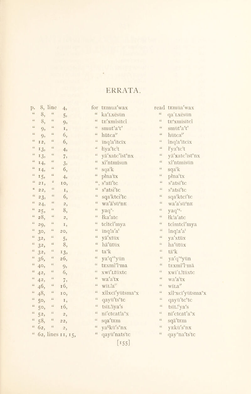 ERRATA. p* 8, line 4, for tEmua'wax read tEmua'wax a 8, cc 5, cc ka'Lxeslin CC qa'Lxesiin u 8, cc 9. cc tF/xmisItci CC tE'xmisItci a 9. cc cc smut’a't’ cc smut’a't’ a 9> cc 6, cc hutca’' cc hutca^' u 12, cc 6, cc Inq!a'itcTx cc inqia'itcix a 13, cc 4, u liya'tck cc Pya'tc’t u 13, cc h cc ya'xatc’isfnx cc ya'xatc’isPnx u 14, cc 3. cc xi'ntmisun cc xi'ntmisun a 14, cc 6, cc sqa'k cc sqa'k a 15. cc 4, cc plnakx cc plnadx a 21, a 10, cc • s'^atl'to cc s'^atsl'to u 22, cc I, cc s^'atsi'tc cc s^'atsl'tc a 23, cc 6, cc sqa’ktci'tc cc sqa'ktci'tc (( 24, cc 2, cc wa'a'siPnE cc wa'a'siPnE a 25. cc 8, cc yaq- cc yaq‘- a 28, cc 2, cc Ika'atc cc ikla'atc cc 29, cc I, cc tcitci'mya cc tcimtci'mya (( 30, cc 20, cc Tnq!a'a‘ cc inqia'a' a 32, cc 5, cc ya'xtux cc ya'xtux cc 32, cc 8, cc ha'utux Ci ha'utux cc 32, cc 13, cc ta’^k cc ta“k cc 36, cc 26, cc ya'q‘’yrin cc ya'q‘yun cc 40, cc 9. cc tExmi'Pma cc tExmi'Pma cc 42, cc 6, cc xwI'Ltuxtc cc xwPLltuxtc cc 42, cc 7, cc wa'akx cc wa'ahx cc 46, cc 16, cc wTL!a'' cc wiLa'' cc 48, cc 10, cc xilxcl'yutsma’'x cc xiPxci'yutsma'' cc 50. cc I, cc qayu'ts'kc cc qayu'tc'dc cc 50, cc 16, cc tsiL Ilya's cc tslLl'ya's cc 52, cc 2, cc nl'ctcatla^x cc nT'ctcat’a'‘x cc 58, cc 22, cc sqa'tEm cc sqa'tEm cc 62, cc 0 cc ya^u's^nx cc yEku's'iix cc 62, lines II, 15, cc qayu'natskc cc qay’‘na'ts'tc [155]