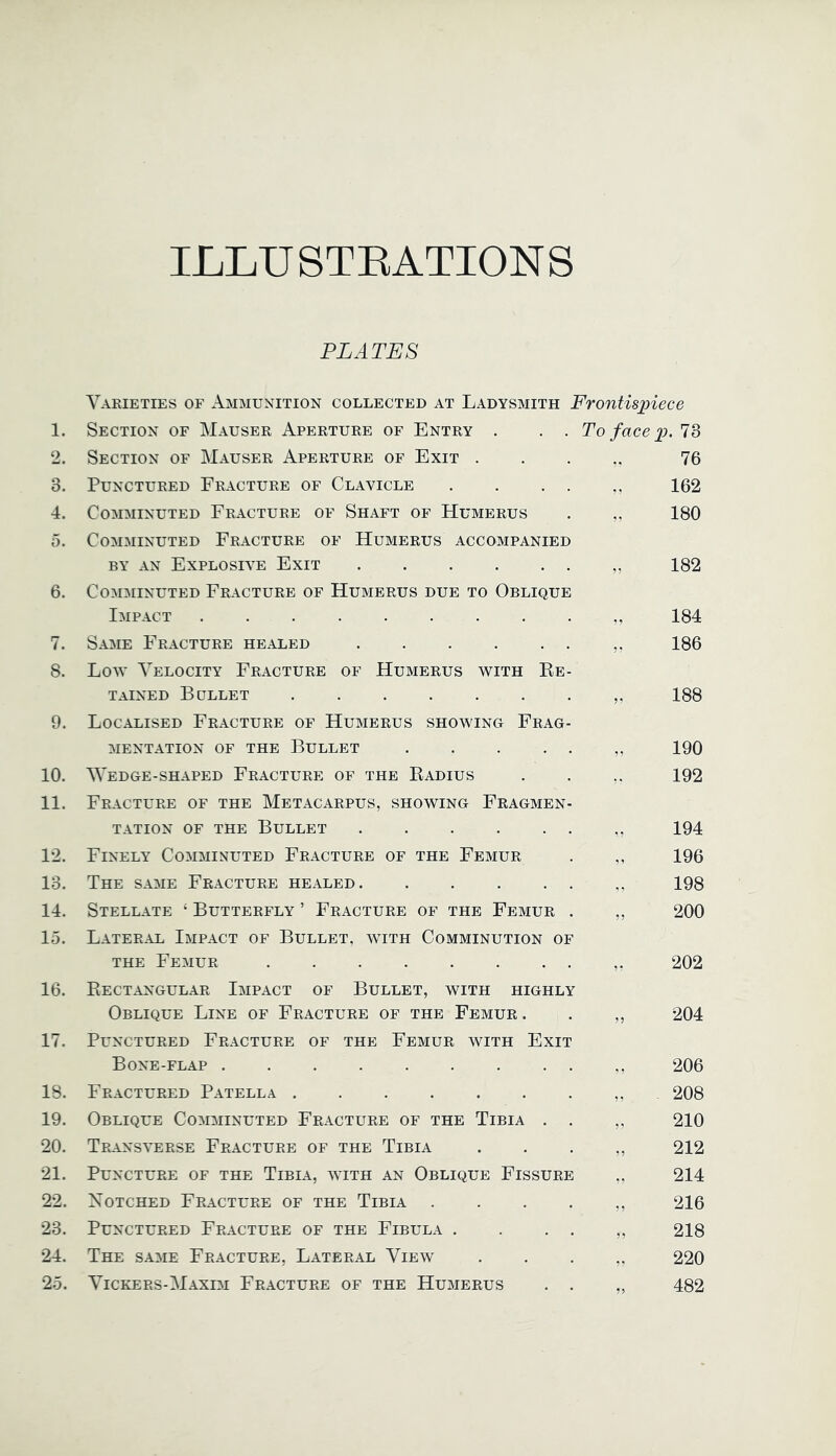 ILLUSTEATIONS PLATES Varieties of Ammunition collected at Ladysmith Frontispiece 1. Section of Mauser Aperture of Entry . . . To face p. 73 2. Section of Mauser Aperture of Exit . . . „ 76 3. Punctured Fracture of Clavicle 162 4. Comminuted Fracture of Shaft of Humerus . ,, 180 o. Comminuted Fracture of Humerus accompanied BY AN Explosive Exit ,, 182 6. Comminuted Fracture of Humerus due to Oblique Impact ,, 184 7. Same Fracture healed ,, 186 8. Low Velocity Fracture of Humerus with Ee- TAiNED Bullet ,, 188 9. Localised Fracture of Humerus shom'ing Frag- mentation OF the Bullet ,, 190 10. Wedge-shaped Fracture of the Radius . . 192 11. Fracture of the Metacarpus, showing Fragmen- tation OF THE Bullet 194 12. Finely Comminuted Fracture of the Femur . ,, 196 13. The same Fracture healed 198 14. Stellate ‘ Butterfly ’ Fracture of the Femur . ,, 200 15. Lateral Impact of Bullet, with Comminution of THE Femur ,, 202 16. Rectangular Impact of Bullet, with highly Oblique Line of Fracture of the Femur. . ,, 204 17. Punctured Fracture of the Femur with Fxit Bone-flap 206 18. Fractured Patella 208 19. Oblique Comminuted Fracture of the Tibia . . ,, 210 20. Transverse Fracture of the Tibia . . . ,, 212 21. Puncture of the Tibia, with an Oblique Fissure ,, 214 22. Notched Fracture of the Tibia . . . . ,, 216 23. Punctured Fracture of the Fibula . . . . ,, 218 24. The same Fracture, Lateral View . . . ,, 220 25. Vickers-Maxim Fracture of the Humerus . . „ 482