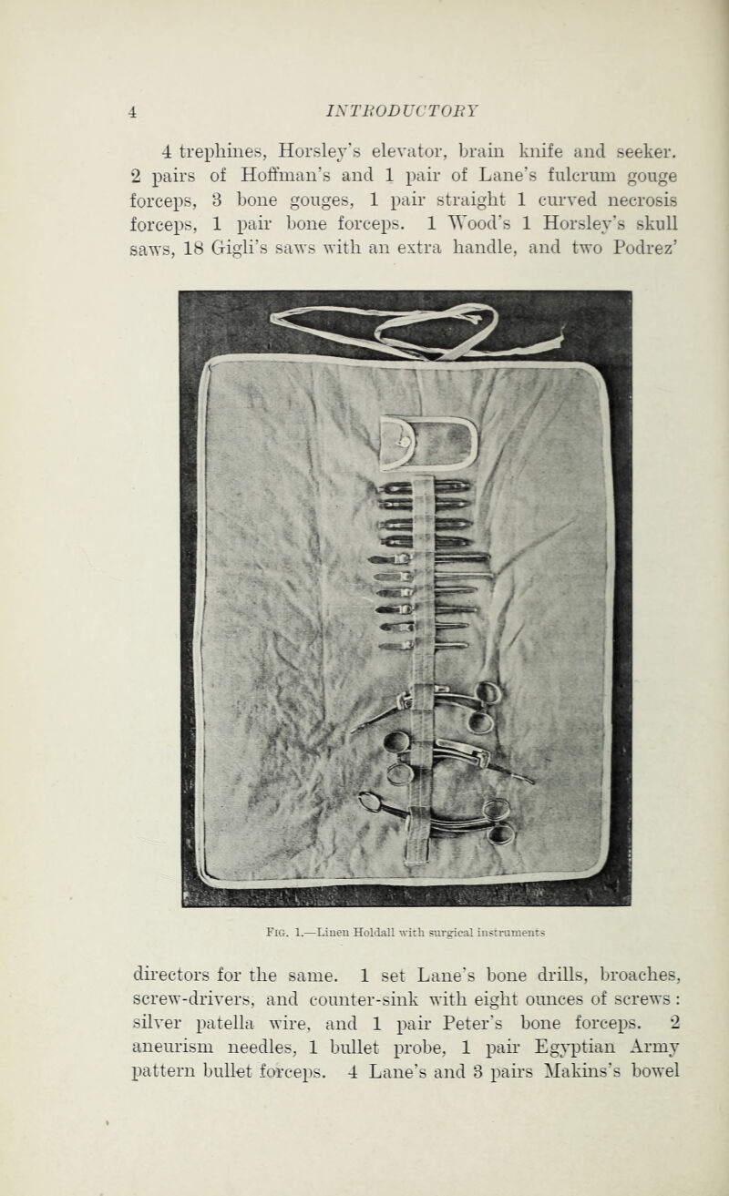 4 trephines, Horsley's elevator, brain knife and seeker. 2 pairs of Hoffman’s and 1 pair of Lane’s fiilcrnm gouge forceps, 3 bone gouges, 1 pair straight 1 curved necrosis forceps, 1 pair bone forceps. 1 Wood’s 1 Horsley's skull saws, 18 Gigli’s saws with an extra handle, and two Podrez’ Fig. 1.—Lineu Holdall with surgical instruments directors for the same. 1 set Lane's bone drills, broaches, screw-drivers, and counter-sink with eight ounces of screws: silver patella wire, and 1 pair Peter’s bone forceps. 2 aneurism needles, 1 bullet probe, 1 pair Egyptian Army pattern bullet forceps. 4 Lane’s and 3 pairs Makms’s bowel