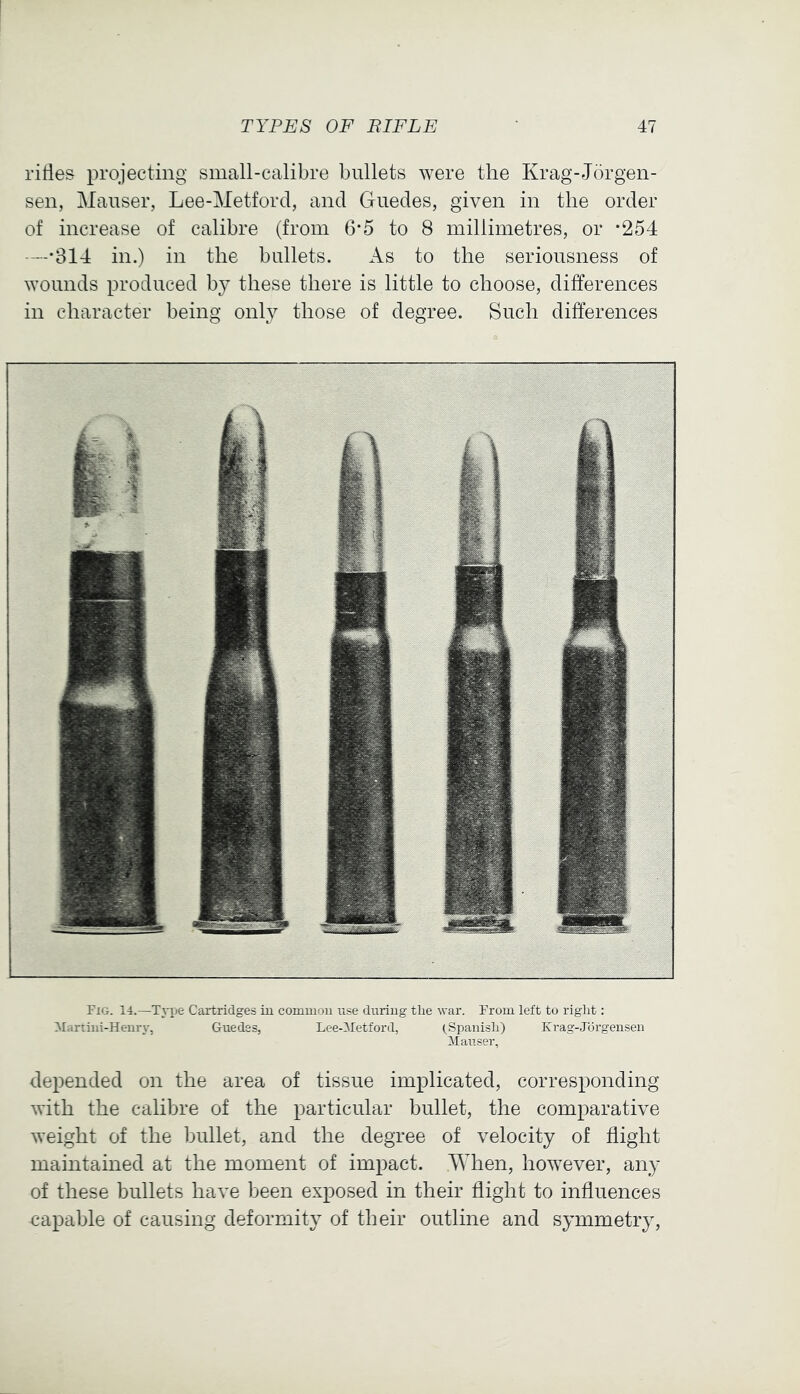 rides projecting small-calibre bullets were the Krag-Jorgen- sen, Mauser, Lee-Metford, and Guedes, given in the order of increase of calibre (from 6*5 to 8 millimetres, or *254 •—*314 in.) in the bullets. As to the seriousness of wounds produced by these there is little to choose, differences in character being only those of degree. Such differences Fig. 14.—Type Cartridges iu common use during the war. From left to right: Martiiii-Heni-y, Guedes, Lee-Wetford, (Spanish) Krag-Jorgensen Mauser, depended on the area of tissue implicated, corresponding with the calibre of the particular bullet, the comparative weight of the bullet, and the degree of velocity of dight maintained at the moment of impact. When, however, any of these bullets have been exposed in their dight to induences capable of causing deformit} of their outline and symmetry.
