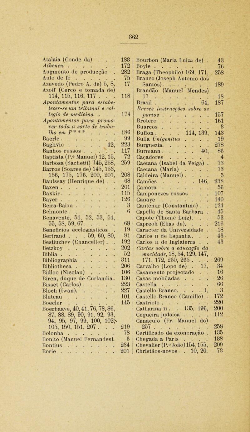 Atalaia (Conde da) . . . Atheneu Augmento de producção . Auto de fé Azevedo (Pedro A. de) 5, 8. Azoff (Cerco e tomada de) 114, 115, 116, 117 .. . Apontamentos para estabe- lecer-se um tribunal e col- legio de medicina . . . Apontamentos para promo- ver toda a sorte de traba- lho em P * * * . Baerle Baglivio 42, Banhos russos Baptista (P.e Manuel) 12.15, Barbosa (Sachetti) 145,258, Barros (Soares de) 145, 153, 156, 175, 176. 200, 201, Baulssay (Henrique de) . . Baxen Baxkir Bayer Beira-Baixa Belmonte Benavente, 51. 52, 53, 54, 55, 58, 59. 67 Benefícios ecclesiasticos . Bertrand . . . 59, 60, 80, Bestiuzhev (Chancellcr) . . Betzkoy Biblia Bibliographia Bibliotheca Bidloo (Nicolau) .... Biren, duque de Curlandia. Bisset (Carlos) Bloch (twan) Bluteau Boeder Boerhaave, 40,41,76,78,86, 87, 88, 89, 90, 91, 92, 93, 94, 95, 97, 99, 100, 102,v 105, 150, 151, 207 . . . Bolonha Bonito (Manuel Fernandes). Bontius 183 172 282 75 t 118 174 186 99 223 117 72 259 208 68 201 115 126 3 6 68 19 81 192 202 52 311 206 106 130 223 227 101 145 219 78 6 I 234 í Bourbon (Maria Luiza de) . 43 Boyle 76 Braga (Theophilo) 169, 171, 258 Branco (Joseph Antonio dos Santos) 189 Brandão (Manuel Mendes) 17 18 Brasil 64, 187 Breves instrucções sobre os partos 157 Brotero 161 Buarcos 3 Buílon.... 114, 139, 143 Bulia Unigenitus .... 19 Burguezia 278 Burmann 40, 86 Caçadores 4 Caetana (Isabel da Veiga) . 73 Caetana (Maria) .... 73 Caldeira (Manuel) .... 5 Camões 146, 238 Çarnora 56 Camponezes russos . . . 107 Canaye 140 Cantemir (Constantino) . . 124 Capella de Santa Barbara . 45 Capote (Thomé Luiz). . . 53 Capreoli (Elias de). . . . 216 Caracter da Universidade 18 Carlos ii de Espanha. . . 43- Carlos ii de Inglaterra . . 43 Cartas sobre a educação da mocidade, 18, 54,129, 147, 171, 172, 260, 265 .. . 269 Carvalho (Lopo de) . 17, 34 Casamento projectado . . 16 Casas mobiladas .... 26 Castella 66 Castello-Branco. ... 1, 3 Castello-Branco (Camillo) . 172 Castrioto , . 220 Catharina n . . 135, 196, 200 Cegueira judaica .... 112 Cenáculo (Fr. Manuel do) 257 258 Certificado de exoneração . 135 Chegada a Paris .... 138 Chevalier (P.° João) 154,155, 209