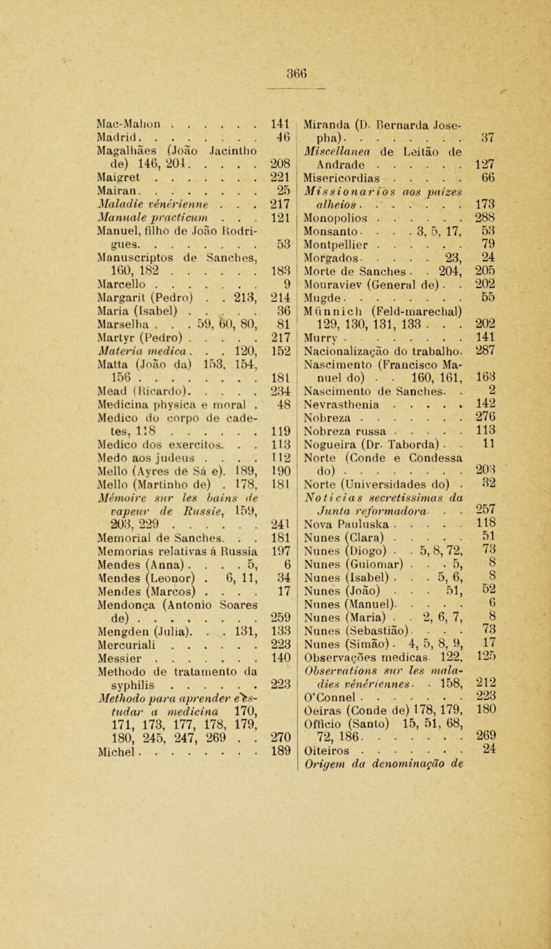 360 Mac-Mahon Madrid Magalhães (João Jacintho de) 146, 204 Maigret Mairan Maladie vénérienne . Manuale practicum . . . Manuel, filho de João Rodri- gues Manuscriptos de Sanches, 160, 182 Marcello Margarit (Pedro) . . 213, Maria (Isabel) Marselha . . . 59, 60, 80, Martyr (Pedro) Matéria medica. . . 120, Matta (João da) 153. 154, 156 Mead (Ricardo) Medicina physica e moral . Medico do corpo de cade- tes, 118 Medico dos exercitos. Medo aos judeus . Mello (Ayres de Sá e). 189, Mello (Martinho de) . 178, Mémoire sur les bains de vapeur de Russie, 159, 203, 229 Memorial de Sanches. . . Memórias relativas á Rússia Mendes (Anna) .... 5, Mendes (Leonor) . 6, 11, Mendes (Marcos) . . . . Mendonça (Antonio Soares de) Mengden (Julia). . . 131, Mercuriali Messier Methodo de tratamento da syphilis Methodo para aprender e^s- tudar a medicina 170, 171, 173, 177, 178, 179, 180, 245, 247, 269 . . Michel 141 46 208 221 25 217 121 53 183 9 214 36 81 217 152 181 234 48 119 113 ! 112 ! 190 I 181 241 181 197 6 34 17 . 259 133 223 í 140 223 270 Miranda (I). Bernarda Jose- pha) Miscellanea de Leitão de Andrade Misericórdias . . . . . Missionários aos paizes alheios. - . . . . Monopolios Monsanto- . . . 3, 5, 17, Montpellier Morgados 23, Morte de Sanches . . 204, Mouraviev (General de) - . Mugde Münnich (Feld-marechal) 129, 130, 131, 133 .. . Murry Nacionalização do trabalho. Nascimento (Francisco Ma- nuel do) . . 160, 161, Nascimento de Sanches- - Nevrasthenia Nobreza Nobreza russa Nogueira (Dr- Taborda) • Norte (Conde e Condessa do) Norte (Universidades do) - Noticias secretíssimas da Junta reformadora ■ ■ Nova Pauluska Nunes (Clara) Nunes (Diogo) - - 5, 8, 72, Nunes (Guiomar) ... 5, Nunes (Isabel) . . . 5, 6, Nunes (João) . . . 51, Nunes (Manuel) Nunes (Maria) . . 2, 6, 7, Nunes (Sebastião) • . . • Nunes (Simão). 4, 5, 8, 9, Observações medicas 122, Observations sur les mala- dies vénériennes • • 158, 0’Connel Oeiras (Conde de) 178, 179, Officio (Santo) 15, 51, 68, 72, 186 Oiteiros Origem da denominação de 37 127 66 173 288 53 79 24 205 202 55 202 141 287 163 2 142 276 113 11 203 32 257 118 51 73 8 8 52 6 8 73 17 125 212 223 180 269