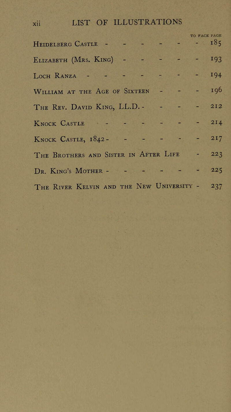 LIST OF ILLUSTRATIONS TO FACE PAGE Heidelberg Castle - - - - - -185 Elizabeth (Mrs. King) - - - - ~ ^93 Loch Ranza - - - - - - - I94 William at the Age of Sixteen - - - 196 The Rev. David King, LL.D. - - - - 212 Knock Castle - - - - - -214 Knock Castle, 1842- - - - - - 217 The Brothers and Sister in After Life - 223 Dr. King’s Mother - - - - - -225 The River Kelvin and the New University - 237