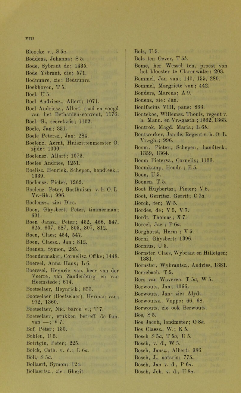 vil] Bloocke Y., vS 5a. - ' lioddeus, Johnnna; S o. Bode, Sybraut de; 1485. Bode Ysbrant, die; 571. Boduunrc, zie: Boduunre. Boekhoven, T 5. Boel, U5. Boel Aüdriesz., Allert; 1071. Boel Andriesz., Allert, raad en voogd van het Bethaniën-couvent, 1176. Boel, G., secretaris; 1102. Boele, .Tan; 351. Boele Petersz., Jan; 284. Boelonz. Aemt, lluiszittenmcester O. zijde; 1000. Boolensz. Allart; 1073. Boeles Andries, 1251. Boelisz. Henrick. Schepen, handteek.; 1339. Boclcnsz. Pieter, 1262. Boelenz. Peter. Gasthuism. v. h. O. L. Vr.-Gh.; 996. Boelensz., zie: Dirc. Boen, Gbysbert. Peter, timmerman; 601. Boen Jansz., Peter; 452, 466, 547. 625, 637, 687, 805, 807, 812. Boon, Claes; 454, 547. Boen, Claesz., Jan; 812. Boenen, Symon, 285. Boendormaker, Cornelisz. Offke; 1448. Boersel, Anna Hans; L 6. Boerssel, Heynric van, heer van der Veerre, van Zandenbnrg en van Heemstede; 614. Boetselaer, Heynrick; 853. Bootselaer (Boetselaer), Hei'man van; 972, 1360. Boetselaer, Nic. baron v.; T 7. Boetselaer, stukken betreflf. de fam. van —; V 7. Bof, Peter; 130. Bohlen, U 5. Boirtgin, Peter; 225. Bolck, Cath. v. d.; L 6a. Boll, S 5a. Bollacrt, Symon; 124. Bols, U 5. Bols ten Oever, T ob. Bome, her Wessel ten, proest van het klooster te Clai'enwater; 203. Bommel, Jan van; 140, 155, 280. Bommel, Margriete van ; 442. Bonders, Marcus; A 9. Bonenz, zie: Jan. Bonifacius VIII, paus; 863. Bontekoe, Willemsz. Thonis, regent v. h. Mann. en Vr.-gasth.; 1362,1363. Bontrok, Magd. Maria; L 6i. Bontwerker, Jan de. Regent v. h, O. L. Vr,-gh.; 996. Boom. Pieter, Schepen, handteek., 1359, 1364. Boom Pietersz., Cornelis; 1133. Boomkamp, Hendr.; E 5. Boon, U 5. Boonen, T 5, Boot Huybertsz., Pieter; V 6. Boot, Gerritsz. Gerrit; C 7a. Borch, ter; W 5, Bordes, de; V 5, V 7. Bordt, Thomas; X 7. Boreel, Jac.; P 6a. Borghorst, Herm.; V 5. Borni, Gbysbert; 1396. Bornius, U 5. Bornster. Claes, Wybrant en Hilletgen; 1381. Bornster, Wybrantsz.. Andries, 1381. Borrebach, T 5. Bors van Waveren, T 5a, W 5. Borwouts, Jan; 1066. Borwouts, Jan ; zie: Alydt. Borwoutsz., Voppe; 66, 68. Borwouts, zie ook Berwouts. Bos, S 5. Bos Jacob, landmeter; 0 8a. Bos Claesz., W.; K 5. Bosch S 5a, T 5a, U 5. Bosch, V. d., W 5. Bosch, Jansz., Albert; 986. Bosch, J., notaris; 775. Bosch, Jan v. d., P 6a.