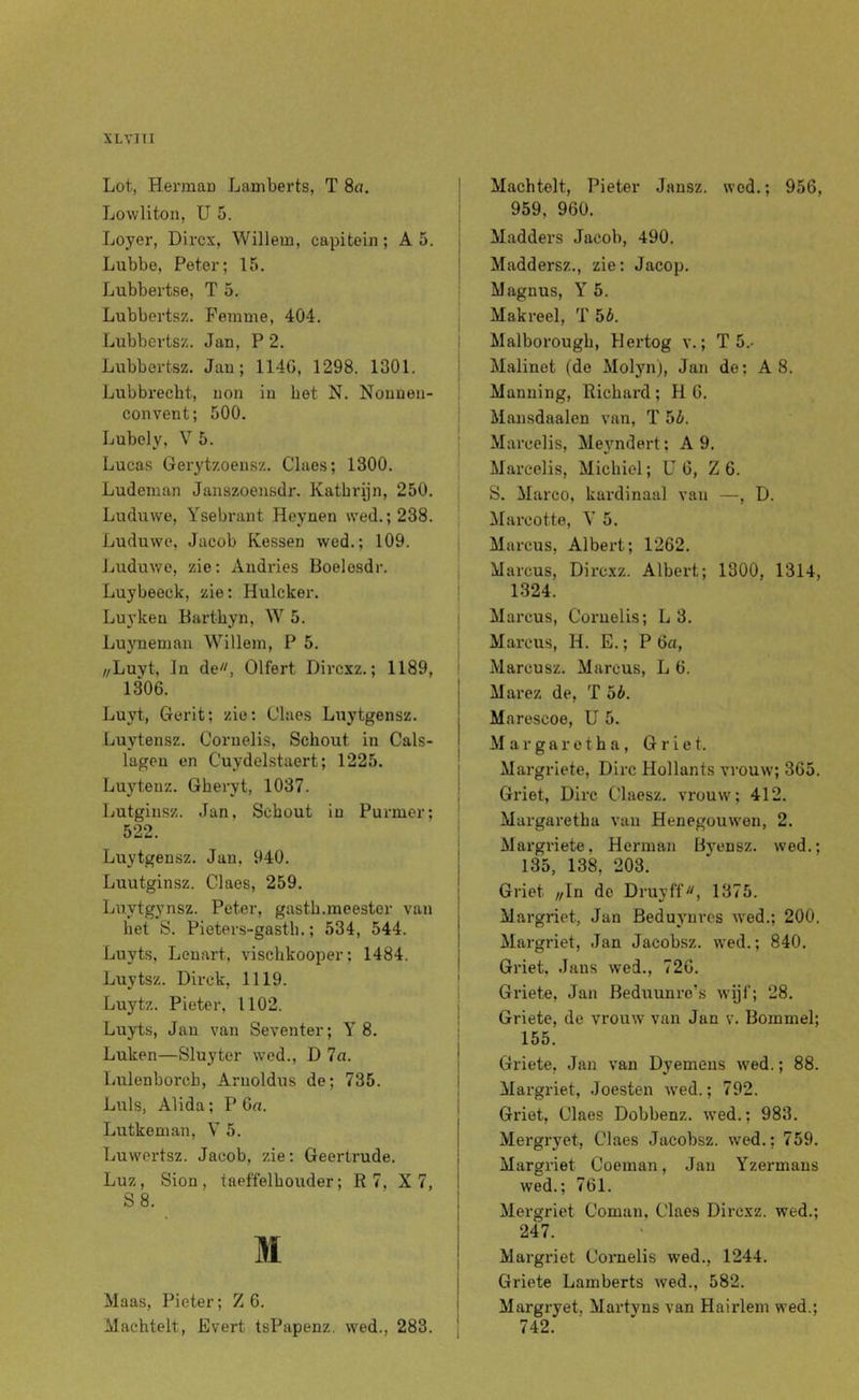 Lot, Herman Lamberts, T 80. Lowliton, ü 5. Loyer, Direx, Willem, capitein; A 5. Liibbe, Peter; 15. Lubbertse, T 5. Lubbertsz. Femme, 404. Lubbertsz. Jan, P 2. 1 Lubbertsz. Jan; 114G, 1298. 1301. Lubbrecht, non in het N. Nonnen- ! convent; 500. Lubely, V 5. 1 Lucas Gerytzoeusz. Claes; 1300. Ludeman Janszoeiisdr. Katbryn, 250. Luduwe, Ysebrant Hcynen wed.; 238. Luduwc, Jacob Kessen wed.; 109. Jjuduwo, zie: Andries Boelesdr. Luybeeck, zie: Hulcker. ■ Luyken Barthyn, W 5. Luyneman Willem, P 5. //Luyt, In de, Olfert Dircxz.; 1189, 1306. Luyt, Gerit; zie: Claes Luytgensz. Luytensz. Coruelis, Schout in Cals- lageu en Cuydelstaert; 1225. Luytenz. Gberyt, 1037. Lutginsz. Jan, Schout in Purmer; 522. Luytgensz. Jan, 940. Luutginsz. Claes, 259. Luytgynsz. Peter, gasth.meester van het S. Pieters-gasth.; 534, 544. Luyts, Lenart, vischkooper; 1484. Luytsz. Dirck, 1119. Luytz. Pieter, 1102. Luyts, Jan van Seventer; Y 8. • Luken—Sluyter wed., D 7a. j Lulenborcb, Arnoldus de; 735. i Luis, Alida; P 60. j Lutkeman, V 5. j Luwertsz. Jacob, zie: Geertrude. j Luz, Sion , taeffelhouder; R 7, X 7, ! S8. Maas, Pieter; Z 6. | Machtelt, Evert tsPapenz. wed., 283. | Machtelt, Pieter Jansz. wed.; 956, 959, 960. Madders Jacob, 490. Maddersz., zie: Jacop. Magnus, Y 5. Makreel, T hb. Malborough, Hertog v.; T 5.- Malinet (do Molyn), Jan de; A 8. Manning, Richard ; H 6. Mansdaalen van, T 5Z». Marcelis, Me3mdert; A 9. Marcelis, Michiel; U 6, Z 6. S. Marco, kardinaal van —, D. Mareotte, Y 5. Marcus, Albert; 1262. Marcus, Dirc.xz. Albert; 1300, 1314, 1324. Mai'cus, Cornelis; L 3. Marcus, H. E.; P 6ci, Marcusz. Marcus, L 6. Marez de, T öb. Marescoe, U 5. M a r g a r e t h a, Griet. Margriete, Dirc Hollants vrouw; 365. Griet, Dirc Claesz. vrouw; 412. Margaretha van Henegouwen, 2. Margi'iete. Herman Byeusz. wed.; 135, 138, 203. Griet „In de Druyff, 1375. Margriet, Jan Beduynres wed.; 200. Margriet, Jan Jacobsz. wed.; 840. Griet, Jaus wed., 726. Grieto, Jan Beduunre’s wijf; 28. Griete, de vrouw van Jan v. Bommel; 155. Griete, Jan van Dyemens wed.; 88. Margriet, Joesten w'ed.; 792. Griet, Claes Dobbenz. wed.; 983. Mergryet, Claes Jacobsz. wed.: 759. Margriet Coeman, Jan Yzermans wed.; 761. Mergriet Coman, Claes Dirc.vz. wed.; 247. Margriet Cornelis wed., 1244. Griete Lamberts wed., 582. Margryet. Martyns van Haizdem wed.; 742.