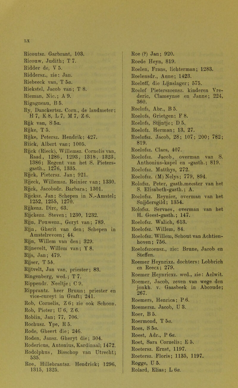 Ricoutsz. Garbrant, 103. Ricouw, Judith; T 7. Ridder de, V 5, Riddersz., zie; Jau. Riebeeck van, T 5a. Riekstel, Jacob van; T 8. Rieman, Nic.; A 9. Rigagnean, B 5. Rv, Danckertsz. Corn., de landmeter; ‘H 7, K 8, L 7, M 7, Z 6. Rijk van, S 5a. Rijke, T 5. Rijke, Petorsz. Hendrik; 427. Riick, Albert van; 1005. Ryck fRieck), Willemsz. Cornelisvan, Raad, 1286, 1293, 1318, 1323, 1386; Regent van het S. Pieters- gasth., 1276, 1335. Rijck, Pietersz. Jan; 921. Rijeck, Willemsz. Reinier van; 1330. Rijck, Jacobsdr. Barbara; 1301. Rijcksz. Jan; Schepen in N.-Amstel; 1252, 1255, 1270. Rijkenz. Dirc, 63. Rijckenz. Steven; 1230, 1232. Rijn, Pouwenz., Geryt van; 789. Rijn, Gherit van den; Schepen in Amstelreveen; 44. Ryn, Willem van den; 329. Rijnevelt, Willem van; Y 8. Rijs, Jan; 479. Rijser, T 56. Rgtvelt, Jan van, priester; 83. Ringenberg, wed.; T 7. Rippendr. Necltje; C 9. Ripprantz. heer Bruun; priester en vice-curoyt in Graft; 241. Rob, Coruelis, Z6; zie ook Schoon. Rob, Pieter; U 6, Z 6. Robiin, Jan; 77, 706. Rochusz. Ype, R 5. Rode, Ghoert die; 246. Roden, Jansz. Gheryt die; 304. Rodericus, Antonius, Kardinaal; 1472. Rodolphus, Bisschop van Utrecht; 535. Roe, Hillebrantsz. Hondrick; 1296, 1315, 1325. Roe (?) Jan; 920. Roede Hoyn, 819. Roeien, Frans, lichterman; 1283. Roelensdr., Anne; 1423. Roeloff, die Lynslager; 575. Roelof Pieterszoensz. kinderen Vre- deric, Clameynse en Janne; 224, 360. Roelofs, Abr., B 5. Roelofs, Grietgen; F 8. Roelofs, Stijntje; D 5. Roelofz. Hei-man; 13, 27. Roolofsz. Jacob, 28; 107; 200; 782; 819. Roolofsz. Claes, 407. Roelofsz. Jacob, overman van S. Anthonius-kapel en -gasth.; 819. Roelofsz. Matthys, 272. Roelofsz. (M)Nelys; 779, 894. Rolofsz. Peter, gasth.meester van het S. Elisabeth-gasth.; A. Roelofsz. Reynior, overman van het Snijdersgild; 1354. Rolofsz. Servaes, overman van het H. Geest-gasth.; 147. Roelofsz. Walich, 613. Roelofsz. Willem, 84. Roelofsz. Willem, Schout van Achtien- hoven; 756. Roelofszoensz., zie: Brune, Jacob en StefiFen. Roemer Heynrixz. dochters: Lobbrich en Reecx; 279. Roemer Heynricxz. wed., zie: Aelwit. Roemer, Jacob, zeven van wege den jonkh. V. Gaasbeek in Abcoude; 267. Roemers, Henrica; P 6. Roemersz. Jacob, U 3. Roer, B 5. Roermond, T 5a. Roes, S 5a. Roest, Adr., P 6a. Roet, Sara Cornelis; E 5. Roetersz. Ernst, 1197. Roetersz. Floris; 1135, 1197. Rogge, U 5. Rolard, Elias; L 6a.