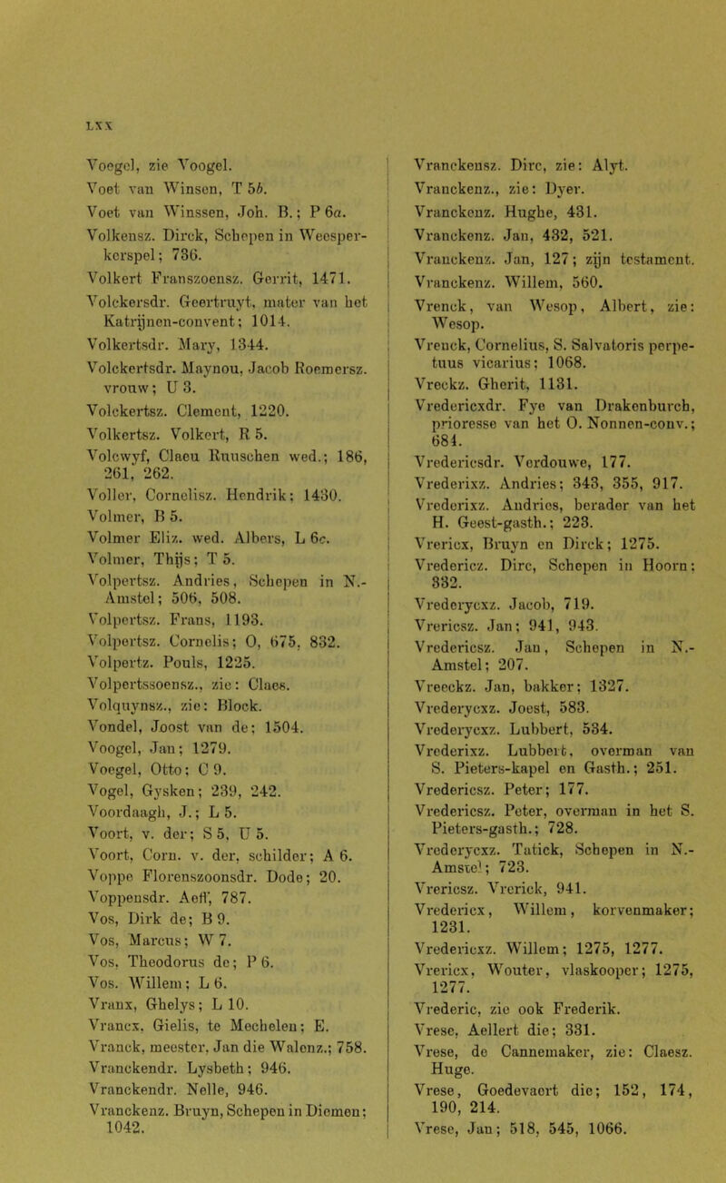 Voege], zie Voogel. Voet van Winsen, T bb. Voet van Winssen, Joh. B.; P 6a. Volkensz. Dirck, Schepen in Weesper- • kerspel; 736. Volkert Pranszoensz. Grerrit, 1471. Volckersdr. Geertruyt, mater van hot Katrynen-convent; 1014. Volkertsdr. Mary, 1344. Volckertsdr. May nou, Jacob Roeraersz. vrouw; U 3. Volckertsz. Clement, 1220. Volkertsz. Volkert, R 5. Volcwyf, Claeu Ruuschen wed.; 186, 26i; 262. Voller, Cornelisz. Hendrik; 1430. Volmer, B 6. Volmer Eliz. wed. Albers, L 6c. Volmer, Thiis; T 5. | Volpertsz. Andries, Schepen in N.- j Amstcl; 506, 508. i Volpertsz. Frans, 1193. ! Volpertsz. Cornelis; O, 675, 832. i Volpertz. Pouls, 1225. Volpcrtssoensz., zie; Clacs. Volquynsz., zie: Block. Vondel, Jnost van de; 1504. Voogel, Jan; 1279. Voogel, Otto; C 9. Vogel, Gysken; 239, 242. Voordaagli, J.; L 5. Voort, V. der; S 5, U 5. Voort, Corn. v. der, schilder; A 6. Voppe Florenszoonsdr. Dode; 20. Voppeusdr. Aefl', 787. Vos, Dirk de; B 9. Vos, Marcus; W 7. I Vos, Theodorus de; P 6. Vos. AVillem; L 6. Vranx, Ghelys; L 10. Vranex, Gielis, te Mechelen; E. Vi-anck, meester, Jan die Walonz.; 758. Vranekendr. Lysbeth; 946. | Vranekendr. Nelle, 946. Vranekenz. Bruyn, Schepen in Diemen; 1042. Vranekeusz. Dirc, zie: Alyt. Vranekenz., zie: Dyer. Vranekenz. Hughe, 431. Vranekenz. Jan, 432, 521. Vranekenz. Jan, 127; zyn testament. Vranekenz. Willem, 560. Vrenek, van Wesop, Alhert, zie: Wesop. Vrenek, Cornelius, S. Salvatoris perpe- tuus vicarius; 1068. Vreckz. Gherit, 1131. Vredericxdr. Fye van Drakonburch, prioresse van het O. Nonnen-conv.; 684. Vrederiesdr. Verdouwe, 177. Vrederixz. Andries; 343, 355, 917. Vrederixz. Audidos, berador van het H. Geest-gasth.; 223. Vrericx, Bruyn en Dirck; 1275. Vrederiez. Dirc, Schepen in Hoorn: 332. Vredcrycxz. Jacob, 719. Vreriesz. Jan; 941, 943. Vrederiesz. Jan, Schepen in N.- Amstel; 207. Vreeckz. Jan, bakker; 1327. Vrederycxz. Joest, 583. Vredei’ycxz. Lubbert, 534. Vrederixz. Lubbert, overman van S. Pieters-kapel en Gasth.; 251. Vrederiesz. Peter; 177. Vrederiesz. Peter, overman in het S. Pieters-gasth.; 728. Vx-cderycxz. Tatick, Schepen in N.- Amstel; 723. Vreriesz. Vrerick, 941. Vredericx, Willem, korvenmaker; 1231. Vredericxz. W^illem; 1275, 1277. Vrericx. Wouter, vlaskooper; 1275, 1277. Vrederic, zie ook Frederik. Vrese, Aellert die; 331. Vrese, do Cannemakcr, zie: Claesz. Huge. Vrese, Goedevaort die; 152, 174, 190, 214. Vrese, Jan; 518, 545, 1066.