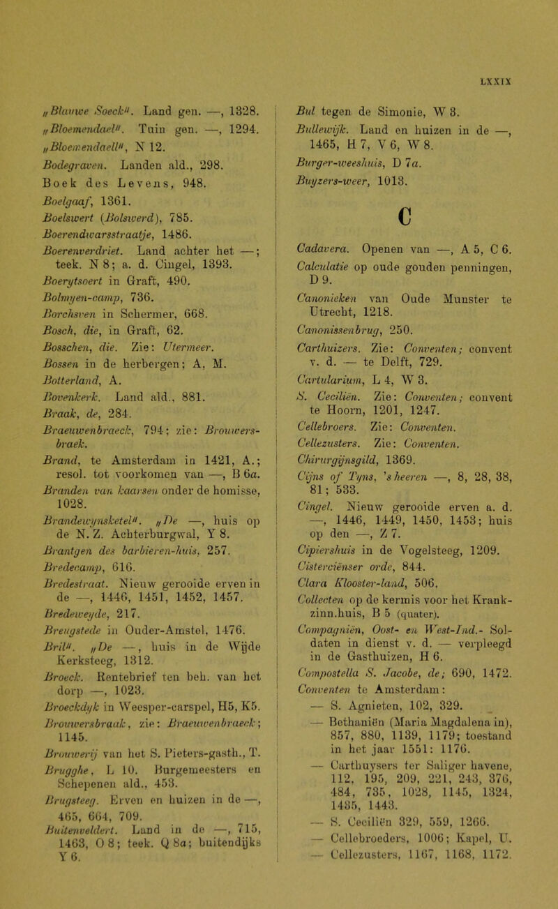 LX XIX „Blauwe Soeck'‘. Land gen. —, 1328. f/BloemendapVi. Tuin gen. —, 1294. „BlocmendaeWi, N 12. Bodegraven. Landen ald., 298. Boek des Levens, 948. Bnelgaaf, 1361. Boelswert [BoUwerd), 785. Boerendwarssiraatje, 1486. Boerenverdriet. Land achter het —; teek. N 8; a. d. Cingel, 1393. Boerytsoert in Graft, 490. Bolnii/m-camp, 736. Borchsven in Schermer, 668. Bosch, die, in Graft, 62. Bosschen, die. Zie; Utermeer. Bossen in de herbergen; A, M. Botterland, A. Bovenkerk. Land ald., 881. Braak, de, 284. Braemvenbraecl:, 794; zie: Brouwers- braek. Brand, te Amsterdam in 1421, A.; resol. tot voorkomen van —, B 6a. Branden van kaarsen onder de homisso. 1028. Brandewi/mketeU'. „De —, huis op de N. Z. Achterburgwal, Y 8. Brantgen des barbieren-huis. 257. Bredenainp, 616. Bredesiraat. Nieuw gerooide erven in de —, 1446, 1451, 1452, 1457. Bredewegde, 217. Brengstede in Ouder-Amstol, 1476. BrWi. „De —, huis in de Wijde Kerksteeg, 1312. Broeck. Rentebrief ten beh. van het dorp —, 1023. Broeckdyk in Weesper-carspel, H5, K5. Brouwersbraak, zie: Braenwenbraeck; 1145. Brouwei’ij van het S. Pieters-gasth., T. Brvgghe, L 10. Burgemeesters en Schepenen ald., 453. Brug.steeg. Erven en huizen in de—, 465, 664, 709. Buiteiiveldert. Land in do —, 715, 1463, 0 8; teek. Q8a; buitendijks Y6. Bul tegen de Simonie, W 3. Btdleiüijk. Land on huizen in de —, 1465, H 7, V 6, W 8. Burgpi'-weeshnis, D 7a. Buyzers-weer, 1013. C Cadavera. Openen van —, A 5, C 6. Calculatie op oude gouden penningen, D9. Canonieken van Oude Munster te Utrecht, 1218. Canonissenbrug, 250. Carthuizers. Zie: Conventen; convent V. d. — te Delft, 729. Cartidarium, L 4, W 3. B. Ceciliën. Zie: Conventeii; convent te Hoorn, 1201, 1247. Cellebroers. Zie: Conventen. Cellezusters. Zie: Conventen. Chirurgijnsgild, 1369. Cijns of Tyns, 's lieeren —, 8, 28, 38, 81; 533. Cinqel. Nieuw gerooide erven a. d. —, 1446, 1449, 1450, 1453; huis op den —, Z 7. Cipiershuis in de Vogelsteeg, 1209. Cisterciënser orde, 844. Clara Klooster-land, 506. Collecten op de kennis voor het Krank- zinn.huis, B 5 (quater). Compagniën, OusU en West-Ind.- Sol- daten in dienst v. d. — verpleegd in de Gasthuizen, H 6. Compostella S. Jacobe, de; 690, 1472. Conventen te Amsterdam; — S. Agnieten, 102, 329. — Bothaniön (Maria Magdalena in), 857, 880, 1139, 1179; toestand in het jaar 1551: 1176. — Carthuysers ter Saliger havene, 112, 195, 209, 221, 243, 376, 484, 735, 1028, 1145, 1324. 1435, 1443. — S. Oecilifn 329, 559, 1266. — Cellebroeders, 1006; Kapel, U. — Cellezusters, 1167, 1168, 1172.