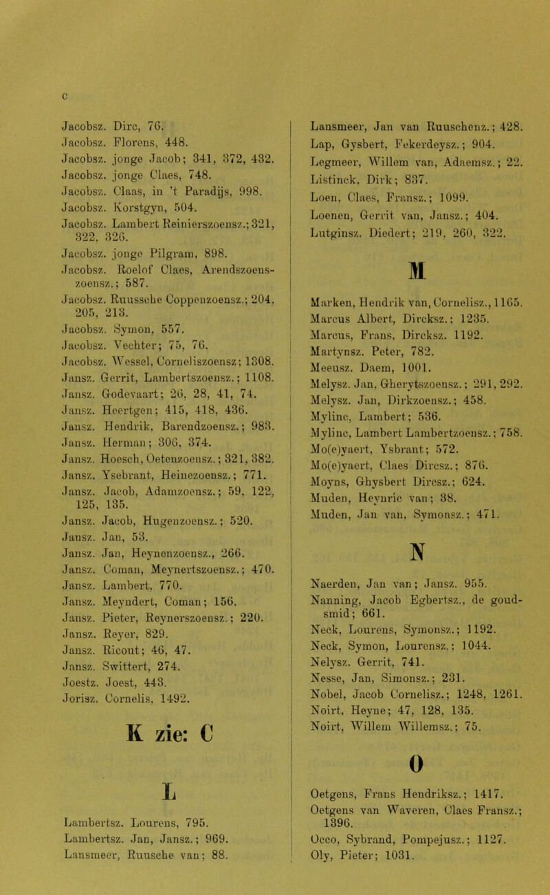 Jacobsz. Dirc, 76. Jacobsz. Florens, 448. Jacobsz. jonge Jacob; 341, 372, 432. Jacobsz. jonge Claes, 748. Jacobsz. Claas, in ’t Paradijs, 998. Jacobsz. Korstgyn, 504. Jacobsz. Lambert Keinierszoeusz.; 321, 322, 326. Jacobsz. jonge Pilgram, 898. Jacobsz. Roelof Claes, Arendszoeus- zoensz.; 587. Jacobsz. Ruusscbe Oopponzoensz.; 204, 205, 213. Jacobsz. Symou, 557. Jacobsz. Vechter; 75, 76. j Jacobsz. Wessel, Cornoliszoensz; 1308. ' Jansz. Gerrit, Lambertszoeusz.; 1108. | Jansz. Godevaart; 26, 28, 41, 74. Jansz. Heertgen; 415, 418, 436. Jansz. Hendrik, Bareudzoensz.; 983. Jansz. Herman; 306, 374. Jansz. Hoeseb, Oeteuzoensz.; 321, 382. .lansz. Ysebrant, Pleinezoensz.; 771. Jansz. Jacob, Adamzoensz.; 59, 122, 125, 135. i Jansz. Jacob, Hugenzoensz.; 520. ! Jansz. Jan, 53. ! Jansz. Jan, Heynonzoensz., 266. Jansz. Coman, Meynertszoensz.; 470. i Jansz. Lambert, 770. | Jansz. Meyndert, Coman; 156. Jansz. Pieter, Reynorszoensz.; 220. Jansz. Royer, 829. Jansz. Ricout; 46, 47. j Jansz. Swittert, 274. | Joestz. Joest, 443. ; Jorisz. Cornelis, 1492. j K zie: C ! Lambertsz. Lourens, 795. Lambertsz. Jan, Jansz.; 969. Lansmeer, Ruusebe van; 88. Lausmeer, Jan van Ruusebonz.; 428. Lap, Gysbert, Fekerdeysz.; 904. Lcgmeer, Willem van, Adaemsz.; 22. Listinek. Dirk; 837. Loen, Claes, Frnnsz.; 1099. Loenen, Gerrit van, Jansz.; 404. Lutginsz. Diedert; 219, 260, 322. M Marken, Hendrik van, Cornelisz., 1165. Marcus Albert, Direksz.; 1235. Marcus, Frans. Direksz. 1192. Martynsz. Peter, 782. Meeusz. D.aem, 1001. Melysz. Jan, Gherytszoensz.; 291, 292. Melysz. Jan, Dirkzoensz.; 458. Mylinc, Lambert; 536. Mylinc, Lambert Lambertzoensz.; 758. Mo(e)yaert, Ysbrunt; 572. Mo(c)yaert, Claes Diresz.; 876. Moyns, Gbysbert Diresz.; 624. Muden, Heynric van; 38. Muden, Jan van, Symonsz.; 471. N Naerden, Jan van; Jansz. 955. Nanning, Jacob Egbertsz., de goud- smid; 661. Heek, Lourens, Symonsz.; 1192. Neck, Symon, Lourensz.; 1044. Nelysz. Gerrit, 741. Nesse, Jan, Simonsz.; 231. Nobel, Jacob Corneli.sz.; 1248, 1261. Noirt, Heyne; 47, 128, 135. Noirt, Willem Willerasz.; 75. O Oetgons, Frans Hendriksz.; 1417. Oetgens van Waveren, Claes Fransz.; 1396. Occo, Sybrand, Pompejusz.; 1127. Oly, Pieter; 1031.