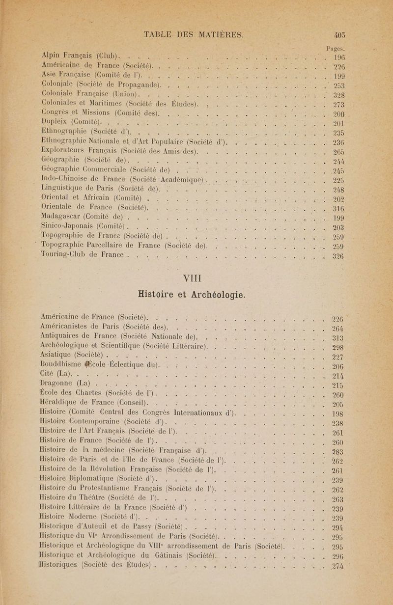 x & TABLE DES: MATIÈRES. Alpin Français (Club). Américaine de France (Société). , Asie Française (Comité de l'). é Colonjale (Société de Propagande). Coloniale Française (Union). Coloniales et Maritimes (Société Fe Éites). Congrès et Missions (Comité des), Dupleix (Comité). Ethnographie (Société d'), à Ethnographie Nationale et, d'Art Doi (Sosiété à). Explorateurs Français (Société des Amis des). Géographie (Société de). Géographie Commerciale (Société ‘a : Indo-Chinoise de Franee (Société : Académique) . Linguistique de Paris (Société de). Oriental et Africain (Comité) . Orientale de France (Société). Madagascar (Comité de) , Sinico-Japonais (Comité) . UE Topographie de France (Société de) . L 4 Touring-Club de France . VIII Américaine de France (Société). Américanistes de Paris (Société des). ï Antiquaires de France (Société Nationale de). Archéologique et Scientifique (Société Littéraire). Asiatique (Société) . ; Bouddhisme {École : Htctane du): Cité (La). PME et Dragonne (La) . DE LR École des Chartes (Société de l'). Héraldique de France (Conseil). Histoire (Comité Central des Congrès nous d'). Histoire Contemporaine (Société d’). Histoire de l'Art Français (Société de l’). Histoire de France (Société de l'). : Histoire de la médecine (Société Française d’). à Histoire de Paris et de l'Ile de France {Société de l’). Histoire de Ta Révolution Française (Société de l’). Histoire Diplomatique (Société d'). DRE Histoire du Protestantisme Français (Société de l’). Histoire du Théâtre (Société de l). ; Histoire Littéraire de la France (Société d’) . . . . . Histoire Moderne (Société d’). Historique d'Auteuil et de Passy (Société) . Historique du VI° Arrondissement de Paris (Société). . Historique et Archéologique du Gâtinais (Société). , 226 264 313 298 297 206 214 215 260 205 198 238 261 260 283 262 261 239 262 263 239 239 294 295 295 296 prT'e