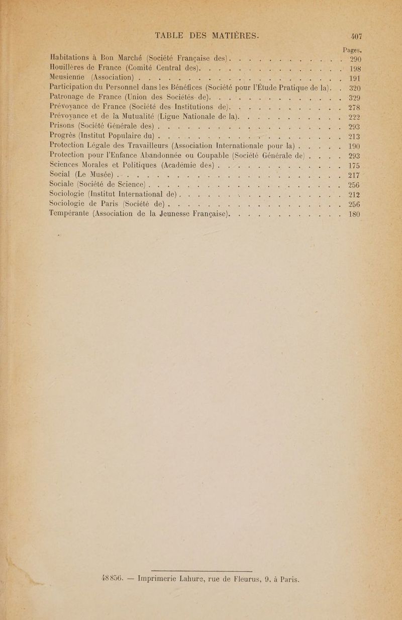 TABLE DES MATIÈRES. Habitations à Bon Marché (Société Française des). Houillères de France (Comité Central des). Meusienne (Association) . Patronage de France (Union des Sociétés de). Prévoyance de France (Société des Institutions de). Prévoyance et de la Mutualité (Ligue Nationale de la). Prisons (Société Générale des) . Progrès (Institut Populaire du) . : . Protection Légale des Travailleurs satin none pour PA ! Protection pour l'Enfance Abandonnée ou Coupable (Société Générale de) . Sciences Morales et Politiques (Académie des) . Social (Le Musée) . : Sociale (Société de Science) . à Sociologie (Institut International de). Sociologie de Paris {Société de). . Tempérante (Association de la Jeunesse A as 48896. — Imprimerie Lahure, rue de Fleurus, 9, à Paris. 407 Pages. 290 198 191 320 329 278 222 293 213 190 295 175 217 256 A1? 256 180