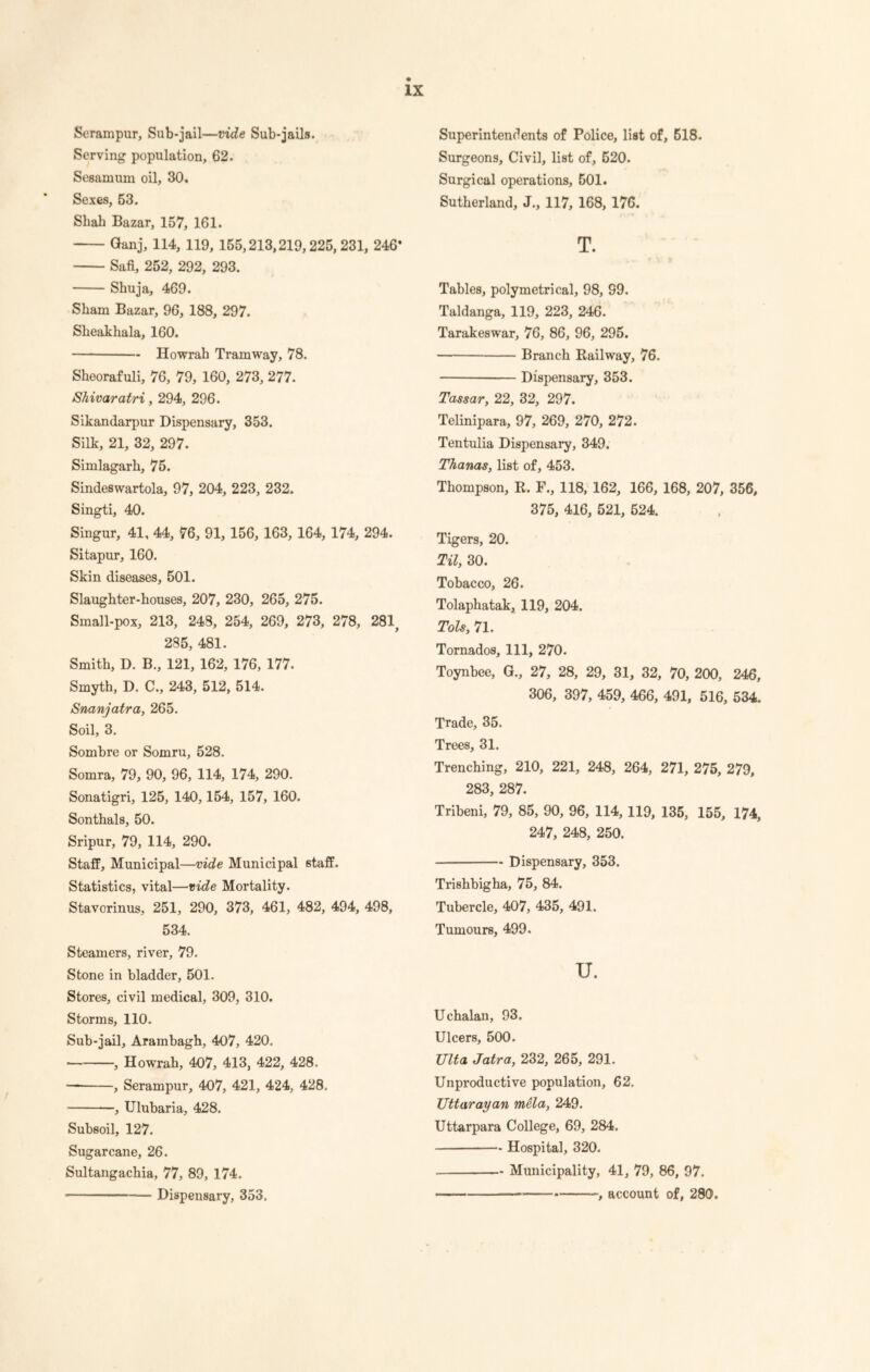 Serampur, Sub-jail—vide Sub-jails. Serving population, 62. Sesamum oil, 30. Sexes, 53. Shah Bazar, 157, 161. Ganj, 114, 119, 155,213,219,225, 231, 246* Safi, 252, 292, 293. Shuja, 469. Sham Bazar, 96, 188, 297. Sheakhala, 160. Howrah Tramway, 78. Sheorafuli, 76, 79, 160, 273, 277. Shivaratri, 294, 296. Sikandarpur Dispensary, 353. Silk, 21, 32, 297. Simlagarh, 75. Sindeswartola, 97, 204, 223, 232. Singti, 40. Singur, 41, 44, 76, 91, 156, 163, 164, 174, 294. Sitapur, 160. Skin diseases, 501. Slaughter-houses, 207, 230, 265, 275. Small-pox, 213, 248, 254, 269, 273, 278, 281, 285, 481. Smith, D. B., 121, 162, 176, 177. Smyth, D. C., 243, 512, 514. Snanjatra, 265. Soil, 3. Sombre or Somru, 528. Somra, 79, 90, 96, 114, 174, 290. Sonatigri, 125, 140,154, 157, 160. Sonthals, 50. Sripur, 79, 114, 290. Staff, Municipal—vide Municipal staff. Statistics, vital—vide Mortality. Stavorinus, 251, 290, 373, 461, 482, 494, 498, 534. Steamers, river, 79. Stone in bladder, 501. Stores, civil medical, 309, 310. Storms, 110. Sub-jail, Arambagh, 407, 420. , Howrah, 407, 413, 422, 428. , Serampur, 407, 421, 424, 428. , Ulubaria, 428. Subsoil, 127. Sugarcane, 26. Sultangachia, 77, 89, 174. ■— — Dispensary, 353. Superintendents of Police, list of, 518. Surgeons, Civil, list of, 520. Surgical operations, 501. Sutherland, J., 117, 168, 176. T. Tables, poly metrical, 98, 99. Taldanga, 119, 223, 246. Tarakeswar, 76, 86, 96, 295. Branch Railway, 76. Dispensary, 353. Tassar, 22, 32, 297. Telinipara, 97, 269, 270, 272. Tentulia Dispensary, 349. Thanas, list of, 453. Thompson, R. F., 118, 162, 166, 168, 207, 356, 375, 416, 521, 524. Tigers, 20. Til, 30. Tobacco, 26. Tolaphatak, 119, 204. Tols, 71. Tornados, 111, 270. Toynbee, G., 27, 28, 29, 31, 32, 70, 200, 246, 306, 397, 459, 466, 491, 516, 534. Trade, 35. Trees, 31. Trenching, 210, 221, 248, 264, 271, 275, 279, 283, 287. Tribeni, 79, 85, 90, 96, 114, 119, 135, 155, 174, 247, 248, 250. — Dispensary, 353. Trishbigha, 75, 84. Tubercle, 407, 435, 491. Tumours, 499. u. Uchalan, 93. Ulcers, 500. TJlta, Jatra, 232, 265, 291. Unproductive population, 62. Uttarayan mela, 249. Uttarpara College, 69, 284. Hospital, 320. Municipality, 41, 79, 86, 97. -— , account of, 280,