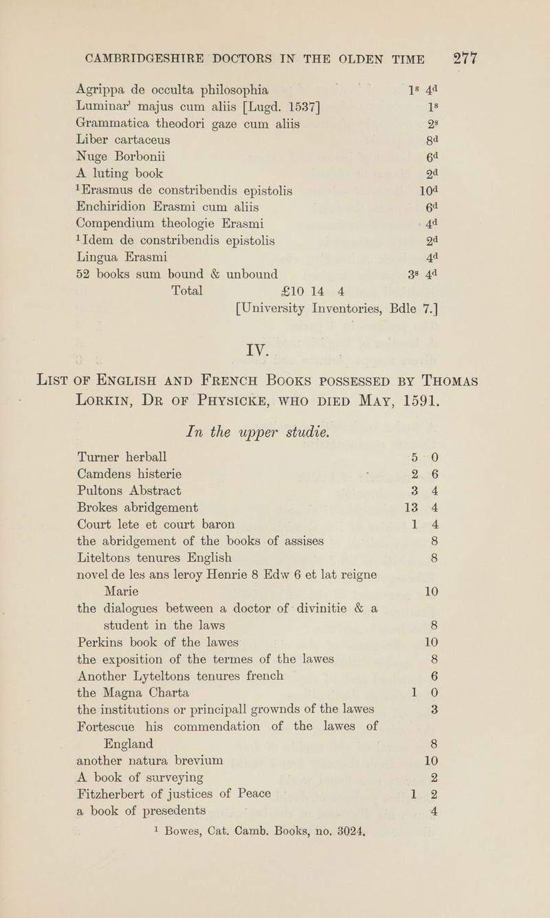 Agrippa de occulta philosophia put 18 44 Luminar majus cum aliis [Lugd. 1537] i Grammatica theodori gaze cum aliis 28 Liber cartaceus | 8d Nuge Borbonii 64 A luting book gd ‘Erasmus de constribendis epistolis 10¢ Enchiridion Erasmi cum aliis 64 Compendium theologie Erasmi 4a 1Tdem de constribendis epistolis 2a Lingua Erasmi 4a 52 books sum bound &amp; unbound 38 44 Total £10 14.4 [University Inventories, Bdle 7.] IV. LIST OF ENGLISH AND FRENCH BOOKS POSSESSED BY THOMAS LoRKIN, DR oF PHYSICKE, WHO DIED May, 1591. In the upper studie. Turner herball Camdens histerie Pultons Abstract Brokes abridgement 1 Court lete et court baron the abridgement of the books of assises Liteltons tenures English . novel de les ans leroy Henrie 8 Edw 6 et lat reigne Marie 10 the dialogues between a doctor of divinitie &amp; a student in the laws 8 Perkins book of the lawes 10 the exposition of the termes of the lawes 8 Another Lyteltons tenures french — 6 the Magna Charta L. #0 the institutions or principall grownds of the lawes 3 Fortescue his commendation of the lawes of me OO WH DO OK ao pF LD © England 8 another natura brevium 10 A book of surveying 2 Fitzherbert of justices of Peace ~ £49 a book of presedents 4 1 Bowes, Cat. Camb. Books, no, 3024,