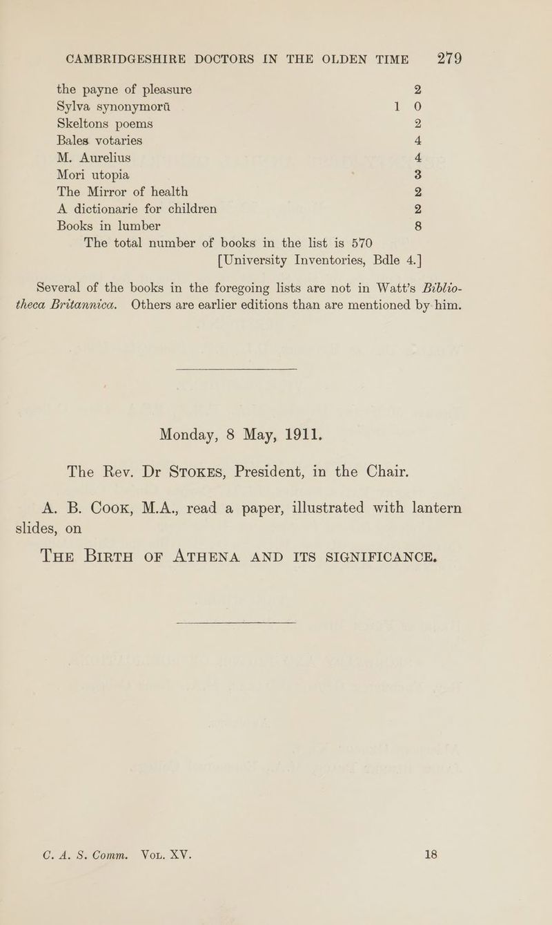 the payne of pleasure Sylva synonymorti 1 Skeltons poems Bales votaries M. Aurelius Mori utopia The Mirror of health A dictionarie for children Books in lumber The total number of books in the list is 570 [University Inventories, Bdle 4.] CnNnonnwr FWY COW Several of the books in the foregoing lists are not in Watt’s Brblio- theca Britannica. Others are earlier editions than are mentioned by: him. Monday, 8 May, 1911. The Rev. Dr SToKEs, President, in the Chair. A. B. Cook, M.A., read a paper, illustrated with lantern slides, on THE BrrtH oF ATHENA AND ITS SIGNIFICANCE. C. A. S. Comm. Vou. XV. 18