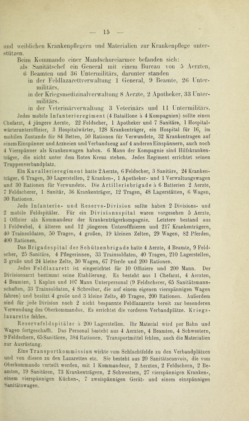 und weibliclu'ii lvi‘aiikenpnegcrn und Materialien zur Krankenpflege unter- t^tützen. Beim Kommando einer Mandsclmreiarmee befanden sicli: als Sanitätsclief ein General mit einem Bureau von 5 Aerzten, d Beamten und 3(1 Untermilitärs, darunter standen in der FeldlazarettverAvaltung 1 General, 9 Beamte, 26 Unter- militärs, in der Kriegsmedizinalverwaltung 8 Aerzte, 2 Apotheker, 33 Unter- militärs. in der Veterinärverwaltnng 3 Veterinärs und 11 Untermilitärs. Jedes mobile Infanterieregiment (4 Bataillone ä 4 Kompagnien) sollte einen Chefarzt, 4 jüngere Aerzte, 22 Feldscher, 1 Apotheker und 7 Sanitäre, 1 Hospital- wärterunteroffizier, 3 Hospitalwärter, 128 Krankenträger, ein Hospital für 16, im mobilen Zustande für 84 Betten, 50 Rationen für Verwundete, 32 Krankentragen auf einem Einspänner und Arzneien und Verbandzeug auf 4 anderen Einspännern, auch noch 4 Vierspänner als Krankenwagen haben. 6 Mann der Kompagnie sind Hilfskranken- träger, die nicht unter dem Roten Kreuz stehen. .Jedes Regiment errichtet seinen Truppenverbandplatz. Ein Kavallerieregiment hatte 2Aerzte, 6 Feldscher, 3 Sanitäre, 24 Kranken- träger, 6 Tragen, 30 Lagerstellen, 2 Kranken-, 1 Apotheker- und 1 Verwaltungswagen und 30 Rationen für Verwundete. Die Artilleriebrigade ä 6 Batterien 2 Aerzte, 7 Feldscherer, 1 Sanitär, 36 Krankenträger, 12 Tragen, 48 Lagerstätten, 6 Wagen, 30 Rationen. Jede Infanterie- und Reserve-Division sollte haben 2 Divisions- und 2 mobile Feldspitäler. Für ein Divisionsspital waren vorgesehen 5 Aerzte, 1 Offizier als Kommandeur der Krankenträgerkompagnie. Letztere bestand aus 1 Feldwebel, 4 älteren und 12 jüngeren Unterofffzieren und 217 Krankenträgern, 40 Trainsoldaten, 50 Tragen, 4 großen, 19 kleinen Zelten, 29 Wagen, 82 Pferden, 4(K) Rationen. Das Brigadespital der Schützenbrigade hatte 4 Aerzte, 4 Beamte, 9 Feld- scher, 25 Sanitäre, 4 Pflegerinnen, 33 Trainsoldaten, 40 Tragen, 210 Lagerstellen, 3 große und 24 kleine Zelte, 30 Wagen, 67 Pferde und 200 Rationen. Jedes Feldlazarett ist eingerichtet für 10 Offiziere und 200 Mann. Der Divisionsarzt bestimmt seine Etablierung. Es besteht aus 1 Chefarzt, 4 Aerzten, 4 Beamten, 1 Kaplan und 107 Mann Unterpersonal (9 Feldscherer, 65 Sanitätsmann- schafien, 33 Trainsoldaten, 4 Schreiber, die auf einem eigenen vierspännigen Wagen fahren) und besitzt 4 große und 3 kleine Zelte, 40 Tragen, 200 Rationen. Außerdem sind für jede Division noch 2 nicht bespannte Feldlazarette bereit zur besonderen \ erwendung des Oberkommandos. Es errichtet die vorderen Verbandplätze. Kriegs- lazarette fehlen. Reservefeldspitäler ä 200 Lagerstellen. Ihr Material wird per Bahn und Vagen fortgeschaft’t. Das Personal besteht aus 4 Aerzten, 4 Beamten, 4 Schwestern, 9 Feldschern, 65Sanitären, 384 Rationen. Transportmittel fehlen, auch die Materialien zur Ausrüstung. Eine Transportkommission wirkte vom Schlachtfelde zu den Verbandplätzen und von diesen zu den Lazaretten etc. Sie besteht aus 20 Sanitätsconvois, die vom Oberkommando verteilt werden, mit 1 Kommandeur, 2 Aerzten, 2 Feldschern, 2 Be- amten, 19 Sanitären, 73 Krankenträgern, 2 Schwestern, 27 vierspännigen Kranken-, einem vierspännigen Küchen-, 7 zweispännigen Gerät- und einem einspännigen Sanitätswagen.