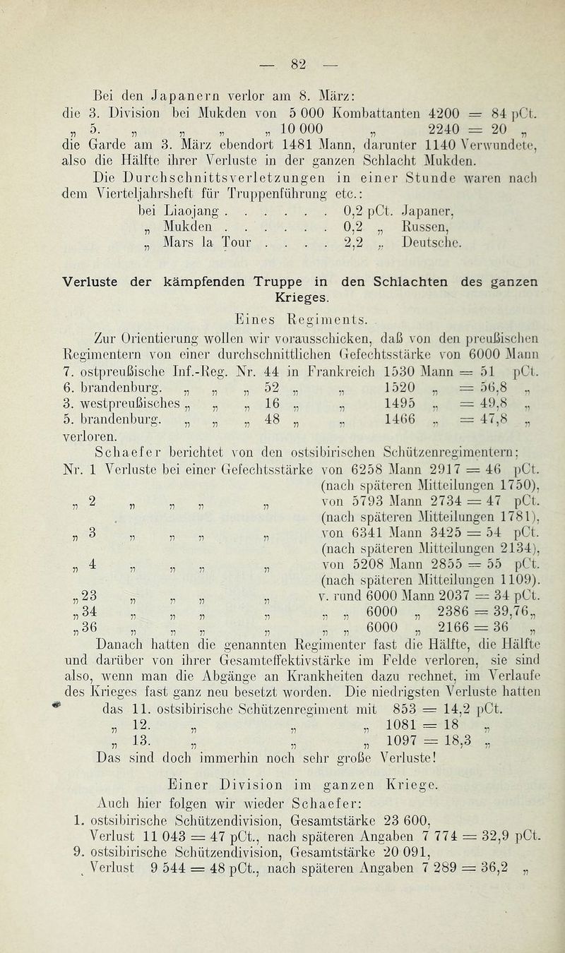 Bei den Japanern verlor am 8. März: die 3. Division bei Mukden von 5 000 Kombattanten 4200 = 84 ])Ct. „ 5. „ „ „ „ 10 000 „ 2240 = 20 , die Garde am 3. März ebendort 1481 Mann, darunter 1140 Verwundete, also die Hälfte ihrer Verluste in der ganzen Schlacht Mukden. Die Durchschnittsverletzungen in einer Stunde waren nach dem Vierteljahrsheft für Truppenführung etc.: bei Liaojang 0,2 pCt. Japaner, „ Mukden 0,2 „ Russen, „ Mars la Tour .... 2,2 ., Deutsclie. den Schlachten des ganzen Verluste der kämpfenden Truppe in Krieges. Eines Regiments. Zur Orientierung wollen wir vorausschicken, daß von den pj-eußischen Regimentern von einer durchsclmittliclien Gefechtsstärke von 6000 j\lann 7. ostpreußisclie Inf.-Reg. Nr. 44 in Fi’ankreich 1530 Mann = 51 pCl 6. brandenburg. „ „ V 52 11 11 1520 „ = 56.8 ,, 3. westpreußisches „ „ n 16 11 11 1495 = 49^8 5. brandenburg. „ „ 11 48 11 11 1466 = 47,8 V) verloren. Schaefer berichtet von den ostsibirischen Scliützenregimentern; Nr. 1 Verluste bei einer Gefechtsstärke von 6258 Mann 2917 = 46 pCt. (nacli späteren Mitteilungen 1750), „ 2 „ „ „ „ von 5793 Mann 2734 = 47 pCt. (nach späteren Mitteilungen 1781), „ 3 „ „ „ „ von 6341 Mann 3425 = 54 pCt. (nach späteren ]\litteilungen 2134), „ 4 „ „ „ „ von 5208 Mann 2855 = 55 pCt. (nach späteren Mitteilungen 1109). „ „ „ „ V. rund 6000 Mann 2037 — 34 pCt. „ „ „ „ „ „ 6000 „ 2386 = 39,76,, „ „ „ „ „ „ 6000 2166 = 36 23 34 36 Danach hatten die genannten Regimenter fast die Hälfte, die Hälfte und darüber von ihrer Gesamteffektivstärke im Felde verloren, sie sind also, wenn man die Abgänge an Krankheiten dazu rechnet, im Verlaufe des Krieges fast ganz neu besetzt worden. Die niedrigsten Verluste hatten das 11. ostsibirische Schützenregiment mit 853 = 14,2 pCt. „ 12. „ „ „ 1081 = 18 ,, 13. 1097 = 18,3 Das sind doch immerhin noch sehr große Verluste! Einer Division im ganzen Kriege. Auch hier folgen wir wieder Schaefer: 1. ostsibirische Schützendivision, Gesamtstärke 23 600, Verlust 11 043 — 47 pCt., nach späteren Angaben 7 774 = 32,9 pCt. 9. ostsibirische Schützendivision, Gesamtstärke 20 091, Verlust 9 544 = 48 pCt., nach späteren Angaben 7 289 = 36,2 if