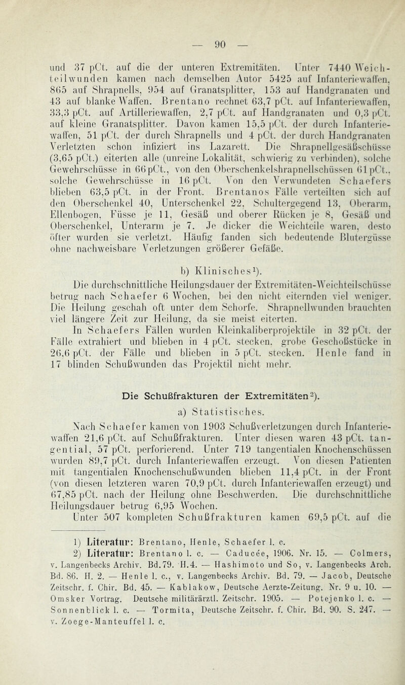 und 37 pGt. auf die der unteren Extremitäten. Unter 7440 Weicli- t eil wunden kamen nach demselben Autor 5425 auf Infanteriewalfen, 865 auf Shrapnells, 954 auf Granatsplitter, 153 auf Handgranaten und 43 auf blanke Waffen. Brentano rechnet 63,7 pCt. auf Infanteriewaffen, 33,3 pCt. auf Artilleriewaffen, 2,7 pCt. auf Handgranaten und 0,3 i)Ct. auf kleine Granatsplitter. Davon kamen 15,5 j)Ct. der durch Infanterie- waffen, 51 pCt. der durch Shrapnells und 4 pCt. der durch Handgranaten Verletzten schon infiziert ins Lazarett. Die Shrapnellgesäßschüsse (3,65 pCt.) eiterten alle (unreine Lokalität, schwierig zu verbinden), solche Gewehrschüsse in 66pCt., von den Oberschenkelshrapnellscliüssen 61pCt., solche Gewehrschüsse in 16 pCt. Von den Verwundeten Schaefers blieben 63,5 pCt. in der Front. Brentanos Fälle verteilten sich auf den Oberschenkel 40, Unterschenkel 22, Schultergegend 13, Oberarm, Ellenbogen, Füsse je 11, Gesäß und oberer Rücken je 8, Gesäß und Oberschenkel, Unterarm je 7. Je dicker die Weichteile waren, desto öfter wurden sie verletzt. Häufig fanden sich bedeutende Blutergüsse ohne nachweisbare Verletzungen größerer Gefäße. b) Klinisches^. Die durchschnittliche Heilnngsdauer der Extremitäten-Weichteilschüsse betrug nach Schaefer 6 Wochen, bei den niclit eiternden viel Aveniger. Die Heilung geschah oft unter dem Schorfe. ShrapnelLvunden braucliten viel längere Zeit zur Heilung, da sie meist eiterten. In Schaefers Fällen wurden Kleinkaliberprojektile in 32 pCt. der Fälle extrahiert und blieben in 4 pCt. stecken, grobe Geschoßstücke in 26,6 pCt. der Fälle und blieben in 5 pCt. stecken. Henle fand in 17 blinden SchußAvunden das Projektil nicJit mehr. Die Schußfrakturen der Extremitäten-). a) Statistisches. Nach Schaefer kamen von 1903 Schußverietzungen durch Infanterie- Avaffen 21,6 pCt. auf Schußfrakturen. Unter diesen waren 43 pCt. tan- gential, 57 pCt. perforierend. Unter 719 tangentialen Knochenschüssen Avurden 89,7 pCt. durch InfantericAvaffen erzeugt. Von diesen Patienten mit tangentialen KnochenschußAvunden blieben 11,4 pCt. in der Front (von diesen letzteren Avaren 70,9 pCt. durch Infanteriewaffen erzeugt) und 67,85 pCt. nach der Heilung ohne BescliAverden. Die durchschnittliche Heilungsdauer betrug 6,95 Wochen. Unter 507 kompleten Schußfrakturen kamen 69,5 pCt. auf die 1) Literatur: Brentano, Henle, Schaefer 1. c. 2) Literatur: Brentano 1. c. — Caducee, 1906. Nr. 15. — Colmers, V. Langenbecks Archiv. Bd.79. H.4. — Hashimoto und So, v. Langenbecks Arch. Bd. 86. H. 2. — Henle 1. c., v. Langenbecks Archiv. Bd. 79. — Jacob, Deutsche Zeitschr. f. Chir. Bd. 45. — Kablakow, Deutsche Aerzte-Zeitung. Nr. 9 u. 10. — Omsker Vortrag. Deutsche militärärztl. Zeitschr. 1905. — Potejenko 1. c. — Sonnenblick 1. c. — Tormita, Deutsche Zeitschr. f. Chir. Bd. 90. S. 247. — V. Zoege-Manteuffel 1. c.